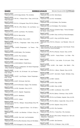 Miércoles 27 de julio de 2016 / El Peruano
594812 NORMAS LEGALES
Ruta N° LA-513
Trayectoria: Emp. LA-512 (Agua Santa) - Pta. Carretera.
Ruta N° LA-514
Trayectoria: Emp. PE-1N J - Filoque Chico - Emp. LA-512 (Dv.
Playa Cascajal).
Ruta N° LA-515
Trayectoria: Emp. PE-1N J - El Imperial - Emp. PE-1N J (Olmos).
Ruta N° LA-516
Trayectoria: Emp. PE-1N J (Pte. Olmos) - Dv. Las Norias - La
Maravilla.
Ruta N° LA-517
Trayectoria: Emp. LA-516 - Las Norias - Pta. Carretera.
Ruta N° LA-518
Trayectoria: Emp. PE-1N - Mina de Sal.
Ruta N° LA-519
Trayectoria: Emp. PE-1N J (Olos) - Emp. LA-521.
Ruta N° LA-520
Trayectoria: Emp. PE-1N J - Tongorrape - Vado - Emp. LA-100
(Dv. Marripon).
Ruta N° LA-521
Trayectoria: Emp. LA-520 (Tongorrape) - La Tranca - Pta.
Carretera.
Ruta N° LA-522
Trayectoria: Emp. LA-520 (Vado) - Pta. Carretera.
Ruta N° LA-523
Trayectoria: Emp. LA-519 - Pta. Carretera.
Ruta N° LA-524
Trayectoria: Emp. PE-1N J - Salitral - Sapotal.
Ruta N° LA-525
Trayectoria: Emp. LA-524 (Salitral) - Pueblo Nuevo.
Ruta N° LA-526
Trayectoria: Emp. PE-1N J - La Mojonera - Dv. Nuevo Tongorrape
- Emp. LA-520 (Dv. Tongorrape).
Ruta N° LA-527
Trayectoria: Emp. LA-100 - Dv. El Arrosal - Dv. Las Pampas -
Emp. LA-526.
Ruta N° LA-528
Trayectoria: Emp. LA-527 - Las Pampas - Nuevo Tongorrape -
Emp. LA-526.
Ruta N° LA-529
Trayectoria: Emp. LA-527 - El Arrozal - Alto Perú.
Ruta N° LA-530
Trayectoria: Emp. LA-101 (Parranal) - Caigua - Pta. Carretera.
Ruta N° LA-531
Trayectoria: Emp. LA-100 - Gonzales - Emp. LA-101.
Ruta N° LA-532
Trayectoria: Emp. LA-101 - Zapotal - Tayapampa.
Ruta N° LA-533
Trayectoria: Emp. LA-101 - Miraflores.
Ruta N° LA-534
Trayectoria: Emp. LA-101 - Llaque.
Ruta N° LA-535
Trayectoria: Emp. PE-1N J - Motupe - Escusa Baraja -Emp. PE-
1N J (El Lindero).
Ruta N° LA-536
Trayectoria: Emp. LA-535 - Laguna El Sarco - Dv. El Sarco -
Soplapuco.
Ruta N° LA-537
Trayectoria: Emp. LA-535 - Los Sánchez - El Sarco - Emp. LA-
536.
Ruta N° LA-538
Trayectoria: Emp. LA-535 - San José - Las Humedades.
Ruta N° LA-539
Trayectoria: Emp. PE-1N J (Pte. Chicoma) - Emp. LA-102 (Salas).
Ruta N° LA-540
Trayectoria: Emp. PE-1N (Angolo II) - Pta. Carretera.
Ruta N° LA-541
Trayectoria: Emp. LA-102 - Noria Nueva.
Ruta N° LA-542
Trayectoria: Emp. LA-102 - Humedades.
Ruta N° LA-543
Trayectoria: Emp. LA-102 (Salas) - Pta. Carretera.
Ruta N° LA-544
Trayectoria: Emp. LA-102 (Salas) - Pta. Carretera.
Ruta N° LA-570
Trayectoria: Emp. PE-1N J (Coloche Viejo) - Tranca Sonolape -
Pte. Sauce - Emp. LA-591.
Ruta N° LA-571
Trayectoria: Emp. LA-564 - Emp. LA-570 (La Tranca Sonolape).
Ruta N° LA-572
Trayectoria: Emp. LA-571 - Emp. LA-570 (Pte. Sauce).
Ruta N° LA-573
Trayectoria: Emp. PE-1N J (Pacora) - Los Tabuada - Emp. LA-
570.
Ruta N° LA-574
Trayectoria: Emp. PE-1N J (Pte. Machuca) - Cerro Escute - Poma
- Emp. LA-570 (La Tranca Sonolape).
Ruta N° LA-575
Trayectoria: Emp. PE-1N J (Pacora) - Escute - Emp. LA-574.
Ruta N° LA-576
Trayectoria: Emp. LA-574 - Huaca Rivera - La Cirilia - Pta.
Carretera.
Ruta N° LA-577
Trayectoria: Emp. PE-1N J - Las Juntas - Sr. de Luren - Emp.
LA-555.
Ruta N° LA-578
Trayectoria: Emp. LA-555 - Sta. Isabel - San Martín - Pta.
Carretera.
Ruta N° LA-579
Trayectoria: Emp. PE-1N J - (Illimo) - Tabacal - Emp. LA-105.
Ruta N° LA-580
Trayectoria: Emp. LA-577 - San Isidro - Puplan - Mimbela - Emp.
LA-105.
Ruta N° LA-581
Trayectoria: Emp. LA-582 - Coloche.
Ruta N° LA-582
Trayectoria: Emp. LA-579 - Emp. LA-580.
Ruta N° LA-583
Trayectoria: Emp. LA-580 - Emp. LA-580.
Ruta N° LA-584
Trayectoria: Emp. LA-580 - Los Bances - Emp. LA-579.
Ruta N° LA-585
Trayectoria: Emp. PE-1N J (Illimo) - Chirimoyo - Emp. LA-579.
Ruta N° LA-586
Trayectoria: Emp. PE-1N J (La Pintada) - Sapotal - Emp. LA-105.
Ruta N° LA-587
Trayectoria: Emp. PE-1N J (Illimo) - Culpon Alto - Emp. LA-103.
Ruta N° LA-588
Trayectoria: Emp. LA-103 - Sapame - Emp. LA-103.
Ruta N° LA-589
Trayectoria: Emp. LA-103 - Pta. Carretera.
Ruta N° LA-554
Trayectoria: Emp. PE-1N J - Puerto Rico - Pta. Carretera.
Ruta N° LA-555
Trayectoria: Emp. PE-1N J (Pte. Zurita) - Pampas Lino - San Luis
- Sequiones - Caracucho.
Ruta N° LA-556
Trayectoria: Emp. LA-555 - San Carranco.
Ruta N° LA-557
Trayectoria: Emp. PE-1N J - El Mirador - Emp. LA-555.
 