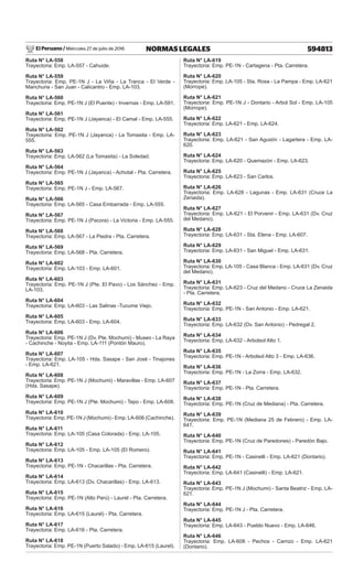 El Peruano / Miércoles 27 de julio de 2016 594813
NORMAS LEGALES
Ruta N° LA-558
Trayectoria: Emp. LA-557 - Cahuide.
Ruta N° LA-559
Trayectoria: Emp. PE-1N J - La Viña - La Tranca - El Verde -
Manchuria - San Juan - Calicantro - Emp. LA-103.
Ruta N° LA-560
Trayectoria: Emp. PE-1N J (El Puente) - Invernas - Emp. LA-591.
Ruta N° LA-561
Trayectoria: Emp. PE-1N J (Jayanca) - El Camal - Emp. LA-555.
Ruta N° LA-562
Trayectoria: Emp. PE-1N J (Jayanca) - La Tomasita - Emp. LA-
555.
Ruta N° LA-563
Trayectoria: Emp. LA-562 (La Tomasita) - La Soledad.
Ruta N° LA-564
Trayectoria: Emp. PE-1N J (Jayanca) - Achotal - Pta. Carretera.
Ruta N° LA-565
Trayectoria: Emp. PE-1N J - Emp. LA-567.
Ruta N° LA-566
Trayectoria: Emp. LA-565 - Casa Embarrada - Emp. LA-555.
Ruta N° LA-567
Trayectoria: Emp. PE-1N J (Pacora) - La Victoria - Emp. LA-555.
Ruta N° LA-568
Trayectoria: Emp. LA-567 - La Piedra - Pta. Carretera.
Ruta N° LA-569
Trayectoria: Emp. LA-568 - Pta. Carretera.
Ruta N° LA-602
Trayectoria: Emp. LA-103 - Emp. LA-601.
Ruta N° LA-603
Trayectoria: Emp. PE-1N J (Pte. El Pavo) - Los Sánchez - Emp.
LA-103.
Ruta N° LA-604
Trayectoria: Emp. LA-603 - Las Salinas -Tucume Viejo.
Ruta N° LA-605
Trayectoria: Emp. LA-603 - Emp. LA-604.
Ruta N° LA-606
Trayectoria: Emp. PE-1N J (Dv. Pte. Mochumi) - Museo - La Raya
- Cachinche - Noyita - Emp. LA-111 (Pontón Mauro).
Ruta N° LA-607
Trayectoria: Emp. LA-105 - Hda. Sasape - San José - Tinajones
- Emp. LA-621.
Ruta N° LA-608
Trayectoria: Emp. PE-1N J (Mochumi) - Maravillas - Emp. LA-607
(Hda. Sasape).
Ruta N° LA-609
Trayectoria: Emp. PE-1N J (Pte. Mochumi) - Tepo - Emp. LA-608.
Ruta N° LA-610
Trayectoria: Emp. PE-1N J (Mochumi) - Emp. LA-606 (Cachinche).
Ruta N° LA-611
Trayectoria: Emp. LA-105 (Casa Colorada) - Emp. LA-105.
Ruta N° LA-612
Trayectoria: Emp. LA-105 - Emp. LA-105 (El Romero).
Ruta N° LA-613
Trayectoria: Emp. PE-1N - Chacarillas - Pta. Carretera.
Ruta N° LA-614
Trayectoria: Emp. LA-613 (Dv. Chacarillas) - Emp. LA-613.
Ruta N° LA-615
Trayectoria: Emp. PE-1N (Alto Perú) - Laurel - Pta. Carretera.
Ruta N° LA-616
Trayectoria: Emp. LA-615 (Laurel) - Pta. Carretera.
Ruta N° LA-617
Trayectoria: Emp. LA-616 - Pta. Carretera.
Ruta N° LA-618
Trayectoria: Emp. PE-1N (Puerto Salado) - Emp. LA-615 (Laurel).
Ruta N° LA-619
Trayectoria: Emp. PE-1N - Cartagena - Pta. Carretera.
Ruta N° LA-620
Trayectoria: Emp. LA-105 - Sta. Rosa - La Pampa - Emp. LA-621
(Morrope).
Ruta N° LA-621
Trayectoria: Emp. PE-1N J - Dontario - Arbol Sol - Emp. LA-105
(Morrope).
Ruta N° LA-622
Trayectoria: Emp. LA-621 - Emp. LA-624.
Ruta N° LA-623
Trayectoria: Emp. LA-621 - San Agustín - Lagartera - Emp. LA-
620.
Ruta N° LA-624
Trayectoria: Emp. LA-620 - Quemazón - Emp. LA-623.
Ruta N° LA-625
Trayectoria: Emp. LA-623 - San Carlos.
Ruta N° LA-626
Trayectoria: Emp. LA-628 - Lagunas - Emp. LA-631 (Cruce La
Zenaida).
Ruta N° LA-627
Trayectoria: Emp. LA-621 - El Porvenir - Emp. LA-631 (Dv. Cruz
del Medano).
Ruta N° LA-628
Trayectoria: Emp. LA-631 - Sta. Elena - Emp. LA-607.
Ruta N° LA-629
Trayectoria: Emp. LA-631 - San Miguel - Emp. LA-631.
Ruta N° LA-630
Trayectoria: Emp. LA-105 - Casa Blanca - Emp. LA-631 (Dv. Cruz
del Medano).
Ruta N° LA-631
Trayectoria: Emp. LA-623 - Cruz del Medano - Cruce La Zenaida
- Pta. Carretera.
Ruta N° LA-632
Trayectoria: Emp. PE-1N - San Antonio - Emp. LA-621.
Ruta N° LA-633
Trayectoria: Emp. LA-632 (Dv. San Antonio) - Pedregal 2.
Ruta N° LA-634
Trayectoria: Emp. LA-632 - Arbolsol Alto 1.
Ruta N° LA-635
Trayectoria: Emp. PE-1N - Arbolsol Alto 3 - Emp. LA-636.
Ruta N° LA-636
Trayectoria: Emp. PE-1N - La Zorra - Emp. LA-632.
Ruta N° LA-637
Trayectoria: Emp. PE-1N - Pta. Carretera.
Ruta N° LA-638
Trayectoria: Emp. PE-1N (Cruz de Mediana) - Pta. Carretera.
Ruta N° LA-639
Trayectoria: Emp. PE-1N (Mediana 25 de Febrero) - Emp. LA-
641.
Ruta N° LA-640
Trayectoria: Emp. PE-1N (Cruz de Paredones) - Paredón Bajo.
Ruta N° LA-641
Trayectoria: Emp. PE-1N - Casinelli - Emp. LA-621 (Dontario).
Ruta N° LA-642
Trayectoria: Emp. LA-641 (Casinelli) - Emp. LA-621.
Ruta N° LA-643
Trayectoria: Emp. PE-1N J (Mochumi) - Santa Beatriz - Emp. LA-
621.
Ruta N° LA-644
Trayectoria: Emp. PE-1N J - Pta. Carretera.
Ruta N° LA-645
Trayectoria: Emp. LA-643 - Pueblo Nuevo - Emp. LA-646.
Ruta N° LA-646
Trayectoria: Emp. LA-608 - Pechos - Carrizo - Emp. LA-621
(Dontario).
 