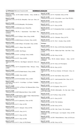 El Peruano / Miércoles 27 de julio de 2016 594815
NORMAS LEGALES
Ruta N° LA-597
Trayectoria: Emp. LA-103 (Batan Grande) - Emp. LA-594 (3
Puentes B).
Ruta N° LA-598
Trayectoria: Emp. LA-103 (Dv. Motupillo) - San Luis - Emp. LA-
597.
Ruta N° LA-599
Trayectoria: Emp. LA-103 (Motupillo) - Pta Carretera.
Ruta N° LA-600
Trayectoria: Emp. LA-598 (San Luis) - Rivera Río.
Ruta N° LA-601
Trayectoria: Emp. PE-1N J - Sacarrandia - Torro Motal - Pta.
Carretera.
Ruta N° LA-651
Trayectoria: Emp. LA-111 (Pitipo) - Sime - Emp. LA-606.
Ruta N° LA-652
Trayectoria: Emp. LA-650 (Huaca La Yovera) - Emp. LA-651.
Ruta N° LA-653
Trayectoria: Emp. LA-651 (Pitipo) - El Corralito - Emp. LA-652.
Ruta N° LA-654
Trayectoria: Emp. LA-111 - Otoya - Emp. LA-652.
Ruta N° LA-655
Trayectoria: Emp. LA-650 - San Roque.
Ruta N° LA-656
Trayectoria: Emp. LA-107 - Los Burga - Emp. LA-655.
Ruta N° LA-657
Trayectoria: Emp. LA-107 - Emp. LA-650.
Ruta N° LA-689
Trayectoria: Emp. PE-1N J - San Miguel - Quinta Ani - Emp. LA-
107.
Ruta N° LA-693
Trayectoria: Emp. LA-111 (Cooperativa Fala) - Mocupu - Emp.
LA-691.
Ruta N° LA-694
Trayectoria: Emp. LA-107 (Pueblo Nuevo) - Emp. LA-689.
Ruta N° LA-695
Trayectoria: Emp. LA-694 - Emp. LA-691.
Ruta N° LA-696
Trayectoria: Emp. LA-107 (Ferreñafe) - Emp. LA-691.
Ruta N° LA-697
Trayectoria: Emp. LA-111 - 4 de Mayo - La Pared - Falafalita -
Emp. LA-700.
Ruta N° LA-698
Trayectoria: Emp. LA-103 - La Pluma - Dv. Mesones Muro - Emp.
PE-06 A (Conchucos).
Ruta N° LA-699
Trayectoria: Emp. LA-697 (Mesones Muro) - Emp. LA-698.
Ruta N° LA-700
Trayectoria: Emp. LA-697 (Pitipo) - Botija - Paitar - Mesones Muro
- Keiko Sofia - Vichayal - Emp. LA-698.
Ruta N° LA-701
Trayectoria: Emp. LA-111 (Jabonero) - Emp. LA-700.
Ruta N° LA-702
Trayectoria: Emp. LA-111 - Emp. LA-700.
Ruta N° LA-703
Trayectoria: Emp. LA-111 - Serquen - Emp. LA-700.
Ruta N° LA-704
Trayectoria: Emp. LA-107 - Emp. LA-111.
Ruta N° LA-705
Trayectoria: Emp. LA-111 - Emp. LA-700.
Ruta N° LA-706
Trayectoria: Emp. LA-111 - Emp. LA-700.
Ruta N° LA-707
Trayectoria: Emp. LA-111 - Emp. LA-700 (Paitar).
Ruta N° LA-708
Trayectoria: Emp. LA-113 - Huanabal - Emp. LA-700.
Ruta N° LA-709
Trayectoria: Emp. LA-107 - (Ferreñafe) - Luya - Emp. PE-06 A.
Ruta N° LA-710
Trayectoria: Emp. LA-709 - Emp. LA-700.
Ruta N° LA-711
Trayectoria: Emp. LA-111 - Emp. LA-709.
Ruta N° LA-712
Trayectoria: Emp. LA-111 (Cooperativa Fala) - La Juanita - Emp.
LA-709.
Ruta N° LA-713
Trayectoria: Emp. LA-709 - Emp. LA-700.
Ruta N° LA-714
Trayectoria: Emp. LA-112 - Cahualca - Emp. LA-715.
Ruta N° LA-715
Trayectoria: Emp. LA-112 - Río 1 - Eureka - Emp. LA-691.
Chiclayo:
Ruta N° LA-673
Trayectoria: Emp. PE-1N - Emp. LA-672 (Hda. Santa María).
Ruta N° LA-674
Trayectoria: Emp. PE-1N - Molino San Felix - San Felix - Emp.
LA-109.
Ruta N° LA-675
Trayectoria: Emp. LA-109 - Emp. LA-109.
Ruta N° LA-676
Trayectoria: Emp. PE-1N (Simón Bolívar) - Emp. LA-721
(Chiclayo).
Ruta N° LA-719
Trayectoria: Emp. LA-110 - Emp. LA-718 (Culpon).
Ruta N° LA-720
Trayectoria: Emp. PE-1N - Emp. LA-721.
Ruta N° LA-721
Trayectoria: Emp. PE-1N (La Victoria) - El Porvenir - Emp. LA-
110.
Ruta N° LA-722
Trayectoria: Emp. LA-110 - San Carlos - Emp. LA-721.
Ruta N° LA-723
Trayectoria: Emp. LA-111 - José Leonardo Ortiz - Emp. LA-111.
Ruta N° LA-724
Trayectoria: Emp. LA-112 - Emp. LA-111.
Ruta N° LA-725
Trayectoria: Emp. LA-112 (Capote) - Emp. LA-111.
Ruta N° LA-726
Trayectoria: Emp. PE-06 A (Morropillo) - Dv. San José - Emp.
LA-111 (Dv. Picsi).
Ruta N° LA-727
Trayectoria: Emp. LA-111 (Picsi) - Emp. LA-726.
Ruta N° LA-728
Trayectoria: Emp. LA-111 - Emp. LA-727.
Ruta N° LA-729
Trayectoria: Emp. LA-728 - Pta. Carretera.
Ruta N° LA-730
Trayectoria: Emp. LA-729 - Emp. LA-731.
Ruta N° LA-731
Trayectoria: Emp. LA-726 - Hda. Tuman - Pta. Carretera.
Ruta N° LA-732
Trayectoria: Emp. LA-709 (Luya) - Los Cojuzol - Emp. LA-700
(Vichayal).
Ruta N° LA-733
Trayectoria: Emp. LA-709 - Planta Eléctrica - Emp. LA-732 (Los
Cojuzol).
Ruta N° LA-734
Trayectoria: Emp. LA-709 - Emp. LA-733.
 