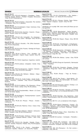 Miércoles 27 de julio de 2016 / El Peruano
594654 NORMAS LEGALES
Ruta N° PU-111
Trayectoria: Emp. PE-34 B (Azángaro) – Pinquillane – Tintire -
Condoriri - Soquia - Muñani - - Picotani - Putupata - Moroccarca
- Emp. PE-34 H (Quiscupunco).
Ruta N° PU-112
Trayectoria: Emp. PE-34 H (Putina) - Lloquecolla - Pte. Cambria
- Viscapujuni - Emp. PU-111 (Muñani).
Ruta N° PU-113
Trayectoria: Emp. PU-113 (Azángaro) - Arapa - Caminaca - Emp.
PE-34 H (Pte. Independencia).
Ruta N° PU-114
Trayectoria: Emp. PE-34 H (Dv. Huancho) - Huancho - Chupa –
Inpuchi - Rucanu - Emp. PU-113 (Arapa).
Ruta Nº PU-115
Trayectoria: Emp. PE-34 H (Dv. Inchupalla) - Dv. Janansaya -
Inchupalla – Paccha – Pte. Cutuni – Munaypa - Emp. PE-34 H
(Huatasani).
Ruta Nº PU-116
Trayectoria: Emp. PE-34 H (Accollo) – Pte. S/Río Huancane -
Emp. PE-34 I (Huancané).
Ruta N° PU-117
Trayectoria: Emp. PE-3S H (Est. Pucará) - Santiago de Pupuja -
Emp. PE-34 B (Dv. Pucará).
Ruta N° PU-118
Trayectoria: Emp. PE-34 H (Taraco) - Pusi – Escallani - Dv.
Capachica - Coata Ajrani – Yapura - Huata – Llachón - Emp. PE-
3S (Dv. Huata).
Ruta N° PU-119
Trayectoria: Emp. PU-118 (Dv. Capachica) - Capachica - Llachón.
Ruta Nº PU-120
Trayectoria: Emp. PE-3S (Juliaca) - Umpapata – Carata - Emp.
PU-118 (Coata).
Ruta N° PU-121
Trayectoria: Emp. PE-34 A (Arcopunco) - Cabana - Cahuaria –
Llungo - Atuncolla - Emp. PE-3S (Dv. Atuncolla).
Ruta Nº PU-122
Trayectoria: Emp. PE-34 A (Dv. Mañazo) - Mañazo - Vilque -
Tiquillaca - Emp. PE-3S (Puno).
Ruta Nº PU-123
Trayectoria: Emp. PE-3S (Dv. Quello Quello) - Quello Quello -
Lampa - Pichincha - Cabanilla - Emp. PE-34 A (Cabanillas/
Deustua).
Ruta Nº PU-124
Trayectoria: Emp. PE-3S G (Llallinyo) - Pte. Vilcamarca – Chivay
- Vilavila - Palca - Rivera - Lampa - Emp. PE-3S (Juliaca).
Ruta Nº PU-125
Trayectoria: Emp. PE-3S (Chuquibambilla) - - Macari - L.D. Cusco
(CU-125 de Hector Tejada).
Ruta Nº PU-126
Trayectoria: Emp. PE-3S (Plateria) – Tacasayonipampa - Luquina
Grande - Perca - Emp. PU-126.
Ruta Nº PU-127
Trayectoria: Emp. PE-3S (Dv. Pilcuyo) - Pilcuyo – Accaso -
Cachipucara.
Ruta Nº PU-128
Trayectoria: Emp. PE-38 A (Dv. Palermo) - Churu – Casca - Emp.
PU-129 (Palermo).
Ruta Nº PU-129
Trayectoria: Emp. PE-3S (Dv. Palermo) - Palermo - Uchusuma -
Piñuta - Lacalaca - Emp. PE-36 A (Pichupichuni).
Ruta N° PU-130
Trayectoria: Emp. PE-3S (Pomata) - Charhuyo - Camuna - Acero
Patjata - Yunguyo - Copapujo Calacoto - Copani - - Isani - Emp.
PE-3S (Zepita).
Ruta N° PU-131
Trayectoria: Emp. PE-36 A (Dv. Vilacalla) - Vilacalla - Poque –
Totoroma - Amotire - Pisacoma - Palcate - Emp. PE-38 (Capazo).
Ruta Nº PU-132
Trayectoria: Emp. PE-36 A (Dv. Covire) - Azancallane -
Cachicucho - Quiullire – Hilacota – L.D. Tacna (Pte. Tacjata)
Ruta Nº PU-133
Trayectoria: Emp. PU-132 (Cachichucho) – Pte. Quilluire –
Maquicentro Quilluire - L.D. Tacna (TA-103 a Arañane).
Ruta Nº PU-136
Trayectoria: Emp. PE-34 A - Phinaya - Orduña - Togra - Parina -
Presa - Saguani - Chapioco – Ocuviri – Emp. PU-124
SAN MARTIN:
Identificado con el prefijo “SM”, tiene veinte (20) Rutas que son
las siguientes:
Ruta Nº SM-100
Trayectoria: Emp. PE-5N (Moyobamba) - Baños Termales -
Shuscshuyaco - Jepelacio - Barranquita - Nvo. San Miguel - Dv.
Roque - Incaico - Nvo. Pucacaca - San Martín - Shatoja - Emp.
SM-102 (San José de Sisa).
Ruta Nº SM-101
Trayectoria: Emp. PE-5N (Dv. Roque) - Roque - Emp. SM-100
(Nvo. Pucacaca).
Ruta Nº SM-102
Trayectoria: Emp. PE-5N (Dv. Cuñumbuque) - Cuñumbuque -
San José de Sisa - Agua Blanca - San Pablo - Emp. PE-5N (Dv.
Bellavista).
Ruta Nº SM-103
Trayectoria: Emp. PE-5N (Sacanche) - El Eslabón - Piscoyacu
– Dv. Saposoa - El Dorado – Agua Azul – Santa Rosa – La
Primavera – Nuevo Sacanche – José Olaya – Los Claveles –
Nuevo Huánuco – Emp. PE – 5N.
Ruta Nº SM-104
Trayectoria: Emp. PE-5N (Pte. Bolivia) - Lamas - Emp. PE-5N
(Dv. Lamas)
Ruta Nº SM-105
Trayectoria: Emp. PE-5N B (Pongo de Caynarachi) - Barranquita
- Pelejo - Papaplaya.
Ruta Nº SM-106
Trayectoria: Emp. PE-5N (Pte. Colombia) - Shapaja - Chazuta
- Achinamiza - Pongo Isla - Yarina - Emp. SM-105 (Nuevo San
Juan).
Ruta Nº SM-107
Trayectoria: Emp. PE-5N (Picota) - Tingo de Ponasa -
Shamboyacu.
Ruta Nº SM-108
Trayectoria: Emp. SM-107 (Pte. Picota) -– Santa Martha – Dv.
Santa Rosa de Bombonajillo – Pte. Bombonajillo - Dv. Control -
Nvo. Lima – Dv. Cuzco - Barranca.
Ruta Nº SM-109
Trayectoria: Emp. PE-10 B (Huicungo) - Achiras - Chiclayo - L.D.
La Libertad (Abra Ventanas, LI-124 a Chillia).
Ruta N° SM-110
Trayectoria: Emp. PE-5N (Dv. Yacusisa) - Yacusisa - Las Palmas
- Calabaza - Tambo de Paja - L.D. La Libertad (Alto Marco, LI-130
a Multambo).
Ruta Nº SM-111
Trayectoria: Emp. PE-5N (Tocache) - Nva. Esperanza - Jorge
Chávez - Palma de Espino - Emp. PE-12 A (Dv. Palma de Espino).
Ruta Nº SM-112
Trayectoria: Emp. SM-110 - L.D. La Libertad (LI-129 a Ongón).
Ruta N° SM-113
Trayectoria: Emp. PE-5N (Nueva Cajamarca) - Ucrania – Dv.
Yuracyacu – Yuracyacu - Valle de la Conquista - Pueblo Libre
- Ciro Alegría - Buenos Aires - La Florida - Pasamayo - Yantalo -
Emp. PE-5N (Moyobamba).
Ruta N° SM-114
Trayectoria: Emp. PE-5N (Dv. Rioja) - Posic - Santa Elena - Dv.
Tambo – Emp. SM-113 (Dv. Yuracyacu).
Ruta Nº SM-115.
Trayectoria: Emp.SM-104 (Lamas) – Cochapata – Pamashto –
Bellavista.
Ruta N° SM-116
Trayectoria: Emp. PE-5N (Pte. Cumbaza) - San Pedro de
Cumbaza – Dv. San Antonio de Cumbaza - San Roque de
Cumbaza - Chunchihui - Urcopata - Emp. SM-115 (Dv. Urcopata).
Ruta Nº SM-117.
Trayectoria: Emp. SM -103 (Piscoyacu) – Dv. San Lorenzo –
Shapumba – Emp. SM-103.
 