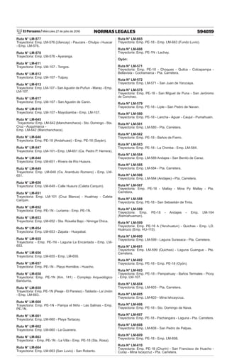 El Peruano / Miércoles 27 de julio de 2016 594819
NORMAS LEGALES
Ruta N° LM-577
Trayectoria: Emp. LM-576 (Ulancay) - Paucara - Chulpa - Huacar
- Emp. LM-576.
Ruta N° LM-578
Trayectoria: Emp. LM-576 - Ayaranga.
Ruta N° LM-611
Trayectoria: Emp. LM-107 - Tongos.
Ruta N° LM-612
Trayectoria: Emp. LM-107 - Tulpay.
Ruta N° LM-613
Trayectoria: Emp. LM-107 - San Agustin de Puñun - Maray - Emp.
LM-107.
Ruta N° LM-617
Trayectoria: Emp. LM-107 - San Agustin de Canin.
Ruta N° LM-619
Trayectoria: Emp. LM-107 - Mayobamba - Emp. LM-107.
Ruta N° LM-645
Trayectoria: Emp. LM-642 (Manchanchaca) - Sto. Domingo - Sta.
Cruz - Auquimarca -
Emp. LM-642 (Manchanchaca).
Ruta N° LM-646
Trayectoria: Emp. PE-18 (Andahuasi) - Emp. PE-18 (Sayán).
Ruta N° LM-647
Trayectoria: Emp. LM-101 - Emp. LM-651 (Ca. Pedro P. Herrera).
Ruta N° LM-648
Trayectoria: Emp. LM-651 - Rivera de Río Huaura.
Ruta N° LM-649
Trayectoria: Emp. LM-648 (Ca. Arambulo Romero) - Emp. LM-
651.
Ruta N° LM-650
Trayectoria: Emp. LM-649 - Calle Huaura (Caleta Carquin).
Ruta N° LM-651
Trayectoria: Emp. LM-101 (Cruz Blanca) - Hualmay - Caleta
Carquin.
Ruta N° LM-652
Trayectoria: Emp. PE-1N - Luriama - Emp. PE-1N.
Ruta N° LM-653
Trayectoria: Emp. LM-652 - Sta. Rosalia Bajo - Nininga Chica.
Ruta N° LM-654
Trayectoria: Emp. LM-653 - Zapata - Huayabal.
Ruta N° LM-655
Trayectoria: - Emp. PE-1N - Laguna La Encantada - Emp. LM-
653.
Ruta N° LM-656
Trayectoria: Emp. LM-655 - Emp. LM-659.
Ruta N° LM-657
Trayectoria: Emp. PE-1N - Playa Hornillos - Huacho.
Ruta N° LM-658
Trayectoria: Emp. PE-1N (Km. 141) - Complejo Arqueológico
Bandurria.
Ruta N° LM-659
Trayectoria: Emp. PE-1N (Peaje - El Paraiso) - Tablada - La Unión
- Emp. LM-663.
Ruta N° LM-660
Trayectoria: Emp. PE-1N - Pampa el Niño - Las Salinas - Emp.
PE-1N.
Ruta N° LM-661
Trayectoria: Emp. LM-660 - Playa Tartacay.
Ruta N° LM-662
Trayectoria: Emp. LM-660 - La Guanera.
Ruta N° LM-663
Trayectoria: - Emp. PE-1N - La Villa - Emp. PE-18 (Sta. Rosa).
Ruta N° LM-664
Trayectoria: Emp. LM-663 (San Luvio) - San Roberto.
Ruta N° LM-665
Trayectoria: Emp. PE-18 - Emp. LM-663 (Fundo Luvio).
Ruta N° LM-666
Trayectoria: Emp. PE-1N - Lachay.
Oyón:
Ruta N° LM-571
Trayectoria: Emp. PE-18 - Choques - Quilca - Colcapampa -
Bellavista - Cochamarca - Pta. Carretera.
Ruta N° LM-572
Trayectoria: Emp. LM-571 - San Juan de Yarucaya.
Ruta N° LM-575
Trayectoria: Emp. PE-18 - San Miguel de Puna - San Jerónimo
de Conchao.
Ruta N° LM-579
Trayectoria: Emp. PE-18 - Liple - San Pedro de Navan.
Ruta N° LM-580
Trayectoria: Emp. PE-18 - Lancha - Aguar - Caujul - Pumahuain.
Ruta N° LM-581
Trayectoria: Emp. LM-580 - Pta. Carretera.
Ruta N° LM-582
Trayectoria: Emp. PE-18 - Baños de Fierro.
Ruta N° LM-583
Trayectoria: Emp. PE-18 - La Chimba - Emp. LM-584.
Ruta N° LM-584
Trayectoria: Emp. LM-589 Andajes - San Benito de Caraz.
Ruta N° LM-585
Trayectoria: Emp. LM-584 - Pta. Carretera.
Ruta N° LM-586
Trayectoria: Emp. LM-584 (Andajes) - Pta. Carretera.
Ruta N° LM-587
Trayectoria: Emp. PE-18 - Mallay - Mina Py Mallay - Pta.
Carretera.
Ruta N° LM-588
Trayectoria: Emp. PE-18 - San Sebastián de Tinta.
Ruta N° LM-589
Trayectoria: Emp. PE-18 - Andajes - Emp. LM-104
(Namiahuaman).
Ruta N° LM-599
Trayectoria: Emp. PE-16 A (Yeruhuatun) - Quichas - Emp. LD.
Huánuco (Emp. HU-110).
Ruta N° LM-600
Trayectoria: Emp. LM-599 - Laguna Surasaca - Pta. Carretera.
Ruta N° LM-601
Trayectoria: Emp. LM-599 (Quichas) - Laguna Guengue - Pta.
Carretera.
Ruta N° LM-602
Trayectoria: Emp. PE-18 - Emp. PE-18 (Oyón).
Ruta N° LM-603
Trayectoria: Emp. PE-18 - Pampahuay - Baños Termales - Picoy
- Emp. LM-107.
Ruta N° LM-604
Trayectoria: Emp. LM-603 - Pta. Carretera.
Ruta N° LM-605
Trayectoria: Emp. LM-603 - Mina Ishcaycruz.
Ruta N° LM-606
Trayectoria: Emp. PE-18 - Sto. Domingo de Nava.
Ruta N° LM-607
Trayectoria: Emp. PE-18 - Pachangara - Laguna - Pta. Carretera.
Ruta N° LM-608
Trayectoria: Emp. LM-608 - San Pedro de Palpas.
Ruta N° LM-609
Trayectoria: Emp. PE-18 - Emp. LM-608.
Ruta N° LM-610
Trayectoria: Emp. PE-18 (Churin) - San Francisco de Huacho -
Curay - Mina Iscaycruz - Pta. Carretera.
 