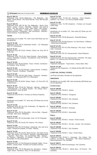 El Peruano / Miércoles 27 de julio de 2016 594655
NORMAS LEGALES
Ruta N° SM-118
Trayectoria: Emp. PE-5N (Bellavista) – Pte. Bellavista – San
Benito - Nuevo Mundo - Pte. Nuevo Mundo - Emp. SM-108 (San
Francisco).
Ruta N° SM-119
Trayectoria: Emp. SM-118 (Dv. Pte. Bellavista) - Sector Cerro
Blanco - Ledoy - Víveres – Mendieta - Pajarillo - San José de
Juñao - Pte. San José de Juñao - Bajo Juñao - Dos Unidos -
Retama - Huancamayo - Costa Rica - Capirona - Soledad -
Pampa Hermoza - Pacasmayo - Alto Cuñumbuza - Shansho -
Centro América - Puerto Bermúdez.
TACNA:
Identificada con el prefijo “TA”, tiene nueve (09) Rutas que son
las siguientes:
Ruta Nº TA-100
Trayectoria: Emp. PE-1S (Quebrada Honda) - L.D. Moquegua
(MO-107 a Moquegua).
Ruta Nº TA-101
Trayectoria: Emp. PE-1S (Dv. Chilcal) - Chilcal - Ite - Emp. PE-1S
D (Dv. Ite).
Ruta N° TA-102
Trayectoria: Emp. PE-1S (Dv. Sama Grande) - Sama Grande -
Coruca - Sambalay - Coropuro - Chucatamani - Emp. PE-38 (Dv.
Chucatamani).
Ruta N° TA-103
Trayectoria: Emp. PE-38 (Tarata) - Ticaco - Aricota - Candarave -
Dv. Arañane - Emp. PE-36 A.
Ruta Nº TA-104
Trayectoria: Emp. TA-103 (Aricota) - Laguna Aricota - Curibaya -
Totoral - Poquera - Chulibaya - Ticapampa.
Ruta Nº TA-105
Trayectoria: Emp. PE-36 A (Sta. Rosa) - Huaycuta - Tacalaya -
Hiratala - L.D. Moquegua (MO-107 a Moquegua).
Ruta Nº TA-106
Trayectoria: Emp. PE-38 (Dv. Totoja) - Tojota - L.D. Puno (PU-132
a Cachicucho).
Ruta N° TA-107
Trayectoria: Emp. PE-38 (Dv. Mamuta) - Mamuta - Kallapoma
- Aichutagrande – Dv. Chiluyo Grande – Dv. Chiluyo Chico -
Chachacomani - Emp. PE-40 A
Ruta N° TA-108
Trayectoria: Emp PE-40 A - Frontera con Bolivia (Tripartito).
TUMBES:
Identificado con el prefijo “TU”, tiene diez (10) Rutas que son las
siguientes:
Ruta Nº TU-100
Trayectoria: Emp. PE-1N O (Dv. El Bendito) - Dv. Algarrobo - El
Bendito - Playa El Bendito.
Ruta N° TU-101
Trayectoria: Emp. PE-1N (Zarumilla) - Uña de Gato - Papayal -
Lechugal - Qda. Seca - Matapalos.
Ruta N° TU-102
Trayectoria: Emp. PE-1N (Zarumilla) - Emp. TU-101 (Papayal).
Ruta Nº TU-103
Trayectoria: Emp. PE-1N (Dv. Pto. Pizarro) - Pto. Pizarro.
Ruta N° TU-104
Trayectoria: Emp. PE-1N (Tumbes) - Garbanzal - San Juan de la
Virgen - Pampas de Hospital - El Prado - Naranjo.
Ruta N° TU-105
Trayectoria: Emp. PE-1N (Pte. Mayor Novoa) - San Pedro de los
Incas - San Jacinto - Pte. Francos - Vaqueria - Casa Blanqueada
- Higuerón - Rica Playa - Dv. Comandante Villar - Bocana -
Dv. Huasimo - Cañaveral - El Cienego - Papayal - L.D. Piura
(Fernández, PI-105 a Atascadero).
Ruta N° TU-106
Trayectoria: Emp. TU-104 (Pampas de Hospital) - Belén - Cruce -
Mirador - Campo Verde - Frontera con Ecuador (Cotrina).
Ruta N° TU-107
Trayectoria: Emp. PE-1N (Bocapan) Dv. Hervideros - Suárez -
Trigal - Averia - Tamarindo - Emp. TU-105 (Bocana).
Ruta Nº TU-108
Trayectoria: Emp. TU-105 (Dv. Huásimo) - Cerro Pasayito -
Huásimo – Dv. Cusco - L.D. Piura (a Capitán Hoyle).
Ruta Nº TU-109
Trayectoria: Emp. TU-108 (Huásimo) - Frontera con Ecuador
(Cabo Inga).
UCAYALI:
Identificado con el prefijo “UC”, tiene siete (07) Rutas que son
las siguientes:
Ruta N° UC-100
Trayectoria: Emp. PE-5N (Boquerón) - Shambillo Mestizo.
Ruta N° UC-101
Trayectoria: Emp. PE-5N (Huipoca) – Dv. San Antonio - El Blanco
- Santa Rosa de Aguaytia.
Ruta Nº UC-102
Trayectoria: Emp. PE-18 C (Pte. Neshuya) – Pte. Uruya – Pueblo
Libre - Curimana.
Ruta N° UC-103
Trayectoria: Emp. PE-18 C (Campoverde) - Nueva Requena.
Ruta Nº UC-104
Trayectoria: Emp. PE-18 C (Campoverde) – Pimentel – Pte. Agua
Blanca - L.D. Huanuco (HU-104 a Tournavista).
Ruta N° UC-105
Trayectoria: Bolognesi – Tupac Amaru – Nuevo Italia - Breu.
Ruta N° UC-106
Trayectoria: Pto. Esperanza - L.D. Madre de Dios (MD-104 a San
Martín).
3) RED VIAL VECINAL O RURAL
Las Rutas Vecinales o Rurales son las siguientes:
AMAZONAS:
Identificado con el prefijo “AM", tiene doscientas (200) Rutas que
son las siguientes:
Condorcanqui:
Ruta N° AM-500
Trayectoria: Emp. PE-5N D - Hebrón
Ruta N° AM-501
Trayectoria: Emp. PE-5N D - Chingamar.
Ruta N° AM-502
Trayectoria: Emp. PE-5N D - Pta. Carretera.
Ruta N° AM-503
Trayectoria: Emp. PE-5N D - Pta. Carretera.
Ruta N° AM-504
Trayectoria: Emp. PE-5N D - Chiangos
Ruta N° AM-505
Trayectoria: Emp. PE-5N C - Kusumatak
Bagua:
Ruta N° AM-506
Trayectoria: Emp. PE-5N C - Imacita - Puerto Imacita.
Ruta N° AM-507
Trayectoria: Emp. PE-5N C - Tec Sec - Umukai - Pta. Carretera.
Ruta N° AM-508
Trayectoria: Emp. PE-5N C - Pta. Carretera.
Ruta N° AM-509
Trayectoria: Emp. PE-5N C - Inayo - Puerto Pakuy.
Ruta N° AM-510
Trayectoria: Emp. PE-5N C - Aramango - Pte. Cotrina - Pte.
Fujimori - El Cedrón - Numparque - Pte. Nueva Esperanza -
Nueva Esperanza - Pta. Carretera.
Ruta N° AM-511
Trayectoria: Emp. AM-510 (Aramango) - Pta. Carretera.
Ruta N° AM-512
Trayectoria: Emp. PE-5N C - Monte Seco - El Porvenir - Pta.
Carretera.
 