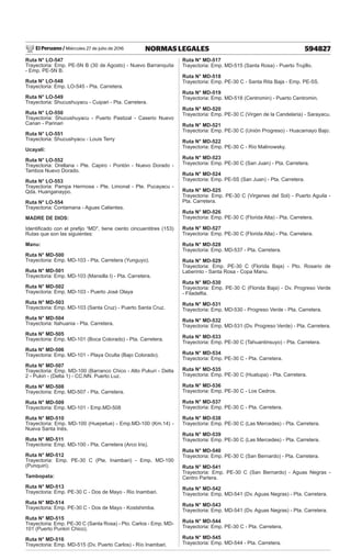 El Peruano / Miércoles 27 de julio de 2016 594827
NORMAS LEGALES
Ruta N° LO-547
Trayectoria: Emp. PE-5N B (30 de Agosto) - Nuevo Barranquita
- Emp. PE-5N B.
Ruta N° LO-548
Trayectoria: Emp. LO-545 - Pta. Carretera.
Ruta N° LO-549
Trayectoria: Shucushuyacu - Cuipari - Pta. Carretera.
Ruta N° LO-550
Trayectoria: Shucushuyacu - Puerto Pastizal - Caserio Nuevo
Canan - Parinari
Ruta N° LO-551
Trayectoria: Shucushyacu - Louis Terry
Ucayali:
Ruta N° LO-552
Trayectoria: Orellana - Pte. Capiro - Pontón - Nuevo Dorado -
Tambos Nuevo Dorado.
Ruta N° LO-553
Trayectoria: Pampa Hermosa - Pte. Limonal - Pte. Pucayacu -
Qda. Huanganaypo.
Ruta N° LO-554
Trayectoria: Contamana - Aguas Calientes.
MADRE DE DIOS:
Identificado con el prefijo “MD", tiene ciento cincuentitres (153)
Rutas que son las siguientes:
Manu:
Ruta N° MD-500
Trayectoria: Emp. MD-103 - Pta. Carretera (Yunguyo).
Ruta N° MD-501
Trayectoria: Emp. MD-103 (Mansilla I) - Pta. Carretera.
Ruta N° MD-502
Trayectoria: Emp. MD-103 - Puerto José Olaya
Ruta N° MD-503
Trayectoria: Emp. MD-103 (Santa Cruz) - Puerto Santa Cruz.
Ruta N° MD-504
Trayectoria: Itahuania - Pta. Carretera.
Ruta N° MD-505
Trayectoria: Emp. MD-101 (Boca Colorado) - Pta. Carretera.
Ruta N° MD-506
Trayectoria: Emp. MD-101 - Playa Oculta (Bajo Colorado).
Ruta N° MD-507
Trayectoria: Emp. MD-100 (Barranco Chico - Alto Pukuri - Delta
2 - Pukiri - (Delta 1) - CC.NN. Puerto Luz.
Ruta N° MD-508
Trayectoria: Emp. MD-507 - Pta. Carretera.
Ruta N° MD-509
Trayectoria: Emp. MD-101 - Emp.MD-508
Ruta N° MD-510
Trayectoria: Emp. MD-100 (Huepetue) - Emp.MD-100 (Km.14) -
Nueva Santa Inés.
Ruta N° MD-511
Trayectoria: Emp. MD-100 - Pta. Carretera (Arco Iris).
Ruta N° MD-512
Trayectoria: Emp. PE-30 C (Pte. Inambari) - Emp. MD-100
(Punquiri).
Tambopata:
Ruta N° MD-513
Trayectoria: Emp. PE-30 C - Dos de Mayo - Rio Inambari.
Ruta N° MD-514
Trayectoria: Emp. PE-30 C - Dos de Mayo - Kostshimba.
Ruta N° MD-515
Trayectoria: Emp. PE-30 C (Santa Rosa) - Pto. Carlos - Emp. MD-
101 (Puerto Punkiri Chico).
Ruta N° MD-516
Trayectoria: Emp. MD-515 (Dv. Puerto Carlos) - Río Inambari.
Ruta N° MD-517
Trayectoria: Emp. MD-515 (Santa Rosa) - Puerto Trujillo.
Ruta N° MD-518
Trayectoria: Emp. PE-30 C - Santa Rita Baja - Emp. PE-5S.
Ruta N° MD-519
Trayectoria: Emp. MD-518 (Centromin) - Puerto Centromin.
Ruta N° MD-520
Trayectoria: Emp. PE-30 C (Virgen de la Candelaria) - Sarayacu.
Ruta N° MD-521
Trayectoria: Emp. PE-30 C (Unión Progreso) - Huacamayo Bajo.
Ruta N° MD-522
Trayectoria: Emp. PE-30 C - Río Malinowsky.
Ruta N° MD-523
Trayectoria: Emp. PE-30 C (San Juan) - Pta. Carretera.
Ruta N° MD-524
Trayectoria: Emp. PE-5S (San Juan) - Pta. Carretera.
Ruta N° MD-525
Trayectoria: Emp. PE-30 C (Virgenes del Sol) - Puerto Aguila -
Pta. Carretera.
Ruta N° MD-526
Trayectoria: Emp. PE-30 C (Florida Alta) - Pta. Carretera.
Ruta N° MD-527
Trayectoria: Emp. PE-30 C (Florida Alta) - Pta. Carretera.
Ruta N° MD-528
Trayectoria: Emp. MD-537 - Pta. Carretera.
Ruta N° MD-529
Trayectoria: Emp. PE-30 C (Florida Baja) - Pto. Rosario de
Laberinto - Santa Rosa - Copa Manu.
Ruta N° MD-530
Trayectoria: Emp. PE-30 C (Florida Baja) - Dv. Progreso Verde
- Filadelfia.
Ruta N° MD-531
Trayectoria: Emp. MD-530 - Progreso Verde - Pta. Carretera.
Ruta N° MD-532
Trayectoria: Emp. MD-531 (Dv. Progreso Verde) - Pta. Carretera.
Ruta N° MD-533
Trayectoria: Emp. PE-30 C (Tahuantinsuyo) - Pta. Carretera.
Ruta N° MD-534
Trayectoria: Emp. PE-30 C - Pta. Carretera.
Ruta N° MD-535
Trayectoria: Emp. PE-30 C (Huatupa) - Pta. Carretera.
Ruta N° MD-536
Trayectoria: Emp. PE-30 C - Los Cedros.
Ruta N° MD-537
Trayectoria: Emp. PE-30 C - Pta. Carretera.
Ruta N° MD-538
Trayectoria: Emp. PE-30 C (Las Mercedes) - Pta. Carretera.
Ruta N° MD-539
Trayectoria: Emp. PE-30 C (Las Mercedes) - Pta. Carretera.
Ruta N° MD-540
Trayectoria: Emp. PE-30 C (San Bernardo) - Pta. Carretera.
Ruta N° MD-541
Trayectoria: Emp. PE-30 C (San Bernardo) - Aguas Negras -
Centro Partera.
Ruta N° MD-542
Trayectoria: Emp. MD-541 (Dv. Aguas Negras) - Pta. Carretera.
Ruta N° MD-543
Trayectoria: Emp. MD-541 (Dv. Aguas Negras) - Pta. Carretera.
Ruta N° MD-544
Trayectoria: Emp. PE-30 C - Pta. Carretera.
Ruta N° MD-545
Trayectoria: Emp. MD-544 - Pta. Carretera.
 