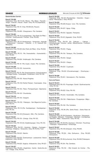 Miércoles 27 de julio de 2016 / El Peruano
594832 NORMAS LEGALES
Daniel Alcides Carrión:
Ruta N° PA-500
Trayectoria: Emp. PE-18 (Dv. Misca) - Pte. Misca - Paucalin -
Tangor - Huarush - Paucar - Yacan - Emp. PE-18 (Uspachaca).
Ruta N° PA-501
Trayectoria: Emp. PE-18 - Emp. PA-500 (Dv. Paucar).
Ruta N° PA-502
Trayectoria: Emp. PA-500 - Chaupimarca - Pta. Carretera.
Ruta N° PA-503
Trayectoria: Emp. PE-18 (Lucmapampa) - San Pedro de Pillao -
Chinchan - Huachuacocha - Puihuan - Emp. PA-504.
Ruta N° PA-504
Trayectoria: Emp. PE-18 (Yanahuanca) - Yanacocha - Agopullo
- Chaquicocha - Caninaco - Chaccha - L. D. Huánuco (Dv.
Mesapata).
Ruta N° PA-505
Trayectoria: Emp. PA-503 (San Pedro de Pillao) - Emp. PA-504.
Ruta N° PA-506
Trayectoria: Emp. PE-18 - Pte. Huarautambo - Huarautambo -
Emp. PA-504.
Ruta N° PA-507
Trayectoria: Emp. PA-504 - Andahuayla - Pta. Carretera.
Ruta N° PA-508
Trayectoria: Emp. PE-18 - Pte. Coyas - Coyas - Pta. Carretera.
Ruta N° PA-509
Trayectoria: Emp. PA-100 - Iscocancha.
Ruta N° PA-510
Trayectoria: Emp. PE-18 - Pte. Huaychuamarca - Huaychuamarca
- Santiago Pampa - Tunamajada - Andachaca - Emp. PA-100.
Ruta N° PA-511
Trayectoria: Emp. PA-100 - Nuevo Progreso.
Ruta N° PA-512
Trayectoria: Emp. PA-102 (Tambo Pampa) - Huancapata - Emp.
PA-100.
Ruta N° PA-513
Trayectoria: Emp. PA-102 - Palca - Pomapachupan - Alpamarca.
Ruta N° PA-514
Trayectoria: Emp. PA-103 - Chumbivilca.
Ruta N° PA-516
Trayectoria: Emp. PA-102 - Gorgorin.
Ruta N° PA-517
Trayectoria: Emp. PA-102 - Patarayoc - San Miguel de Cuchis -
Emp. PA-515.
Ruta N° PA-519
Trayectoria: Emp. PE-18 (Pte. Huertapampa) - Huertapampa -
Emp. PA-103.
Ruta N° PA-520
Trayectoria: Emp. PA-103 (Chacayan) - Mito - Pta. Carretera.
Ruta N° PA-521
Trayectoria: Emp. PA-103 - Chango - Emp. PA-103.
Ruta N° PA-522
Trayectoria: Emp. PA-103 (Dv. Goyllarisquizga) - Emp. PA-103.
Ruta N° PA-523
Trayectoria: Emp. PA-103 - Azulmina - Rangra - Curoragra -
Pocohuay - Antapirca - Yanacocha - Emp. PE-18 (Pte. Tusi).
Ruta N° PA-524
Trayectoria: Emp. PA-523 - Machin.
Ruta N° PA-525
Trayectoria: Emp. PA-524 - Quishuarniyoc - Juclacancha - Nueva
Esperanza - Emp. PA-523.
Ruta N° PA-526
Trayectoria: Emp. PA-525 - Ayajirca - Antacancha - Emp. PA-527.
Ruta N° PA-527
Trayectoria: Emp. PA-523 - Angahuilca - Quiróz - Santa Ana de
Tusi - Putaga - Emp. PA-533.
Ruta N° PA-528
Trayectoria: Emp. PA-103 (Pocobamba) - Yanamito - Huayo -
Llacsa - Mancacota 2 - Emp. PA-533.
Ruta N° PA-529
Trayectoria: Emp. PA-528 (Huayo) - Ucro - Pta. Carretera.
Ruta N° PA-530
Trayectoria: Emp. PA-527 - Agray - Puliaj.
Ruta N° PA-531
Trayectoria: Emp. PA-533 - Agopata - Pampania.
Ruta N° PA-532
Trayectoria: Emp. PA-531 (Agopata) - Emp. PA-527.
Ruta N° PA-533
Trayectoria: Emp. PA-103 (Dv. Calhuan) - Calhuan -
Chunahuanusga - Vinchos - Jarrea - Macarchancha - Fundición
- Emp. PA-104.
Ruta N° PA-534
Trayectoria: Emp. PA-533 - Pogog.
Ruta N° PA-535
Trayectoria: Emp. PA-104 - Tantayoc - Pta. Carretera.
Ruta N° PA-536
Trayectoria: Emp. PA-533 - Gargar.
Ruta N° PA-537
Trayectoria: Emp. PA-533 - Chepra.
Ruta N° PA-538
Trayectoria: Emp. PA-533 - Cuyahuain.
Ruta N° PA-539
Trayectoria: Emp. PA-533 (Chunahuanusga) - Chuchuycay -
Ragan.
Ruta N° PA-540
Trayectoria: Emp. PA-541 - Quinuapucro - Pta. Carretera.
Cerro de Pasco:
Ruta N° PA-515
Trayectoria: Emp. PA-103 - Puquiragra - Gorish - Quishuarcancha
- Emp. PA-102.
Ruta N° PA-518
Trayectoria: Emp. PA-522 - Emp. PA-102.
Ruta N° PA-541
Trayectoria: Emp. PA-533 - Huirahuillan - Pta. Carretera.
Ruta N° PA-542
Trayectoria: Emp. PA-104 - Pallanchacra - Pucapampa - Milpo -
Pta. Carretera.
Ruta N° PA-543
Trayectoria: Emp. PA-104 - Pta. Carretera.
Ruta N° PA-544
Trayectoria: Emp. PE-3N (Pte. Santa Rosa) - Santa Rosa de
Huanag.
Ruta N° PA-545
Trayectoria: Emp. PE-3N (Huariaca) - Jarcahuaca - Yarusyacan -
Los Angeles - Misharan - Pumacayan - Machcan - Cuchapampa
- Atacocha - Milpo - Yanacancha - Emp. PA-102.
Ruta N° PA-546
Trayectoria: Emp. PE-3N (Pte. Huariaca) - Chinchan - Pucurhuay
- Ticlacayan - Huamanmarca - Tomaconga.
Ruta N° PA-547
Trayectoria: Emp. PA-104 (Chaoyar) - Emp. PA-545.
Ruta N° PA-548
Trayectoria: Emp. PE-3N - Hda. Quihuanca - Emp. PA-545
(Yarusyacan).
Ruta N° PA-549
Trayectoria: Emp. PE-3N (La Aurora) - Emp. PA-546 (Ticlacayan).
Ruta N° PA-550
Trayectoria: Emp. PE-3N - Pta. Carretera.
Ruta N° PA-551
Trayectoria: Emp. PA-104 - Villa Corazón de Cochac - Pta.
Carretera.
 