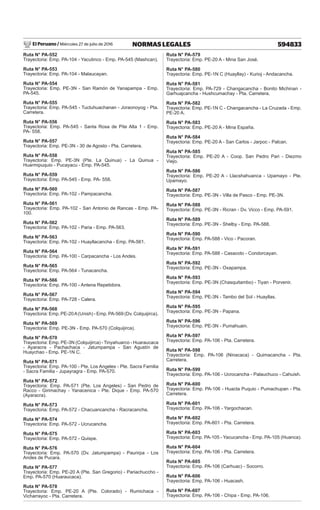 El Peruano / Miércoles 27 de julio de 2016 594833
NORMAS LEGALES
Ruta N° PA-552
Trayectoria: Emp. PA-104 - Yacutinco - Emp. PA-545 (Mashcan).
Ruta N° PA-553
Trayectoria: Emp. PA-104 - Malaucayan.
Ruta N° PA-554
Trayectoria: Emp. PE-3N - San Ramón de Yanapampa - Emp.
PA-545.
Ruta N° PA-555
Trayectoria: Emp. PA-545 - Tuctuhuachanan - Joraonoyog - Pta.
Carretera.
Ruta N° PA-556
Trayectoria: Emp. PA-545 - Santa Rosa de Pite Alta 1 - Emp.
PA- 558.
Ruta N° PA-557
Trayectoria: Emp. PE-3N - 30 de Agosto - Pta. Carretera.
Ruta N° PA-558
Trayectoria: Emp. PE-3N (Pte. La Quinua) - La Quinua -
Huarmipuquio - Pucayacu - Emp. PA-545.
Ruta N° PA-559
Trayectoria: Emp. PA-545 - Emp. PA- 558.
Ruta N° PA-560
Trayectoria: Emp. PA-102 - Pampacancha.
Ruta N° PA-561
Trayectoria: Emp. PA-102 - San Antonio de Rancas - Emp. PA-
100.
Ruta N° PA-562
Trayectoria: Emp. PA-102 - Paria - Emp. PA-563.
Ruta N° PA-563
Trayectoria: Emp. PA-102 - Huayllacancha - Emp. PA-561.
Ruta N° PA-564
Trayectoria: Emp. PA-100 - Carpacancha - Los Andes.
Ruta N° PA-565
Trayectoria: Emp. PA-564 - Tunacancha.
Ruta N° PA-566
Trayectoria: Emp. PA-100 - Antena Repetidora.
Ruta N° PA-567
Trayectoria: Emp. PA-728 - Calera.
Ruta N° PA-568
Trayectoria: Emp. PE-20A(Unish) - Emp. PA-569 (Dv. Colquijirca).
Ruta N° PA-569
Trayectoria: Emp. PE-3N - Emp. PA-570 (Colquijirca).
Ruta N° PA-570
Trayectoria: Emp. PE-3N (Colquijirca) - Tinyahuarco - Huaraucaca
- Ayaracra - Pachachaca - Jatumpampa - San Agustín de
Huaychao - Emp. PE-1N C.
Ruta N° PA-571
Trayectoria: Emp. PA-100 - Pte. Los Angeles - Pte. Sacra Familia
- Sacra Familia - Jupayragra - Emp. PA-570.
Ruta N° PA-572
Trayectoria: Emp. PA-571 (Pte. Los Angeles) - San Pedro de
Racco - Girimachay - Yanacenica - Pte. Dique - Emp. PA-570
(Ayaracra).
Ruta N° PA-573
Trayectoria: Emp. PA-572 - Chacuancancha - Racracancha.
Ruta N° PA-574
Trayectoria: Emp. PA-572 - Ucrucancha.
Ruta N° PA-575
Trayectoria: Emp. PA-572 - Quispe.
Ruta N° PA-576
Trayectoria: Emp. PA-570 (Dv. Jatumpampa) - Paurirpa - Los
Andes de Pucara.
Ruta N° PA-577
Trayectoria: Emp. PE-20 A (Pte. San Gregorio) - Pariachuccho -
Emp. PA-570 (Huaraucaca).
Ruta N° PA-578
Trayectoria: Emp. PE-20 A (Pte. Colorado) - Rumichaca -
Vicharrayoc - Pta. Carretera.
Ruta N° PA-579
Trayectoria: Emp. PE-20 A - Mina San José.
Ruta N° PA-580
Trayectoria: Emp. PE-1N C (Huayllay) - Kurioj - Andacancha.
Ruta N° PA-581
Trayectoria: Emp. PA-729 - Changacancha - Bonito Michinan -
Garhuajcancha - Hushcumachay - Pta. Carretera.
Ruta N° PA-582
Trayectoria: Emp. PE-1N C - Changacancha - La Cruzada - Emp.
PE-20 A.
Ruta N° PA-583
Trayectoria: Emp. PE-20 A - Mina España.
Ruta N° PA-584
Trayectoria: Emp. PE-20 A - San Carlos - Jarpoc - Palcan.
Ruta N° PA-585
Trayectoria: Emp. PE-20 A - Coop. San Pedro Pari - Diezmo
Viejo.
Ruta N° PA-586
Trayectoria: Emp. PE-20 A - Llacshahuanca - Upamayo - Pte.
Upamayo.
Ruta N° PA-587
Trayectoria: Emp. PE-3N - Villa de Pasco - Emp. PE-3N.
Ruta N° PA-588
Trayectoria: Emp. PE-3N - Ricran - Dv. Vicco - Emp. PA-591.
Ruta N° PA-589
Trayectoria: Emp. PE-3N - Shelby - Emp. PA-588.
Ruta N° PA-590
Trayectoria: Emp. PA-588 - Vico - Pacoran.
Ruta N° PA-591
Trayectoria: Emp. PA-588 - Casacoto - Condorcayan.
Ruta N° PA-592
Trayectoria: Emp. PE-3N - Oxapampa.
Ruta N° PA-593
Trayectoria: Emp. PE-3N (Chasquitambo) - Tiyan - Porvenir.
Ruta N° PA-594
Trayectoria: Emp. PE-3N - Tambo del Sol - Huayllas.
Ruta N° PA-595
Trayectoria: Emp. PE-3N - Papana.
Ruta N° PA-596
Trayectoria: Emp. PE-3N - Pumahuain.
Ruta N° PA-597
Trayectoria: Emp. PA-106 - Pta. Carretera.
Ruta N° PA-598
Trayectoria: Emp. PA-106 (Ninacaca) - Quimacancha - Pta.
Carretera.
Ruta N° PA-599
Trayectoria: Emp. PA-106 - Ucrocancha - Palauchuco - Cahuish.
Ruta N° PA-600
Trayectoria: Emp. PA-106 - Huacta Puquio - Pumachupan - Pta.
Carretera.
Ruta N° PA-601
Trayectoria: Emp. PA-106 - Yargochacan.
Ruta N° PA-602
Trayectoria: Emp. PA-601 - Pta. Carretera.
Ruta N° PA-603
Trayectoria: Emp. PA-105 - Yacucancha - Emp. PA-105 (Huanca).
Ruta N° PA-604
Trayectoria: Emp. PA-106 - Pta. Carretera.
Ruta N° PA-605
Trayectoria: Emp. PA-106 (Carhuac) - Socorro.
Ruta N° PA-606
Trayectoria: Emp. PA-106 - Huacash.
Ruta N° PA-607
Trayectoria: Emp. PA-106 - Chipa - Emp. PA-106.
 