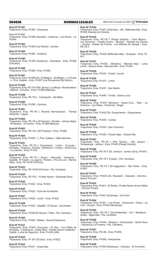 Miércoles 27 de julio de 2016 / El Peruano
594838 NORMAS LEGALES
Ruta Nº PI-591
Trayectoria: Emp. PI-590 - Chiqueros.
Ruta Nº PI-592
Trayectoria: Emp. PI-588 (Saucillo) - Guitarras - Los Rosos - La
Puerta.
Ruta Nº PI-593
Trayectoria: Emp. PI-592 (Los Rosos) - Leones.
Ruta Nº PI-594
Trayectoria: Emp. PI-592 - Huasimo.
Ruta Nº PI-595
Trayectoria: Emp. PI-592 (Guitarras) - Alvarados - Emp. PI-598
(Chivatos).
Ruta Nº PI-596
Trayectoria: Emp. PI-588 - Emp. PI-595.
Ruta Nº PI-597
Trayectoria: Emp. PI-588 (Dv. El Milagro) - El Milagro - La Picota
- L. Prov. Sullana - Emp. PI-587 (Los Encuentros Del Quiróz).
Ruta Nº PI-598
Trayectoria: Emp. PE-1N l (Pte. Quiroz) - La Monja - Revolcaderos
-Valdivia - Chivatos - Emp. PI-588 (Malvitas).
Ruta Nº PI-599
Trayectoria: Emp. PE-1N L - Cachaquito - Servilleta.
Ruta Nº PI-600
Trayectoria: Emp. PI-599 - Cachaco.
Ruta Nº PI-601
Trayectoria: Emp. PE-1N L (Puente Internacional) - Pampa
Redonda - Laguar.
Ruta Nº PI-602
Trayectoria: Emp. PE-1N L (El Guineo) - Peroles - Jahuay Negro
- El Naranjo - El Carrizo - Emp. PI-588 (Malvas).
Ruta Nº PI-603
Trayectoria: Emp. PE-1N L (El Progreso) - Emp. PI-588.
Ruta Nº PI-604
Trayectoria: Emp. PI-603 - L. Prov. Sullana - Valle Hermoso.
Ruta Nº PI-621
Trayectoria: Emp. PE-1N L (Surpampa) - Limón - Cucuyas -
Anchalay - Oxahuay - Sicches - Monterrico - Lindero - Santa Cruz
- La Cancha - Emp. PI-104.
Ruta Nº PI-622
Trayectoria: Emp. PE-1N L (Suyo) - Aterrizaje - Sarayuyo -
Zapallal - El Frayle - La Laguna - Paramo - Pico de Loro - Barrios
Altos - Emp. PE-1N M (Chirinos).
Ruta Nº PI-623
Trayectoria: Emp. PE-1N M (Chirinos) - Pta. Carretera.
Ruta Nº PI-624
Trayectoria: Emp. PE-1N L - Pueblo Nuevo - Quebrada Seca.
Ruta Nº PI-625
Trayectoria: Emp. PI-622 - Emp. PI-624.
Ruta Nº PI-626
Trayectoria: Emp. PI-622 - Zona de Inundación.
Ruta Nº PI-627
Trayectoria: Emp. PI-622 - Limón - Emp. PI-622.
Ruta Nº PI-628
Trayectoria: Emp. PI-622 - Zapallal - El Sauce - Las Aradas.
Ruta Nº PI-629
Trayectoria: Emp. PI-628 (El Sauce) - Palto - Pta. Carretera.
Ruta Nº PI-630
Trayectoria: Emp. PI-622 - Balsas - Nueva Esperanza.
Ruta Nº PI-631
Trayectoria: Emp. PI-621 (Cucuyas) - El Oso - Los Paltos de
Anchalay - Carpintería - Arada Baja - Pueblo Nuevo Hualambi -
Capilla - Loma de Seguiche - Emp. PI-634 (Jilili).
Ruta Nº PI-632
Trayectoria: Emp. PI- 631 (El Oso) - Emp. PI-622.
Ruta Nº PI-633
Trayectoria: Emp. PI-631 - Arada Alta.
Ruta Nº PI-634
Trayectoria: Emp. PI-621 (Oxahuay) - Jilili - Bellavista Alta - Emp.
PI-635 (Naranjo de Chonta).
Ruta Nº PI-635
Trayectoria: Emp. PE-1N T (Paraje Grande) - Casa Blanca -
Los Horcones - Pueblo Nuevo - Montero - Naranjo de Chonta
- Lanche - Aradas de Chonta - Los Molinos de Sanguli - Emp.
PE-1N T.
Ruta Nº PI-636
Trayectoria: Emp. PI-634 (Bellavista Alta) - Guayabo - Emp. PI-
631.
Ruta Nº PI-637
Trayectoria: Emp. PI-635 - (Montero) - Marmas Bajo - Loma
Limón - Buenos Aires - Marmas Alto - Emp. PI-634.
Ruta Nº PI-638
Trayectoria: Emp. PI-637 - Cristal - Laurel.
Ruta Nº PI-639
Trayectoria: Emp. PI-537 - Limón.
Ruta Nº PI-640
Trayectoria: Emp. PI-637 - San Martín.
Ruta Nº PI-641
Trayectoria: Emp. PI-640 - Tumán - Santa Lucía.
Ruta Nº PI-642
Trayectoria: Emp. PI-637 (Montero) - Santa Cruz - Tailin - La
Chorrera - Los Paltos - Pichandul - Nogal.
Ruta Nº PI-643
Trayectoria: Emp. PI-642 (Dv. Guayacanes) - Guayacanes.
Ruta Nº PI-644
Trayectoria: Emp. PI-635 - Cuñala.
Ruta Nº PI-645
Trayectoria: Emp. PI-635 - San Francisco.
Ruta Nº PI-646
Trayectoria: Emp. PI-635 - Charan Bajo - Charan Alto.
Ruta Nº PI-647
Trayectoria: Emp. PE-1N L (Pte. Quiroz) - San Joaquin -
Tomapampa - Jambur - Emp. PI-635 (Paraje Grande).
Ruta Nº PI-648
Trayectoria: Emp. PE-1N T (Dv. Jambur) - Jambur (Emp. PI-647).
Ruta Nº PI-649
Trayectoria: Emp. PE-1N T (Culqui) - Pta. Carretera.
Ruta Nº PI-650
Trayectoria: Emp. PE-1N T (El Hgiguerón) - San Pedro - Emp.
PI-647.
Ruta Nº PI-651
Trayectoria: Emp. PI-635 (Dv. Sicacate) - Sicacate - Uluncha -
Nuevo Porvenir.
Ruta Nº PI-652
Trayectoria: Emp. PI-621 - El Tamba - Pueblo Nuevo de los Paltos
- Sicchez Pampa.
Ruta Nº PI-653
Trayectoria: Emp. PI-621 (Oxahuay) - Guir Guir.
Ruta Nº PI-654
Trayectoria: Emp. PI-621 - Las Pircas - Huachuma - Checo - La
Cria - Chocan - Emp. PI-655 (Mostazas).
Ruta Nº PI-655
Trayectoria: Emp. PE-1N T (Socchabamba) - Aul - Mostazas -
Giclas - Algarrobal - Pta. Carretera.
Ruta Nº PI-656
Trayectoria: Emp. PI-655 - Mostaza - Huirinquique - Santa Rosa
- Sausal De La Frontera - Pta. Carretera.
Ruta Nº PI-657
Trayectoria: Emp. PE-3N - Emp. PI-656.
Ruta Nº PI-658
Trayectoria: Emp. PI-656 - Irampampa.
Ruta Nº PI-659
Trayectoria: Emp. PI-655 (Mostazas) - Cachaco - El Convento.
 