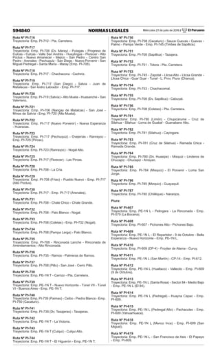 Miércoles 27 de julio de 2016 / El Peruano
594840 NORMAS LEGALES
Ruta Nº PI-716
Trayectoria: Emp. PI-712 - Pta. Carretera.
Ruta Nº PI-717
Trayectoria: Emp. PI-708 (Dv. Maray) - Putagas - Progreso de
Culcas - Culcas - Valle San Andrés - Huaylingas - Florecer - Alto
Poclus - Nuevo Amanecer - Mejico - San Pedro - Centro San
Pedro - Arenales - Pechuquiz - San Diego - Nuevo Porvenir - San
Miguel Pedregal - Santa María - Maray (Emp. PI-706).
Ruta Nº PI-718
Trayectoria: Emp. PI-717 - Chachacona - Cachiriz.
Ruta Nº PI-719
Trayectoria: Emp. PI-717 (San Diego) - Salvia - Juan de
Matalacas - San Isidro Labrador - Emp. PI-717.
Ruta Nº PI-720
Trayectoria: Emp. PI-719 (Salvía) - Alto Muela - Huasanche - San
Valeriano.
Ruta Nº PI-721
Trayectoria: Emp. PI-706 (Nangay de Matalcas) - San José -
Minas de Salvía - Emp. PI-720 (Alto Muela).
Ruta Nº PI-722
Trayectoria: Emp. PI-717 (Nuevo Porvenir) - Nueva Esperanza
- Huaracas.
Ruta Nº PI-723
Trayectoria: Emp. PI-717 (Pechuquiz) - Ovejerías - Ranrayoc -
Emp. PI-725 (Pircas).
Ruta Nº PI-724
Trayectoria: Emp. PI-723 (Ranrayoc) - Nogal Alto.
Ruta Nº PI-725
Trayectoria: Emp. PI-717 (Florecer) - Las Pircas.
Ruta Nº PI-728
Trayectoria: Emp. PI-708 - La Cria.
Ruta Nº PI-729
Trayectoria: Emp. PI-708 (Frias) - Pueblo Nuevo - Emp. PI-717
(Alto Poclus).
Ruta Nº PI-730
Trayectoria: Emp. PI-717 - Emp. PI-717 (Arenales).
Ruta Nº PI-731
Trayectoria: Emp. PI-708 - Chale Chico - Chale Grande.
Ruta Nº PI-732
Trayectoria: Emp. PI-708 - Palo Blanco - Nogal.
Ruta Nº PI-733
Trayectoria: Emp. PI-708 (Coletas) - Emp. PI-732 (Nogal).
Ruta Nº PI-734
Trayectoria: Emp. PI-708 (Pampa Larga) - Palo Blanco.
Ruta Nº PI-735
Trayectoria: Emp. PI-708 - Rinconada Lanche - Rinconada de
Arrendamientos - Alto Rinconada.
Ruta Nº PI-736
Trayectoria: Emp. PI-735 - Ramos - Palmeras de Ramos.
Ruta Nº PI-737
Trayectoria: Emp. PI-708 (Pillo) - San José - Cerro Pillo.
Ruta Nº PI-738
Trayectoria: Emp. PE-1N T - Carrizo - Pta. Carretera.
Ruta Nº PI-739
Trayectoria: Emp. PE-1N T - Nuevo Horizonte - Túnel VII - Túnel
VI - Buenos Aires - Emp. PE-1N T.
Ruta Nº PI-740
Trayectoria: Emp. PI-739 (Paimas) - Ceibo - Piedra Blanca - Emp.
PI-750 (Cacaturo).
Ruta Nº PI-741
Trayectoria: Emp. PI-739 (Dv. Tasajeras) - Tasajeras.
Ruta Nº PI-742
Trayectoria: Emp. PE-1N T - La Victoria.
Ruta Nº PI-743
Trayectoria: Emp. PE-1N T (Culqui) - Culqui Alto.
Ruta Nº PI-744
Trayectoria: Emp. PE-1N T - El Higuerón - Emp. PE-1N T.
Ruta Nº PI-750
Trayectoria: Emp. PI-708 (Cacaturo) - Sauce Cuevas - Cuevas -
Palmo - Pampa Verde - Emp. PI-745 (Timbes de Sapillica).
Ruta Nº PI-751
Trayectoria: Emp. PI-708 (Sapillica) - Tazajera.
Ruta Nº PI-752
Trayectoria: Emp. PI-751 - Totora - Pta. Carretera.
Ruta Nº PI-753
Trayectoria: Emp. PI-745 - Zapotal - Llicsa Alto - Llicsa Grande -
Llicsa Chica - Guar Guar - Tunal - L. Prov. Piura (Chanca).
Ruta Nº PI-754
Trayectoria: Emp. PI-753 - Chachacomal.
Ruta Nº PI-755
Trayectoria: Emp. PI-708 (Dv. Sapillica) - Cabuyal.
Ruta Nº PI-756
Trayectoria: Emp. PI-708 (Coletas) - Pta. Carretera.
Ruta Nº PI-781
Trayectoria: Emp. PI-780 (Limón) - Chupicarume - Cruz de
Silahua - Silahua - Loma de Guabal - Guanabano Alto.
Ruta Nº PI-782
Trayectoria: Emp. PI-781 (Silahua) - Cayingara.
Ruta Nº PI-783
Trayectoria: Emp. PI-781 (Cruz de Silahua) - Ramada Chica -
Ramada Grande.
Ruta Nº PI-784
Trayectoria: Emp. PI-780 (Dv. Huasipe) - Misquiz - Linderos de
Chucapiz - Chucapiz - Arrayan.
Ruta Nº PI-785
Trayectoria: Emp. PI-784 (Misquiz) - El Porvenir - Loma San
Jorge.
Ruta Nº PI-786
Trayectoria: Emp. PI-785 (Mizquiz) - Guayaquil.
Ruta Nº PI-787
Trayectoria: Emp. PI-780 (Chililique) - Naranjos.
Piura:
Ruta Nº PI-607
Trayectoria: Emp. PE-1N L - Pelingara - La Rinconada - Emp.
PI-579 (La Bocana).
Ruta Nº PI-608
Trayectoria: Emp. PI-607 - Pichones Alto - Pichones Bajo.
Ruta Nº PI-609
Trayectoria: Emp. PE-1N L - El Repartidor - 9 de Octubre - Bella
Esperanza - Nuevo Horizonte - Emp. PE-1N L.
Ruta Nº PI-610
Trayectoria: Emp. PI-609 (CP-4) - Froylan de Alama - Curuy.
Ruta Nº PI-611
Trayectoria: Emp. PE-1N L (San Martín) - CP-14 - Emp. PI-612.
Ruta Nº PI-612
Trayectoria: Emp. PE-1N L (Hualtaco) - Vallecito - Emp. PI-609
(9 de Octubre).
Ruta Nº PI-613
Trayectoria: Emp. PE-1N L (Santa Rosa) - Sector 84 - Medio Bajo
- Emp. PE-1N L (El 84).
Ruta Nº PI-614
Trayectoria: Emp. PE-1N L (Pedregal) - Huayna Capac - Emp.
PI-609.
Ruta Nº PI-615
Trayectoria: Emp. PE-1N L (Pedregal Alto) - Pachacutec - Emp.
PI-609 (Yahuarhuaca).
Ruta Nº PI-618
Trayectoria: Emp. PE-1N L (Manco Inca) - Emp. PI-609 (San
Miguel).
Ruta Nº PI-619
Trayectoria: Emp. PE-1N L - San Francisco de Asis - El Papayo
- Emp. PI-609.
 