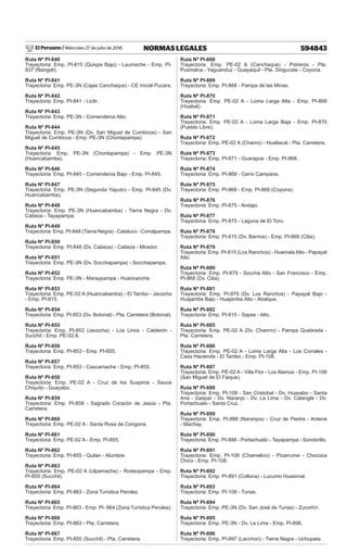 El Peruano / Miércoles 27 de julio de 2016 594843
NORMAS LEGALES
Ruta Nº PI-840
Trayectoria: Emp. PI-815 (Quispe Bajo) - Laumache - Emp. PI-
837 (Ñangali).
Ruta Nº PI-841
Trayectoria: Emp. PE-3N (Cajas Canchaque) - CE Inicial Pucara.
Ruta Nº PI-842
Trayectoria: Emp. PI-841 - Lictir.
Ruta Nº PI-843
Trayectoria: Emp. PE-3N - Comenderos Alto.
Ruta Nº PI-844
Trayectoria: Emp. PE-3N (Dv. San Miguel de Cumbicos) - San
Miguel de Cumbicus - Emp. PE-3N (Chontapampa).
Ruta Nº PI-845
Trayectoria: Emp. PE-3N (Chontapampa) - Emp. PE-3N
(Huancabamba).
Ruta Nº PI-846
Trayectoria: Emp. PI-845 - Comenderos Bajo - Emp. PI-845.
Ruta Nº PI-847
Trayectoria: Emp. PE-3N (Segunda Yaputo) - Emp. PI-845 (Dv.
Huancabamba).
Ruta Nº PI-848
Trayectoria: Emp. PE-3N (Huancabamba) - Tierra Negra - Dv.
Cabeza - Tayapampa.
Ruta Nº PI-849
Trayectoria: Emp. PI-848 (Tierra Negra) - Cataluco - Corralpampa.
Ruta Nº PI-850
Trayectoria: Emp. PI-848 (Dv. Cabeza) - Cabeza - Mirador.
Ruta Nº PI-851
Trayectoria: Emp. PE-3N (Dv. Socchapampa) - Socchapampa.
Ruta Nº PI-852
Trayectoria: Emp. PE-3N - Maraypampa - Huaricanche.
Ruta Nº PI-853
Trayectoria: Emp. PE-02 A (Huancabamba) - El Tambo - Jacocha
- Emp. PI-815.
Ruta Nº PI-854
Trayectoria: Emp. PI-853 (Dv. Botonal) - Pta. Carretera (Botonal).
Ruta Nº PI-855
Trayectoria: Emp. PI-853 (Jacocha) - Los Lirios - Calderón -
Succhil - Emp. PE-02 A.
Ruta Nº PI-856
Trayectoria: Emp. PI-853 - Emp. PI-855.
Ruta Nº PI-857
Trayectoria: Emp. PI-853 - Cascamache - Emp. PI-855.
Ruta Nº PI-858
Trayectoria: Emp. PE-02 A - Cruz de los Suspiros - Sauce
Chiquito - Guayabo.
Ruta Nº PI-859
Trayectoria: Emp. PI-858 - Sagrado Corazón de Jesús - Pta.
Carretera.
Ruta Nº PI-860
Trayectoria: Emp. PE-02 A - Santa Rosa de Congona.
Ruta Nº PI-861
Trayectoria: Emp. PE-02 A - Emp. PI-855.
Ruta Nº PI-862
Trayectoria: Emp. PI-855 - Quilan - Alumbre.
Ruta Nº PI-863
Trayectoria: Emp. PE-02 A (Ulpamache) - Rodeopampa - Emp.
PI-855 (Succhil).
Ruta Nº PI-864
Trayectoria: Emp. PI-863 - Zona Turística Peroles.
Ruta Nº PI-865
Trayectoria: Emp. PI-863 - Emp. PI- 864 (Zona Turística Peroles).
Ruta Nº PI-866
Trayectoria: Emp. PI-863 - Pta. Carretera.
Ruta Nº PI-867
Trayectoria: Emp. PI-855 (Succhil) - Pta. Carretera.
Ruta Nº PI-868
Trayectoria: Emp. PE-02 A (Canchaque) - Potreros - Pte.
Pusmalca - Yaguanduz - Guayaquil - Pte. Singucate - Coyona.
Ruta Nº PI-869
Trayectoria: Emp. PI-868 - Pampa de las Minas.
Ruta Nº PI-870
Trayectoria: Emp. PE-02 A - Loma Larga Alta - Emp. PI-868
(Huabal).
Ruta Nº PI-871
Trayectoria: Emp. PE-02 A - Loma Larga Baja - Emp. PI-870
(Pueblo Libre).
Ruta Nº PI-872
Trayectoria: Emp. PE-02 A (Chanro) - Hualtacal - Pta. Carretera.
Ruta Nº PI-873
Trayectoria: Emp. PI-871 - Guarapos - Emp. PI-868.
Ruta Nº PI-874
Trayectoria: Emp. PI-868 - Cerro Campana.
Ruta Nº PI-875
Trayectoria: Emp. PI-868 - Emp. PI-868 (Coyona).
Ruta Nº PI-876
Trayectoria: Emp. PI-875 - Andajo.
Ruta Nº PI-877
Trayectoria: Emp. PI-875 - Laguna de El Toro.
Ruta Nº PI-878
Trayectoria: Emp. PI-815 (Dv. Barrios) - Emp. PI-868 (Cilia).
Ruta Nº PI-879
Trayectoria: Emp. PI-815 (Los Ranchos) - Huamala Alto - Papayal
Alto.
Ruta Nº PI-880
Trayectoria: Emp. PI-879 - Soccha Alto - San Francisco - Emp.
PI-868 (Dv. Cilia).
Ruta Nº PI-881
Trayectoria: Emp. PI-879 (Dv. Los Ranchos) - Papayal Bajo -
Huajambe Bajo - Huajambe Alto - Abalque.
Ruta Nº PI-882
Trayectoria: Emp. PI-815 - Sapse - Alto.
Ruta Nº PI-885
Trayectoria: Emp. PE-02 A (Dv. Chanrro) - Pampa Quebrada -
Pta. Carretera.
Ruta Nº PI-886
Trayectoria: Emp. PE-02 A - Loma Larga Alta - Los Corrales -
Casa Hacienda - El Tambo - Emp. PI-108.
Ruta Nº PI-887
Trayectoria: Emp. PE-02 A - Villa Flor - Los Alamos - Emp. PI-108
(San Miguel de El Faique).
Ruta Nº PI-888
Trayectoria: Emp. PI-108 - San Cristobal - Dv. Huayabo - Santa
Ana - Gaspar - Dv. Naranjo - Dv. La Lima - Dv. Calangla - Dv.
Portachuelo - Santa Cruz.
Ruta Nº PI-889
Trayectoria: Emp. PI-888 (Naranjos) - Cruz de Piedra - Antena
- Machay.
Ruta Nº PI-890
Trayectoria: Emp. PI-888 - Portachuelo - Tayapampa - Sondorillo.
Ruta Nº PI-891
Trayectoria: Emp. PI-108 (Chamelico) - Pizarrume - Chococa
Chico - Emp. PI-108.
Ruta Nº PI-892
Trayectoria: Emp. PI-891 (Collona) - Lucumo Huasimal.
Ruta Nº PI-893
Trayectoria: Emp. PI-108 - Tunas.
Ruta Nº PI-894
Trayectoria: Emp. PE-3N (Dv. San José de Tunas) - Zururñín.
Ruta Nº PI-895
Trayectoria: Emp. PE-3N - Dv. La Lima - Emp. PI-896.
Ruta Nº PI-896
Trayectoria: Emp. PI-897 (Lacchon) - Tierra Negra - Uchupata.
 