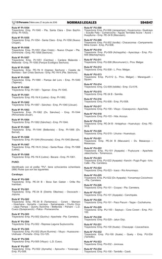 El Peruano / Miércoles 27 de julio de 2016 594847
NORMAS LEGALES
Ruta Nº PI-1054
Trayectoria: Emp. PI-1040 - Pte. Santa Clara - Dren Bazñín
(Emp. PI-1053).
Ruta Nº PI-1055
Trayectoria: Emp. PI-1054 - Santa Clara - Emp. PI-1056 (Nuevo
Chuper).
Ruta Nº PI-1056
Trayectoria: Emp. PI-1051 (San Cristo) - Nuevo Chuper - Pte.
Chirrirriche - Emp. PE-1058 (Sechura).
Ruta Nº PI-1057
Trayectoria: Emp. PI-1051 (Cerritos) - Cantera Malavida -
Malavida - Emp. PI-1056 (Parque Ecológico Sechura).
Ruta Nº PI-1058
Trayectoria: Emp. PE-1N K (Ingreso Sechura) - Caseta de
Bombeo - San Cristo Sechura - Emp. PE-1N K (Pte. Sechura).
Ruta Nº PI-1059
Trayectoria: Emp. PI-1060 - Pampa del Loro - Emp. PI-1040
(Tajamar).
Ruta Nº PI-1060
Trayectoria: Emp. PI-1061 - Tajamar - Emp. PI-1040.
Ruta Nº PI-1061
Trayectoria: Emp. PE-1N K (Letira) - Emp. PI-1062.
Ruta Nº PI-1062
Trayectoria: Emp. PI-1067 - Sánchez - Emp. PI-1040 (Llicuar).
Ruta Nº PI-1063
Trayectoria: Emp. PI-1062 (Dv. Sánchez) - Emp. PI-1044
(Rinconada Llicuar).
Ruta Nº PI-1064
Trayectoria: Emp. PI-1062 (Sánchez) - Emp. PI-1044.
Ruta Nº PI-1065
Trayectoria: Emp. PI-1044 (Bellavista) - Emp. PI-1066 (Dv.
Bernal).
Ruta Nº PI-1066
Trayectoria: Emp. PI-1044 (Rinconada) - Emp. PI-1040 (Bernal).
Ruta Nº PI-1067
Trayectoria: Emp. PE-1N K (Vice) - Santa Rosa - Emp. PI-1068
(Letira).
Ruta Nº PI-1068
Trayectoria: Emp. PE-1N K (Letira) - Becara - Emp. PI-1061.
PUNO:
Identificado con el prefijo "PU", tiene ochocientos ochentiseis
(886) Rutas que son las siguientes:
Carabaya:
Ruta N° PU-500
Trayectoria: Emp. PE-34 B - Boca San Gabán - Orilla Rio
Inambari.
Ruta N° PU-501
Trayectoria: Emp. PE-34 B (Distrito Ollachea) - Oscocachi -
Jopuna.
Ruta N° PU-502
Trayectoria: Emp. PE-34 B (Tantamaco) - Corani - Mamani
- Huachana - Aymaña - Laccaya - Samanapata - Chuño Orco
- Llapa Pampa - Quichu Azoroma - Bellavista - Parsani - L.D.
Cusco (Quispicanchi) - Palca - Pomacancha.
Ruta N° PU-503
Trayectoria: Emp. PU-502 (Quichu) - Apacheta - Pta. Carretera.
Ruta N° PU-504
Trayectoria: Emp. PU-502 - Represa Laguna Suytuccocha.
Ruta N° PU-505
Trayectoria: Emp. PU-502 (Rumi Rumine) - Viluyo - Huaracone -
Urahuasi - Pomaña - Emp. CU-125.
Ruta N° PU-506
Trayectoria: Emp. PU-505 (Viluyo) - L.D. Cusco.
Ruta N° PU-507
Trayectoria: Emp. PU-502 (Aymaña) - Apicucho - Yuraccaja -
Emp. PU-508.
Ruta N° PU-508
Trayectoria: Emp. PU-506 (Jarapampa) - Huyaccunca - Quelcaya
- Susulla Pata - Comercocha - Aguas Termales Acora - Acora -
Huaylluma - Emp. PE-34 B (Macusani).
Ruta N° PU-509
Trayectoria: Emp. PU-502 (Isivilla) - Chacaconisa - Campamento
Mina Corani - Emp. PU-508.
Ruta N° PU-510
Trayectoria: Emp. PU-509 (Achaypiña) - Ayacctaya - Emp. PU-
509 (Machaymayo).
Ruta N° PU-511
Trayectoria: Emp. PU-508 (Murumurani) L. Prov. Melgar.
Ruta N° PU-512
Trayectoria: Emp. PU-508 - L. Prov. Melgar.
Ruta N° PU-513
Trayectoria: Emp. PU-512 (L. Prov. Melgar) - Maranguañi -
Sijuani.
Ruta N° PU-514
Trayectoria: Emp. CU-509 (Isibilla) - Emp. CU-516.
Ruta N° PU-515
Trayectoria: Emp. PE-34 B - Samilia.
Ruta N° PU-516
Trayectoria: Emp. PU-508 - Emp. PU-508.
Ruta N° PU-517
Trayectoria: Emp. PU-100 - Viluyo - Ccacapunco - Apacheta.
Ruta N° PU-518
Trayectoria: Emp. PU-103 - Hda. Accoyo.
Ruta N° PU-519
Trayectoria: Emp. PE-34 B - Antajahua - Huanutuyo - Emp. PE-
34 B.
Ruta N° PU-520
Trayectoria: Emp. PU-519 - Lihuina - Huanotuyo.
Ruta N° PU-521
Trayectoria: Emp. PE-34 B (Macusani) - Dv. Masacoyo -
Masacoyo.
Ruta N° PU-522
Trayectoria: Emp. PU-101 (Ayapata) - Puytucune - Apacheta
Jalacchocha - Torremocco.
Ruta N° PU-523
Trayectoria: Emp. PU-522 (Ayapata) - Kanchi - Pugio Pugio - Ichu
Calle - Pta. Carretera.
Ruta N° PU-524
Trayectoria: Emp. PU-523 - Icaco - Río Amunmayo.
Ruta N° PU-525
Trayectoria: Emp. PU-522 (Dv. Ayapata) - Yuncamayo Cocochoco
- Pta. Carretera.
Ruta N° PU-526
Trayectoria: Emp. PU-101 - Ccopac - Pta. Carretera.
Ruta N° PU-527
Trayectoria: Emp. PU-101 (Ayapata) - Canchipata.
Ruta N° PU-528
Trayectoria: Emp. PU-101 - Paco Pacuni - Taype - Cochahuma.
Ruta N° PU-529
Trayectoria: Emp. PU-100 - Saytuyo - Cora Corani - Emp. PU-
100.
Ruta N° PU-530
Trayectoria: Emp. PU-529 - Jatun Orjo.
Ruta N° PU-531
Trayectoria: Emp. PU-100 (Ituata) - Chacayaje - Lluscachaca.
Ruta N° PU-532
Trayectoria: Emp. PU-100 (Ituata) - Quety - Emp. PU-534
(Tambillo).
Ruta N° PU-533
Trayectoria: Emp. PU-532 - Jororusa.
Ruta N° PU-534
Trayectoria: Emp. PU-100 - Tambillo - Caxili.
 