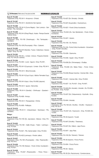 El Peruano / Miércoles 27 de julio de 2016 594849
NORMAS LEGALES
Ruta N° PU-586
Trayectoria: Emp. PE-34 H - Arcopunco - Chokal.
Ruta N° PU-587
Trayectoria: Emp. PE-34 H - Aeródromo San Ignacio.
Ruta N° PU-588
Trayectoria: Emp. PE-34 H (Curva Alegre) - San Lorenzo - San
Román - Pta. Carretera.
Ruta N° PU-589
Trayectoria: Emp. PE-34 H (Pauji Playa) - Azata - Pampa Grande
- Monte Sinea.
Ruta N° PU-590
Trayectoria: Emp. PU-109 (Yanahuaya) - Río Tambopata -
Llamillami.
Ruta N° PU-591
Trayectoria: Emp. PU-109 (Purumpata) - Pilco - Catarani.
Ruta N° PU-592
Trayectoria: Emp. PE-34 H (Sandia) - Tuana - Calachaca - Quiaca
- Sicari - Emp. PU-109.
Ruta N° PU-593
Trayectoria: Emp. PE-34 L - Limata - Untuca - Poquera Grande -
Emp. PU-109 (Dv. Quiaca).
Ruta N° PU-594
Trayectoria: Emp. PU-593 - Lunar - laguna - Emp. PU-591.
Ruta N° PU-601
Trayectoria: Emp. PE-34 H (Cuyocuyo) - Limata - Emp. PE-34 H.
Ruta N° PU-602
Trayectoria: Emp. PE-34 H - Mina Ancocala.
Ruta N° PU-603
Trayectoria: Emp. PE-34 H (Cuyo Cuyo) - Baños Termales Cuyo
Cuyo.
Ruta N° PU-604
Trayectoria: Emp. PE-34 H (Ayo) - Emp. PU-592 (Japuna).
Ruta N° PU-605
Trayectoria: Emp. PE-34 H - Iguara - Derrumbe.
Ruta N° PU-606
Trayectoria: Emp. PE-34 H (Sandia) - Chirihuaya - Questani -
Aricato.
Ruta N° PU-607
Trayectoria: Emp. PU-606 - Amoyo.
Ruta N° PU-608
Trayectoria: Emp. PE-34 H - Pacaypampa - Chinta.
Ruta N° PU-609
Trayectoria: Emp. PU-608 - Pallipujio.
Ruta N° PU-610
Trayectoria: Emp. PE-34 H - Uraqueneque - Queneque - Pta.
Carretera.
Melgar:
Ruta N° PU-621
Trayectoria: Emp. PU-100 (Dv. Jayculaca) - Alianza - Emp. PU-
610.
Ruta N° PU-622
Trayectoria: Emp. PU-100 - Gallo Chupa - Tulani - Larimayo -
Emp. PU-626.
Ruta N° PU-623
Trayectoria: Emp. PU-621 - Pte. Santa Isabel - Emp. PU-622.
Ruta N° PU-625
Trayectoria: Emp. PU-622 (Larimayo) - Pontón Jalluni.
Ruta N° PU-627
Trayectoria: Emp. PU-100 (Pucarapata) - Hda. Pasanacollo -
Emp. PE-34 B.
Ruta N° PU-628
Trayectoria: Emp. PU-100 (Nutoa) - Punto Crítico Inundación -
Emp. PU-627.
Ruta N° PU-629
Trayectoria: Emp. PU-627 (Pasanacollo) - Parca Parca -
Juancahuani.
Ruta N° PU-630
Trayectoria: Emp. PU-627 (Dv. Sincata) - Sincata.
Ruta N° PU-631
Trayectoria: Emp. PU-627 (Acyamallo) - Huamachuco.
Ruta N° PU-632
Trayectoria: Emp. PU-627 - Punto Crítico Inundación.
Ruta N° PU-633
Trayectoria: Emp. PU-632 (Dv. San Bartolomé) - Punto Crítico
Inundación.
Ruta N° PU-634
Trayectoria: Emp. PU-627 - Quisini.
Ruta N° PU-635
Trayectoria: Emp. PU-100 - Dv. Paraca.
Ruta N° PU-636
Trayectoria: Emp. PU-100 - Punto Crítico Inundación - Vizcachani
- Emp. PU-647 (Orurillo).
Ruta N° PU-637
Trayectoria: Emp. PU-636 - Quenuma.
Ruta N° PU-638
Trayectoria: Emp. PU-636 - Aypati - Emp. PU-627.
Ruta N° PU-639
Trayectoria: Emp. PU-636 (Dv. Chicnarapay) - Chullpa.
Ruta N° PU-640
Trayectoria: Emp. PU-636 (Dv. Balsa Pata) - Punto Crítico
Inundación.
Ruta N° PU-641
Trayectoria: Emp. PU-636 (Rosas Cancha) - Carmen Alto - Emp.
PU-643.
Ruta N° PU-642
Trayectoria: Emp. PU-641 - Carmen Alto - Emp. PU-643.
Ruta N° PU-643
Trayectoria: Emp. PU-627 - Dv. PU-631 - Emp. PU-647.
Ruta N° PU-644
Trayectoria: Emp. PU-643 (Dv. Anorabi) - Anorabi - Dv. PU-646 -
Dv. PU-645 - Emp. PU-627.
Ruta N° PU-645
Trayectoria: Emp. PU-627 (Dv. Colquemarca) - Huichullo - Emp.
PU-644.
Ruta N° PU-646
Trayectoria: Emp. PU-644 - Anorabi.
Ruta N° PU-647
Trayectoria: Emp. PU-100 (Dv. Orurillo) - Orurillo - Huaraconi -
Emp. PE-3S H.
Ruta N° PU-648
Trayectoria: Emp. PU-647 (Dv. Huaroconi) - Emp. PU-649 (Dv.
Tuculli).
Ruta N° PU-649
Trayectoria: Emp. PE-3S (Ayaviri) - Tuculli.
Ruta N° PU-650
Trayectoria: Emp. PU-647 (Orurillo) - Tiawanaco.
Ruta N° PU-651
Trayectoria: Emp. PU-647 (Dv. Villani) - Japu Punco.
Ruta N° PU-652
Trayectoria: Emp. PU-647 - Japu Pata.
Ruta N° PU-653
Trayectoria: Emp. PU-102 (Dv. Totorani) - Totorani.
Ruta N° PU-654
Trayectoria: Emp. PE-3S (Ayaviri) - Punco Punco.
Ruta N° PU-655
Trayectoria: Emp. PU-654 - Punco Punco.
Ruta N° PU-656
Trayectoria: Emp. PE-3S - Qesca.
Ruta N° PU-657
Trayectoria: Emp. PE-3S (Dv. Pacochuma) - Comdorccacca.
 