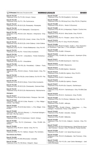 El Peruano / Miércoles 27 de julio de 2016 594851
NORMAS LEGALES
Ruta N° PU-745
Trayectoria: Emp. PU-713 (Dv. Urcuyo) - Caluyo.
Ruta N° PU-746
Trayectoria: Emp. PU-713 - Pte. Suchiccacca.
Ruta N° PU-747
Trayectoria: Emp. PE-3S G (Dv. Rosaspata) - Rosaspata.
Ruta N° PU-748
Trayectoria: Emp. PU-747 (Balsapata) - Ccaccapunco.
Ruta N° PU-749
Trayectoria: Emp. PE-3S G (Dv. Wacrani) - Antaymarca - Emp.
PE-3S.
Ruta N° PU-750
Trayectoria: Emp. PE-3S G (Dv. Umasi) - Umasi - Emp. PU-749.
Ruta N° PU-751
Trayectoria: Emp. PE-3S G (Dv. Unión Collana) - Unión Collana.
Ruta N° PU-752
Trayectoria: Emp. PU-751 - Pontón Mollebamba - Emp. PU-747.
Ruta N° PU-753
Trayectoria: Emp. PU-751 - Punto Crítico Inundación.
Ruta N° PU-754
Trayectoria: Emp. PU-751 - Umacollama - Pontón Estokahua -
Emp. PU-749.
Ruta N° PU-755
Trayectoria: Emp. PU-751 - Umacollama.
Ruta N° PU-756
Trayectoria: Emp. PU-755 (Dv. Parcialidad) - Collana - Ticary
Ankara.
Ruta N° PU-757
Trayectoria: Emp. PE-3S G (Sora) - Pontón Actami - Emp. PU-
758.
Ruta N° PU-758
Trayectoria: Emp. PU-755 (Dv. Unión Collana) - Dv. PU-757 - Pta.
Carretera.
Ruta N° PU-759
Trayectoria: Emp. PE-3S G (Sora) - Punto Crítico Inundación.
Ruta N° PU-760
Trayectoria: Emp. PE-3S G (Dv. Chacaqueta) - Quenuani Bajo.
Ruta N° PU-761
Trayectoria: Emp. PE-3S G (Dv. Machacmarca) - Machacmarca.
Azángaro:
Ruta N° PU-617
Trayectoria: Emp. PE-34 B (San Antón) - Pampuyo - San José.
Ruta N° PU-620
Trayectoria: Emp. PE-34 B (Hda. Rosario) - L. Prov. Melgar -
Antauta - San Rafael.
Ruta N° PU-624
Trayectoria: Emp. PE-34 B (San Antón) - L. Prov. Melgar - Emp.
PU-622.
Ruta N° PU-626
Trayectoria: Emp. PE-34 B (Recreo) - L. Provincial Azángaro -
San Juan - Pte. San Juan 2.
Ruta N° PU-802
Trayectoria: Emp. PU-113 (Caminaca) - Canchi - Achaya.
Ruta N° PU-803
Trayectoria: Emp. PU-113 (Caminaca) - Emp. PU-804 (Dv.
Saman).
Ruta N° PU-804
Trayectoria: Emp. PE-34 H - Saman - Emp. PU-113.
Ruta N° PU-825
Trayectoria: Emp. PU-113 - Salinas - Arapasi - Pta. Carretera.
San Antonio de Putina:
Ruta N° PU-595
Trayectoria: Emp. PU-593 (Rinconada) - Urampillo.
Ruta N° PU-596
Trayectoria: Emp. PU-109 (Sina) - Girigachi - Saqui.
Ruta N° PU-597
Trayectoria: Emp. PU-109 (Huayllami) - Korihuara.
Ruta N° PU-598
Trayectoria: Emp. PU-109 (Izcay Cruz) - Emp. PE-34 L (Trapiche).
Ruta N° PU-599
Trayectoria: Emp. PE-34 L - Sector 3 (Occonica).
Ruta N° PU-600
Trayectoria: Emp. PE-34 L (Lintepampa) - Pulpera - Ccocha Uma.
Ruta N° PU-613
Trayectoria: Emp. PE-34 K - Mina Cecilia - Emp. PU-615.
Ruta N° PU-615
Trayectoria: Emp. PU-111 - Picotani - Jairuni - Emp. PU-111.
Ruta N° PU-616
Trayectoria: Emp. PU-111- Emp. PU-615 (Picotani).
Ruta N° PU-808
Trayectoria: Emp. PE-34 H (Llachi) - Tunila - L. Prov. Huancane -
Dv. Ayrampuni - Cala Cala - L. Prov. Azángaro - Huaracuni.
Ruta N° PU-809
Trayectoria: Emp. PU-808 - Pichacani.
Ruta N° PU-810
Trayectoria: Emp. PU-808 (Dv. Ayrampuni) - Ayrampuni (Emp.
PU-807).
Ruta N° PU-811
Trayectoria: Emp. PU-808 (Ayrampuni) - Cala Cruz.
Ruta N° PU-812
Trayectoria: Emp. PU-808 - Mayopunco.
Ruta N° PU-813
Trayectoria: Emp. PU-808 (Ajatira) - Nazacara.
Ruta N° PU-814
Trayectoria: Emp. PU-808 (Dv. Ajatira) - Emp. PU-813.
Ruta N° PU-815
Trayectoria: Emp. PU-813 - Huertacucho.
Ruta N° PU-816
Trayectoria: Emp. PU-808 (Dv. Ajatira) - Caquen.
Ruta N° PU-817
Trayectoria: Emp. PU-816 (Dv. Caquen) - Sachahuayco.
Ruta N° PU-818
Trayectoria: Emp. PE-34 H - Sachahuayco - Emp. PU-808 (Cala
Cala).
Ruta N° PU-819
Trayectoria: Emp. PE-34 H - Sombreroni - Emp. PU-823.
Ruta N° PU-820
Trayectoria: Emp. PU-112 (Putina) - Bellavista - Emp. PU-112.
Ruta N° PU-821
Trayectoria: Emp. PU-820 - Jalluraya.
Ruta N° PU-822
Trayectoria: Emp. PU-820 (Putina) - Cajanchaca - L. Prov.
Azángaro - Pucacancha - Punco - Emp. PU-111.
Ruta N° PU-823
Trayectoria: Emp. PU-822 - Ichocollo - Coraya.
Ruta N° PU-824
Trayectoria: Emp. PU-820 - Bellavista.
Ruta N° PU-826
Trayectoria: Emp. PU-112 (Dv. Collpani) - Cambria - Emp. PU-
111.
Ruta N° PU-827
Trayectoria: Emp. PE-34 H (Quilcapunco) - Santa Rosa de Uyune
- San Francisco - Tarucani - Emp. PU-826 (Dv. Pampa Grande).
Ruta N° PU-828
Trayectoria: Emp. PU-827 - C.E. Santa Rosa de Uyuni.
Ruta N° PU-829
Trayectoria: Emp. PE-34 H (Huallapata) - San Francisco - Emp.
PU-827.
Ruta N° PU-830
Trayectoria: Emp. PU-112 (Dv. José Carlos Mariategui) - José
Carlos Mariategui.
 