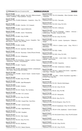 El Peruano / Miércoles 27 de julio de 2016 594855
NORMAS LEGALES
Ruta N° PU-986
Trayectoria: Emp. PU-985 - Jarpada - San José - Milloccochapata
- Llanca - Quillisiani - Plaza Quillisiani - Accoyo.
Ruta N° PU-987
Trayectoria: Emp. PU-985 (Chilahuito) - Copaichini - Emp. PU-
986.
Ruta N° PU-988
Trayectoria: Emp. PU-985 - Carmiña - C.E. Ccaqueri.
Ruta N° PU-989
Trayectoria: Emp. PU-988 - Laguna Sallococha.
Ruta N° PU-990
Trayectoria: Emp. PU-985 - Jiraviri - Pacobamba.
Ruta N° PU-991
Trayectoria: Emp. PU-985 - Emp. PU-990.
Ruta N° PU-992
Trayectoria: Emp. PU-997 (Palca) - Tucune - Huayatira - Tara -
Alto Umpuco - Coarita - Emp. PU-985.
Ruta N° PU-993
Trayectoria: Emp. PU-992 - Antalla.
Ruta N° PU-994
Trayectoria: Emp. PU-124 - Apacheta - Mina Arasi.
Ruta N° PU-995
Trayectoria: Emp. PU-124 - Tacumayo - Coline (Piscina Termal).
Ruta N° PU-996
Trayectoria: Emp. PU-124 - Chilapampa.
Ruta N° PU-997
Trayectoria: Emp. PU-124 (Palca) - Yanaaja - Loofone - Culeuco
- Yanaccacca - Tuturani - Choquepergua.
Ruta N° PU-998
Trayectoria: Emp. PU-997 - Trapiche.
Ruta N° PU-999
Trayectoria: Emp. PU-985 - Moquegachi Central - Lamparaquen
- Hac. Queto - Buena Vista (Rio Lampa).
Ruta N° PU-1000
Trayectoria: Emp. PU-985 - Ancorin Huaral - Central Huaral -
Emp. PU-999.
Ruta N° PU-1001
Trayectoria: Emp. PU-999 - Emp. PU-1000.
Ruta N° PU-1002
Trayectoria: Emp. PU-999 - Japo Moquegachi.
Ruta N° PU-1003
Trayectoria: Emp. PU-985 - Cantería.
Ruta N° PU-1004
Trayectoria: Emp. PU-123 - Paratia - Pta. Carretera.
Ruta N° PU-1005
Trayectoria: Emp. PU-1004 - C.E. Lensora.
Ruta N° PU-1006
Trayectoria: Emp. PU-123 - Emp. PU-1004.
Ruta N° PU-1007
Trayectoria: Emp. PU-1004 - Huayta Pata - Coa Chico.
Ruta N° PU-1008
Trayectoria: Emp. PU-1007 - Central Huayta.
Ruta N° PU-1009
Trayectoria: Emp. PU-1004 - Sejja Miraflores.
Ruta N° PU-1010
Trayectoria: Emp. PU-1004 - Huayllani.
Ruta N° PU-1011
Trayectoria: Emp. PU-123 - Hda. Huayta.
Ruta N° PU-1012
Trayectoria: Emp. PU-123 - Emp. PU-1013.
Ruta N° PU-1013
Trayectoria: Emp. PU-123 - Miraflores.
Ruta N° PU-1014
Trayectoria: Emp. PU-1013 - Nestor Cáceres.
Ruta N° PU-1015
Trayectoria: Emp. PU-123 (Cabanilla) - Mina Cachada- Ichuria
- Huancané.
Ruta N° PU-1016
Trayectoria: Emp. PU-1015 - Tancuada.
Ruta N° PU-1017
Trayectoria: Emp. PU-1016 - Emp. PU-1015.
Ruta N° PU-1018
Trayectoria: Emp. PU-1015 - Chilhuane.
Ruta N° PU-1019
Trayectoria: Emp. PU-123 (Cabanilla) - Collana - Ichuruze -
Huallamacata - Porotollo - Ocupizaj Pogio.
Ruta N° PU-1020
Trayectoria: Emp. PU-123 - Emp. PU-1019.
Ruta N° PU-1021
Trayectoria: Emp. PU-123 - Lizacia - Ayrampune - Callapoca -
Tacape.
Ruta N° PU-1022
Trayectoria: Emp. PE-34 A (Santa Lucía) - Emp. PE-34 A
(Maravillas).
Ruta N° PU-1023
Trayectoria: Emp. PU-1022 - Vitulla.
Ruta N° PU-1024
Trayectoria: Emp. PU-1023 - Emp. PU-1023.
Ruta N° PU-1025
Trayectoria: Emp. PU-1022 - Limón Verde - C.E. Cayachira -
Catarata - Hatun Pausa.
Ruta N° PU-1026
Trayectoria: Emp. PU-1025 - Cayachira.
Ruta N° PU-1027
Trayectoria: Emp. PU-1022 - Andamarca - Callanca.
Ruta N° PU-1085
Trayectoria: Emp. PE-34 A – Laguna Tora Cocha – Lagunillas –
Yurac Haya – Totorane – Emp PE-34 C.
Ruta N° PU-1089
Trayectoria: Emp. PU-1085 – Centro Acuicultura Lagunillas –
Entrada Presa Lagunillas.
San Roman:
Ruta N° PU-785
Trayectoria: Emp. PU-124 - Rancho Cañochagua.
Ruta N° PU-786
Trayectoria: Emp. PU-124 - Emp. PU-124.
Ruta N° PU-787
Trayectoria: Emp. PE-3S - Emp. PU-786.
Ruta N° PU-788
Trayectoria: Emp. PU-124 - Aeropuerto.
Ruta N° PU-789
Trayectoria: Emp. PE-3S - Emp. PU-113.
Ruta N° PU-790
Trayectoria: Emp. PE-3S (Chingora) - Emp. PU-113.
Ruta N° PU-909
Trayectoria: Emp. PE-34 H (Ayabacas) - Emp. PU-118 (Pusi).
Ruta N° PU-910
Trayectoria: Emp. PE-34 H (Pte. Ayabacas) - Canchi Grande -
Emp. PU-120.
Ruta N° PU-911
Trayectoria: Emp. PU-120 (Candri Chico) - Emp. PU-910 (Candri
Grande).
Ruta N° PU-912
Trayectoria: Emp. PU-911 - Pte. Churi.
Ruta N° PU-913
Trayectoria: Emp. PU-120 - Emp. PU-910.
Ruta N° PU-914
Trayectoria: Emp. PU-120 - Emp. PU-915.
 