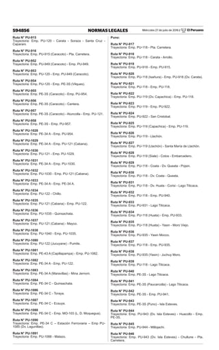 Miércoles 27 de julio de 2016 / El Peruano
594856 NORMAS LEGALES
Ruta N° PU-915
Trayectoria: Emp. PU-120 - Carata - Soraza - Santa Cruz -
Caparani.
Ruta N° PU-916
Trayectoria: Emp. PU-915 (Caracoto) - Pta. Carretera.
Ruta N° PU-952
Trayectoria: Emp. PU-949 (Caracoto) - Emp. PU-949.
Ruta N° PU-953
Trayectoria: Emp. PU-120 - Emp. PU-949 (Caracoto).
Ruta N° PU-954
Trayectoria: Emp. PU-120 - Emp. PE-3S (Vilques).
Ruta N° PU-955
Trayectoria: Emp. PE-3S (Caracoto) - Emp. PU-954.
Ruta N° PU-956
Trayectoria: Emp. PE-3S (Caracoto) - Cantera.
Ruta N° PU-957
Trayectoria: Emp. PE-3S (Caracoto) - Atuncolla - Emp. PU-121.
Ruta N° PU-958
Trayectoria: Emp. PE-3S - Emp. PU-957.
Ruta N° PU-1028
Trayectoria: Emp. PE-34 A - Emp. PU-954.
Ruta N° PU-1029
Trayectoria: Emp. PE-34 A - Emp. PU-121 (Cabana).
Ruta N° PU-1030
Trayectoria: Emp. PU-121 - Emp. PU-1029.
Ruta N° PU-1031
Trayectoria: Emp. PE-34 A - Emp. PU-1030.
Ruta N° PU-1032
Trayectoria: Emp. PU-1030 - Emp. PU-121 (Cabana).
Ruta N° PU-1033
Trayectoria: Emp. PE-34 A - Emp. PE-34 A.
Ruta N° PU-1034
Trayectoria: Emp. PU-122 - Chillo.
Ruta N° PU-1035
Trayectoria: Emp. PU-121 (Cabana) - Emp. PU-122.
Ruta N° PU-1036
Trayectoria: Emp. PU-1035 - Quinsachata.
Ruta N° PU-1037
Trayectoria: Emp. PU-121 (Cabana) - Mayco.
Ruta N° PU-1038
Trayectoria: Emp. PU-1040 - Emp. PU-1035.
Ruta N° PU-1080
Trayectoria: Emp. PU-122 (Jucuyane) - Pumite.
Ruta N° PU-1081
Trayectoria: Emp. PE-43 A (Capillapampa) - Emp. PU-1082.
Ruta N° PU-1082
Trayectoria: Emp. PE-34 A - Emp. PU-122.
Ruta N° PU-1083
Trayectoria: Emp. PE-34 A (Maravillas) - Mina Jernoni.
Ruta N° PU-1084
Trayectoria: Emp. PE-34 C - Quinsachata.
Ruta N° PU-1086
Trayectoria: Emp. PE-34 C - Toraya.
Ruta N° PU-1087
Trayectoria: Emp. PE-34 C - Ecsuya.
Ruta N° PU-1088
Trayectoria: Emp. PE-34 C - Emp. MO-103 (L. D. Moquegua).
Ruta N° PU-1090
Trayectoria: Emp. PE-34 C – Estación Ferroviaria – Emp PU-
1085 (Dv. Lagunillas).
Ruta N° PU-1091
Trayectoria: Emp. PU-1088 - Matazo.
Puno:
Ruta N° PU-917
Trayectoria: Emp. PU-118 - Pta. Carretera.
Ruta N° PU-918
Trayectoria: Emp. PU-118 - Carata - Arrollo.
Ruta N° PU-919
Trayectoria: Emp. PU-918 - Emp. PU-915.
Ruta N° PU-920
Trayectoria: Emp. PU-118 (Isañura) - Emp. PU-918 (Dv. Carata).
Ruta N° PU-921
Trayectoria: Emp. PU-118 - Emp. PU-118.
Ruta N° PU-922
Trayectoria: Emp. PU-119 (Dv. Capachica) - Emp. PU-118.
Ruta N° PU-923
Trayectoria: Emp. PU-119 - Emp. PU-922.
Ruta N° PU-924
Trayectoria: Emp. PU-922 - San Cristobal.
Ruta N° PU-925
Trayectoria: Emp. PU-119 (Capachica) - Emp. PU-119.
Ruta N° PU-926
Trayectoria: Emp. PU-119 - Llachón.
Ruta N° PU-927
Trayectoria: Emp. PU-119 (Llachón) - Santa María de Llachón.
Ruta N° PU-928
Trayectoria: Emp. PU-119 (Siale) - Cotos - Embarcadero.
Ruta N° PU-929
Trayectoria: Emp. PU-118 - Coata - Dv. Queata - Pojsin.
Ruta N° PU-930
Trayectoria: Emp. PU-118 - Dv. Coata - Queata.
Ruta N° PU-931
Trayectoria: Emp. PU-118 - Dv. Huata - Corisi - Lago Titicaca.
Ruta N° PU-932
Trayectoria: Emp. PU-118 - Emp. PU-940.
Ruta N° PU-933
Trayectoria: Emp. PU-931 - Lago Titicaca.
Ruta N° PU-934
Trayectoria: Emp. PU-118 (Huata) - Emp. PU-933.
Ruta N° PU-935
Trayectoria: Emp. PU-118 (Huata) - Yasin - Moro Viejo.
Ruta N° PU-936
Trayectoria: Emp. PU-935 - Yasin Mocco.
Ruta N° PU-937
Trayectoria: Emp. PU-118 - Emp. PU-935.
Ruta N° PU-938
Trayectoria: Emp. PU-935 (Yasin) - Juchuy Moro.
Ruta N° PU-939
Trayectoria: Emp. PU-118 - Lago Titicaca.
Ruta N° PU-940
Trayectoria: Emp. PE-3S - Lago Titicaca.
Ruta N° PU-941
Trayectoria: Emp. PE-3S (Paucarcolla) - Lago Titicaca.
Ruta N° PU-942
Trayectoria: Emp. PE-3S - Emp. PU-941.
Ruta N° PU-943
Trayectoria: Emp. PE-3S (Puno) - Isla Esteves.
Ruta N° PU-944
Trayectoria: Emp. PU-943 (Dv. Isla Esteves) - Huacollo - Emp.
PE-3S.
Ruta N° PU-945
Trayectoria: Emp. PU-944 - Millojachi.
Ruta N° PU-946
Trayectoria: Emp. PU-943 (Dv. Isla Esteves) - Chullune - Pta.
Carretera.
 
