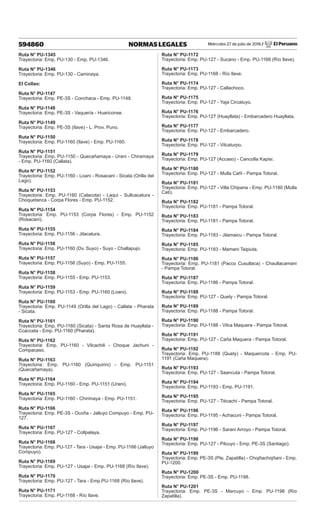Miércoles 27 de julio de 2016 / El Peruano
594860 NORMAS LEGALES
Ruta N° PU-1345
Trayectoria: Emp. PU-130 - Emp. PU-1346.
Ruta N° PU-1346
Trayectoria: Emp. PU-130 - Caminaya.
El Collao:
Ruta N° PU-1147
Trayectoria: Emp. PE-3S - Conchaca - Emp. PU-1148.
Ruta N° PU-1148
Trayectoria: Emp. PE-3S - Vaquería - Huariconse.
Ruta N° PU-1149
Trayectoria: Emp. PE-3S (Ilave) - L. Prov. Puno.
Ruta N° PU-1150
Trayectoria: Emp. PU-1160 (Ilave) - Emp. PU-1160.
Ruta N° PU-1151
Trayectoria: Emp. PU-1150 - Quecañamaya - Urani - Chiramaya
- Emp. PU-1160 (Callata).
Ruta N° PU-1152
Trayectoria: Emp. PU-1160 - Loani - Rosacani - Sicata (Orilla del
Lago).
Ruta N° PU-1153
Trayectoria: Emp. PU-1160 (Calacota) - Laqui - Sullcacatura -
Choquetanca - Corpa Flores - Emp. PU-1152.
Ruta N° PU-1154
Trayectoria: Emp. PU-1153 (Corpa Flores) - Emp. PU-1152
(Rosacani).
Ruta N° PU-1155
Trayectoria: Emp. PU-1156 - Jilacatura.
Ruta N° PU-1156
Trayectoria: Emp. PU-1160 (Dv. Suyo) - Suyo - Challapujo.
Ruta N° PU-1157
Trayectoria: Emp. PU-1156 (Suyo) - Emp. PU-1155.
Ruta N° PU-1158
Trayectoria: Emp. PU-1155 - Emp. PU-1153.
Ruta N° PU-1159
Trayectoria: Emp. PU-1153 - Emp. PU-1160 (Loani).
Ruta N° PU-1160
Trayectoria: Emp. PU-1149 (Orilla del Lago) - Callata - Pharata
- Sicata.
Ruta N° PU-1161
Trayectoria: Emp. PU-1160 (Sicata) - Santa Rosa de Huayllata -
Ccaccata - Emp. PU-1160 (Pharata).
Ruta N° PU-1162
Trayectoria: Emp. PU-1160 - Vilcachili - Choque Jachuni -
Compacaso.
Ruta N° PU-1163
Trayectoria: Emp. PU-1160 (Quiriquirini) - Emp. PU-1151
(Quecañamaya).
Ruta N° PU-1164
Trayectoria: Emp. PU-1160 - Emp. PU-1151 (Urani).
Ruta N° PU-1165
Trayectoria: Emp. PU-1160 - Chirimaya - Emp. PU-1151.
Ruta N° PU-1166
Trayectoria: Emp. PE-3S - Ocoña - Jalluyo Compuyo - Emp. PU-
127.
Ruta N° PU-1167
Trayectoria: Emp. PU-127 - Collpalaya.
Ruta N° PU-1168
Trayectoria: Emp. PU-127 - Tara - Usajai - Emp. PU-1166 (Jalluyo
Compuyo).
Ruta N° PU-1169
Trayectoria: Emp. PU-127 - Usajai - Emp. PU-1168 (Río Ilave).
Ruta N° PU-1170
Trayectoria: Emp. PU-127 - Tara - Emp.PU-1168 (Río Ilave).
Ruta N° PU-1171
Trayectoria: Emp. PU-1168 - Río Ilave.
Ruta N° PU-1172
Trayectoria: Emp. PU-127 - Sucano - Emp. PU-1168 (Río Ilave).
Ruta N° PU-1173
Trayectoria: Emp. PU-1168 - Río Ilave.
Ruta N° PU-1174
Trayectoria: Emp. PU-127 - Callachoco.
Ruta N° PU-1175
Trayectoria: Emp. PU-127 - Yaja Circatuyo.
Ruta N° PU-1176
Trayectoria: Emp. PU-127 (Huayllata) - Embarcadero Huayllata.
Ruta N° PU-1177
Trayectoria: Emp. PU-127 - Embarcadero.
Ruta N° PU-1178
Trayectoria: Emp. PU-127 - Vilcaturpo.
Ruta N° PU-1179
Trayectoria: Emp. PU-127 (Accaso) - Cancolla Kapisi.
Ruta N° PU-1180
Trayectoria: Emp. PU-127 - Mulla Cañi - Pampa Totoral.
Ruta N° PU-1181
Trayectoria: Emp. PU-127 - Villa Chipana - Emp. PU-1180 (Mulla
Cati).
Ruta N° PU-1182
Trayectoria: Emp. PU-1181 - Pampa Totoral.
Ruta N° PU-1183
Trayectoria: Emp. PU-1181 - Pampa Totoral.
Ruta N° PU-1184
Trayectoria: Emp. PU-1183 - Jilamaicu - Pampa Totoral.
Ruta N° PU-1185
Trayectoria: Emp. PU-1183 - Mamani Taipiuta.
Ruta N° PU-1186
Trayectoria: Emp. PU-1181 (Pacco Cusullaca) - Chaullacamani
- Pampa Totoral.
Ruta N° PU-1187
Trayectoria: Emp. PU-1186 - Pampa Totoral.
Ruta N° PU-1188
Trayectoria: Emp. PU-127 - Quety - Pampa Totoral.
Ruta N° PU-1189
Trayectoria: Emp. PU-1188 - Pampa Totoral.
Ruta N° PU-1190
Trayectoria: Emp. PU-1188 - Vilca Maquera - Pampa Totoral.
Ruta N° PU-1191
Trayectoria: Emp. PU-127 - Caña Maquera - Pampa Totoral.
Ruta N° PU-1192
Trayectoria: Emp. PU-1188 (Quety) - Maquercota - Emp. PU-
1191 (Caña Maquera).
Ruta N° PU-1193
Trayectoria: Emp. PU-127 - Saancuta - Pampa Totoral.
Ruta N° PU-1194
Trayectoria: Emp. PU-1193 - Emp. PU-1191.
Ruta N° PU-1195
Trayectoria: Emp. PU-127 - Titicachi - Pampa Totoral.
Ruta N° PU-1196
Trayectoria: Emp. PU-1195 - Achacuni - Pampa Totoral.
Ruta N° PU-1197
Trayectoria: Emp. PU-1196 - Sarani Arroyo - Pampa Totoral.
Ruta N° PU-1198
Trayectoria: Emp. PU-127 - Pilcuyo - Emp. PE-3S (Santiago).
Ruta N° PU-1199
Trayectoria: Emp. PE-3S (Pte. Zapatilla) - Chojñachojñani - Emp.
PU-1200.
Ruta N° PU-1200
Trayectoria: Emp. PE-3S - Emp. PU-1198.
Ruta N° PU-1201
Trayectoria: Emp. PE-3S - Marcuyo - Emp. PU-1198 (Río
Zapatilla).
 