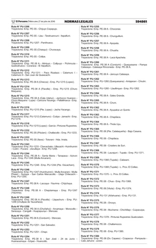 El Peruano / Miércoles 27 de julio de 2016 594861
NORMAS LEGALES
Ruta N° PU-1206
Trayectoria: Emp. PE-3S - Chijuyo Copapujo.
Ruta N° PU-1207
Trayectoria: Emp. PE-3S - Llau - Tarahuancuni - Itapalluni.
Ruta N° PU-1208
Trayectoria: Emp. PU-1207 - Pantihueco.
Ruta N° PU-1209
Trayectoria: Emp. PE-3S (Chasqui) - Churacaya.
Ruta N° PU-1210
Trayectoria: Emp. PE-3S - Collpa.
Ruta N° PU-1211
Trayectoria: Emp. PE-38 A - Alintuyo - Collpuyo - Pichincuta -
Quelcahueco - Coraraca - IE Itapalluni.
Ruta N° PU-1212
Trayectoria: Emp. PU-1211 - Paco Rizalazo - Catamuro I -
Catamuro II - San Juan de Queacachi.
Ruta N° PU-1213
Trayectoria: Emp. PE-38 A (Checca) - Emp. PU-1215 (Lopez).
Ruta N° PU-1214
Trayectoria: Emp. PE-38 A (Pacolla) - Emp. PU-1215 (Churo
Maquera).
Ruta N° PU-1215
Trayectoria: Emp. PE-38 A (Cala Utahui) - Jachocco Huaraco -
Churo Maquera - Lopez - Cancora Yacango - Pallallmarca - Emp.
PE-38 A.
Ruta N° PU-1216
Trayectoria: Emp. PU-1215 (Pte. Lopez) - Jacha Yacango.
Ruta N° PU-1217
Trayectoria: Emp. PU-1212 (Catamuro) - Cutipa - Jamachi - Emp.
PU-1218.
Ruta N° PU-1218
Trayectoria: Emp. PU-1215 (Lopez) - García - Pinturas Rupestres.
Ruta N° PU-1232
Trayectoria: Emp. PE-3S (Pitutani) - Challacollo - Emp. PU-1233.
Ruta N° PU-1233
Trayectoria: Emp. PE-3S (Ilave) - Totorani - Hda. Imata.
Ruta N° PU-1243
Trayectoria: Emp. PU-1233 - Checachata - Ullacachi - Huinihuinini
- Cutini - Pucara - Jiscullaya - Emp. PU-1248.
Ruta N° PU-1244
Trayectoria: Emp. PE-38 A - Santa Maria - Tanapaca - Aziruni
Laca - Emp. PU-1246 (Mulla Ancarani).
Ruta N° PU-1245
Trayectoria: Emp. PU-1248 - Emp. PU-1244 (Pte. Viscachani).
Ruta N° PU-1246
Trayectoria: Emp. PU-1247 (Huinihuinini) - Mulla Ancarani - Mulla
Phasiri - Suiraya - San Carlos Marcacollo - Utaja Chilacachi -
Emp. PU-1250.
Ruta N° PU-1247
Trayectoria: Emp. PE-38 A - Laccaya - Yaurima - Chijichaya.
Ruta N° PU-1248
Trayectoria: Emp. PE-38 A - Chejotamaya - Emp. PU-1247
(Yaurima).
Ruta N° PU-1249
Trayectoria: Emp. PE-38 A (Pacolla) - Llapachuro - Emp. PU-
1246 (Chullpas de Taucañaca).
Ruta N° PU-1250
Trayectoria: Emp. PE-38 A (Chuñahui) - Arcamaya - Morocollo -
Saracaya - Cangalli - Huajrapurqui - Wencasi.
Ruta N° PU-1251
Trayectoria: Emp. PE-38 A (Conduriri) - Wencasi.
Ruta N° PU-1252
Trayectoria: Emp. PU-1251 - San Salvador.
Ruta N° PU-1253
Trayectoria: Emp. PU-1251 - Chapi.
Ruta N° PU-1254
Trayectoria: Emp. PE-38 A - San José - 24 de Junio -
Huanacamaya - Ichjasi - Huancollo.
Ruta N° PU-1255
Trayectoria: Emp. PE-38 A - Chocorasi.
Ruta N° PU-1256
Trayectoria: Emp. PE-38 A - Chunguilluni.
Ruta N° PU-1257
Trayectoria: Emp. PE-36 A - Apopata.
Ruta N° PU-1258
Trayectoria: Emp. PE-36 A - Chuaña.
Ruta N° PU-1259
Trayectoria: Emp. PE-36 A - Laca Apacheta.
Ruta N° PU-1260
Trayectoria: Emp. PE-38 A (Conduriri) - Quequesana - Pampa
Calasaya - Calasaya Rinconada - Emp. PE-36 A.
Ruta N° PU-1261
Trayectoria: Emp. PE-36 A - Jancuyo Calasaya.
Ruta N° PU-1262
Trayectoria: Emp. PU-1260 (Quequesana) - Antajarani - Chiutiri.
Ruta N° PU-1263
Trayectoria: Emp. PU-1260 - Llaullinque - Emp. PU-1262.
Ruta N° PU-1264
Trayectoria: Emp. PE-38 A - Sales Grande.
Ruta N° PU-1265
Trayectoria: Emp. PE-36 A - Ciruni.
Ruta N° PU-1362
Trayectoria: Emp. PE-36 A - Ayupalca un Quinto
Ruta N° PU-1363
Trayectoria: Emp. PE-36 A - Chapilaca.
Ruta N° PU-1364
Trayectoria: Emp. PE-36 A - Thola Uyu.
Ruta N° PU-1365
Trayectoria: Emp. PE-38 (Pte. Calalaqueña) - Bajo Casana.
Ruta N° PU-1366
Trayectoria: Emp. PE-38 - Chapilaca.
Ruta N° PU-1367
Trayectoria: Emp. PE-38 - Criadero de Suri.
Ruta N° PU-1368
Trayectoria: Emp. PE-38 - Laurajuni - Tupala - Emp. PU-1371.
Ruta N° PU-1369
Trayectoria: Emp. PU-1368 (Tupala) - Calasani.
Ruta N° PU-1370
Trayectoria: Emp. PU-1368 (Tupala) - L. Prov. El Collao.
Ruta N° PU-1371
Trayectoria: Emp. PU-1370 - L. Prov. El Collao.
Ruta N° PU-1372
Trayectoria: Emp. PE-38 - Chua - Emp. PU-1368.
Ruta N° PU-1373
Trayectoria: Emp. PE-38 (Viluta) - Emp. PU-1374.
Ruta N° PU-1374
Trayectoria: Emp. PU-131 (Añahuane) - Emp. PU-131.
Ruta N° PU-1375
Trayectoria: Emp. PE-38 - Orcoyo.
Ruta N° PU-1376
Trayectoria: Emp. PE-38 - Muchama - Chichillapi - Cuipacuipa.
Ruta N° PU-1377
Trayectoria: Emp. PU-1378 - Pinturas Rupestres Quelccatani.
Ruta N° PU-1378
Trayectoria: Emp. PE-38 - Challamocco.
Ruta N° PU-1379
Trayectoria: Emp. PE-38 - Emp. PU-1380.
Ruta N° PU-1380
Trayectoria: Emp. PE-38 (Dv. Capaso) - Ccapacca - Pampauta -
Cala Jahuira - Jurani.
 