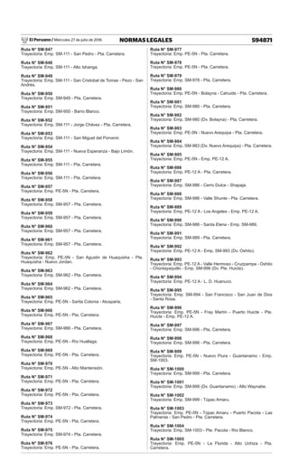 El Peruano / Miércoles 27 de julio de 2016 594871
NORMAS LEGALES
Ruta N° SM-947
Trayectoria: Emp. SM-111 - San Pedro - Pta. Carretera.
Ruta N° SM-948
Trayectoria: Emp. SM-111 - Alto Ishanga.
Ruta N° SM-949
Trayectoria: Emp. SM-111 - San Cristobal de Tomas - Pezo - San
Andrés.
Ruta N° SM-950
Trayectoria: Emp. SM-949 - Pta. Carretera.
Ruta N° SM-951
Trayectoria: Emp. SM-950 - Barro Blanco.
Ruta N° SM-952
Trayectoria: Emp. SM-111 - Jorge Chávez - Pta. Carretera.
Ruta N° SM-953
Trayectoria: Emp. SM-111 - San Miguel del Porvenir.
Ruta N° SM-954
Trayectoria: Emp. SM-111 - Nueva Esperanza - Bajo Limón.
Ruta N° SM-955
Trayectoria: Emp. SM-111 - Pta. Carretera.
Ruta N° SM-956
Trayectoria: Emp. SM-111 - Pta. Carretera.
Ruta N° SM-957
Trayectoria: Emp. PE-5N - Pta. Carretera.
Ruta N° SM-958
Trayectoria: Emp. SM-957 - Pta. Carretera.
Ruta N° SM-959
Trayectoria: Emp. SM-957 - Pta. Carretera.
Ruta N° SM-960
Trayectoria: Emp. SM-957 - Pta. Carretera.
Ruta N° SM-961
Trayectoria: Emp. SM-957 - Pta. Carretera.
Ruta N° SM-962
Trayectoria: Emp. PE-5N - San Agustin de Huaquisha - Pte.
Huaquisha - Nuevo Jordan.
Ruta N° SM-963
Trayectoria: Emp. SM-962 - Pta. Carretera.
Ruta N° SM-964
Trayectoria: Emp. SM-962 - Pta. Carretera.
Ruta N° SM-965
Trayectoria: Emp. PE-5N - Sarita Colonia - Atusparia.
Ruta N° SM-966
Trayectoria: Emp. PE-5N - Pta. Carretera.
Ruta N° SM-967
Trayectoria: Emp. SM-966 - Pta. Carretera.
Ruta N° SM-968
Trayectoria: Emp. PE-5N - Río Huallaga.
Ruta N° SM-969
Trayectoria: Emp. PE-5N - Pta. Carretera.
Ruta N° SM-970
Trayectoria: Emp. PE-5N - Alto Mantensión.
Ruta N° SM-971
Trayectoria: Emp. PE-5N - Pta. Carretera.
Ruta N° SM-972
Trayectoria: Emp. PE-5N - Pta. Carretera.
Ruta N° SM-973
Trayectoria: Emp. SM-972 - Pta. Carretera.
Ruta N° SM-974
Trayectoria: Emp. PE-5N - Pta. Carretera.
Ruta N° SM-975
Trayectoria: Emp. SM-974 - Pta. Carretera.
Ruta N° SM-976
Trayectoria: Emp. PE-5N - Pta. Carretera.
Ruta N° SM-977
Trayectoria: Emp. PE-5N - Pta. Carretera.
Ruta N° SM-978
Trayectoria: Emp. PE-5N - Pta. Carretera.
Ruta N° SM-979
Trayectoria: Emp. SM-978 - Pta. Carretera.
Ruta N° SM-980
Trayectoria: Emp. PE-5N - Bolayna - Cahuide - Pta. Carretera.
Ruta N° SM-981
Trayectoria: Emp. SM-980 - Pta. Carretera.
Ruta N° SM-982
Trayectoria: Emp. SM-980 (Dv. Bolayna) - Pta. Carretera.
Ruta N° SM-983
Trayectoria: Emp. PE-5N - Nuevo Arequipa - Pta. Carretera.
Ruta N° SM-984
Trayectoria: Emp. SM-983 (Dv. Nuevo Arequipa) - Pta. Carretera.
Ruta N° SM-985
Trayectoria: Emp. PE-5N - Emp. PE-12 A.
Ruta N° SM-986
Trayectoria: Emp. PE-12 A - Pta. Carretera.
Ruta N° SM-987
Trayectoria: Emp. SM-986 - Cerro Dulce - Shapaja.
Ruta N° SM-988
Trayectoria: Emp. SM-986 - Valle Shunte - Pta. Carretera.
Ruta N° SM-989
Trayectoria: Emp. PE-12 A - Los Angeles - Emp. PE-12 A.
Ruta N° SM-990
Trayectoria: Emp. SM-986 - Santa Elena - Emp. SM-989.
Ruta N° SM-991
Trayectoria: Emp. SM-989 - Pta. Carretera.
Ruta N° SM-992
Trayectoria: Emp. PE-12 A - Emp. SM-993 (Dv. Oshito).
Ruta N° SM-993
Trayectoria: Emp. PE-12 A - Valle Hermoso - Cruzpampa - Oshito
- Chontayaquillo - Emp. SM-996 (Dv. Pte. Huicte).
Ruta N° SM-994
Trayectoria: Emp. PE-12 A - L. D. Huanuco.
Ruta N° SM-995
Trayectoria: Emp. SM-994 - San Francisco - San Juan de Dios
- Santa Rosa.
Ruta N° SM-996
Trayectoria: Emp. PE-5N - Fray Martín - Puerto Huicte - Pte.
Huicte - Emp. PE-12 A.
Ruta N° SM-997
Trayectoria: Emp. SM-996 - Pta. Carretera.
Ruta N° SM-998
Trayectoria: Emp. SM-996 - Pta. Carretera.
Ruta N° SM-999
Trayectoria: Emp. PE-5N - Nuevo Piura - Guantanamo - Emp.
SM-1003.
Ruta N° SM-1000
Trayectoria: Emp. SM-999 - Pta. Carretera.
Ruta N° SM-1001
Trayectoria: Emp. SM-999 (Dv. Guantanamo) - Alto Waynabe.
Ruta N° SM-1002
Trayectoria: Emp. SM-999 - Túpac Amaru.
Ruta N° SM-1003
Trayectoria: Emp. PE-5N - Túpac Amaru - Puerto Pacota - Las
Palmeras - San Pedro - Pta. Carretera.
Ruta N° SM-1004
Trayectoria: Emp. SM-1003 - Pte. Pacota - Río Blanco.
Ruta N° SM-1005
Trayectoria: Emp. PE-5N - La Florida - Alto Uchiza - Pta.
Carretera.
 