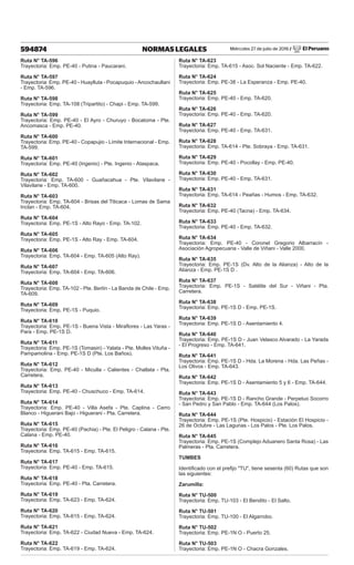 Miércoles 27 de julio de 2016 / El Peruano
594874 NORMAS LEGALES
Ruta N° TA-596
Trayectoria: Emp. PE-40 - Putina - Paucarani.
Ruta N° TA-597
Trayectoria: Emp. PE-40 - Huaylluta - Pocapuquio - Ancochaullani
- Emp. TA-596.
Ruta N° TA-598
Trayectoria: Emp. TA-108 (Tripartito) - Chapi - Emp. TA-599.
Ruta N° TA-599
Trayectoria: Emp. PE-40 - El Ayro - Churuyo - Bocatoma - Pte.
Ancomasca - Emp. PE-40.
Ruta N° TA-600
Trayectoria: Emp. PE-40 - Copapujio - Límite Internacional - Emp.
TA-599.
Ruta N° TA-601
Trayectoria: Emp. PE-40 (Ingenio) - Pte. Ingenio - Ataspaca.
Ruta N° TA-602
Trayectoria: Emp. TA-600 - Guañacahua - Pte. Vilavilane -
Vilavilane - Emp. TA-600.
Ruta N° TA-603
Trayectoria: Emp. TA-604 - Brisas del Titicaca - Lomas de Sama
Inclan - Emp. TA-604.
Ruta N° TA-604
Trayectoria: Emp. PE-1S - Alto Rayo - Emp. TA-102.
Ruta N° TA-605
Trayectoria: Emp. PE-1S - Alto Ray - Emp. TA-604.
Ruta N° TA-606
Trayectoria: Emp. TA-604 - Emp. TA-605 (Alto Ray).
Ruta N° TA-607
Trayectoria: Emp. TA-604 - Emp. TA-606.
Ruta N° TA-608
Trayectoria: Emp. TA-102 - Pte. Berlín - La Banda de Chile - Emp.
TA-609.
Ruta N° TA-609
Trayectoria: Emp. PE-1S - Puquio.
Ruta N° TA-610
Trayectoria: Emp. PE-1S - Buena Vista - Miraflores - Las Yaras -
Para - Emp. PE-1S D.
Ruta N° TA-611
Trayectoria: Emp. PE-1S (Tomasiri) - Yalata - Pte. Molles Vituña -
Pampamolina - Emp. PE-1S D (Pte. Los Baños).
Ruta N° TA-612
Trayectoria: Emp. PE-40 - Miculla - Calientes - Challata - Pta.
Carretera.
Ruta N° TA-613
Trayectoria: Emp. PE-40 - Chuschuco - Emp. TA-614.
Ruta N° TA-614
Trayectoria: Emp. PE-40 - Villa Asefa - Pte. Caplina - Cerro
Blanco - Higuerani Bajo - Higuerani - Pta. Carretera.
Ruta N° TA-615
Trayectoria: Emp. PE-40 (Pachia) - Pte. El Peligro - Calana - Pte.
Calana - Emp. PE-40.
Ruta N° TA-616
Trayectoria: Emp. TA-615 - Emp. TA-615.
Ruta N° TA-617
Trayectoria: Emp. PE-40 - Emp. TA-615.
Ruta N° TA-618
Trayectoria: Emp. PE-40 - Pta. Carretera.
Ruta N° TA-619
Trayectoria: Emp. TA-623 - Emp. TA-624.
Ruta N° TA-620
Trayectoria: Emp. TA-615 - Emp. TA-624.
Ruta N° TA-621
Trayectoria: Emp. TA-622 - Ciudad Nueva - Emp. TA-624.
Ruta N° TA-622
Trayectoria: Emp. TA-619 - Emp. TA-624.
Ruta N° TA-623
Trayectoria: Emp. TA-615 - Asoc. Sol Naciente - Emp. TA-622.
Ruta N° TA-624
Trayectoria: Emp. PE-38 - La Esperanza - Emp. PE-40.
Ruta N° TA-625
Trayectoria: Emp. PE-40 - Emp. TA-620.
Ruta N° TA-626
Trayectoria: Emp. PE-40 - Emp. TA-620.
Ruta N° TA-627
Trayectoria: Emp. PE-40 - Emp. TA-631.
Ruta N° TA-628
Trayectoria: Emp. TA-614 - Pte. Sobraya - Emp. TA-631.
Ruta N° TA-629
Trayectoria: Emp. PE-40 - Pocollay - Emp. PE-40.
Ruta N° TA-630
Trayectoria: Emp. PE-40 - Emp. TA-631.
Ruta N° TA-631
Trayectoria: Emp. TA-614 - Peañas - Humos - Emp. TA-632.
Ruta N° TA-632
Trayectoria: Emp. PE-40 (Tacna) - Emp. TA-634.
Ruta N° TA-633
Trayectoria: Emp. PE-40 - Emp. TA-632.
Ruta N° TA-634
Trayectoria: Emp. PE-40 - Coronel Gregorio Albarracín -
Asociación Agropecuaria - Valle de Viñani - Valle 2000.
Ruta N° TA-635
Trayectoria: Emp. PE-1S (Dv. Alto de la Alianza) - Alto de la
Alianza - Emp. PE-1S D .
Ruta N° TA-637
Trayectoria: Emp. PE-1S - Satélite del Sur - Viñani - Pta.
Carretera.
Ruta N° TA-638
Trayectoria: Emp. PE-1S D - Emp. PE-1S.
Ruta N° TA-639
Trayectoria: Emp. PE-1S D - Asentamiento 4.
Ruta N° TA-640
Trayectoria: Emp. PE-1S D - Juan Velasco Alvarado - La Yarada
- El Progreso - Emp. TA-641.
Ruta N° TA-641
Trayectoria: Emp. PE-1S D - Hda. La Morena - Hda. Las Peñas -
Los Olivos - Emp. TA-643.
Ruta N° TA-642
Trayectoria: Emp. PE-1S D - Asentamiento 5 y 6 - Emp. TA-644.
Ruta N° TA-643
Trayectoria: Emp. PE-1S D - Rancho Grande - Perpetuo Socorro
- San Pedro y San Pablo - Emp. TA-644 (Los Palos).
Ruta N° TA-644
Trayectoria: Emp. PE-1S (Pte. Hospicio) - Estación El Hospicio -
26 de Octubre - Las Lagunas - Los Palos - Pte. Los Palos.
Ruta N° TA-645
Trayectoria: Emp. PE-1S (Complejo Aduanero Santa Rosa) - Las
Palmeras - Pta. Carretera.
TUMBES
Identificado con el prefijo "TU", tiene sesenta (60) Rutas que son
las siguientes:
Zarumilla:
Ruta N° TU-500
Trayectoria: Emp. TU-103 - El Bendito - El Salto.
Ruta N° TU-501
Trayectoria: Emp. TU-100 - El Algarrobo.
Ruta N° TU-502
Trayectoria: Emp. PE-1N O - Puerto 25.
Ruta N° TU-503
Trayectoria: Emp. PE-1N O - Chacra Gonzales.
 