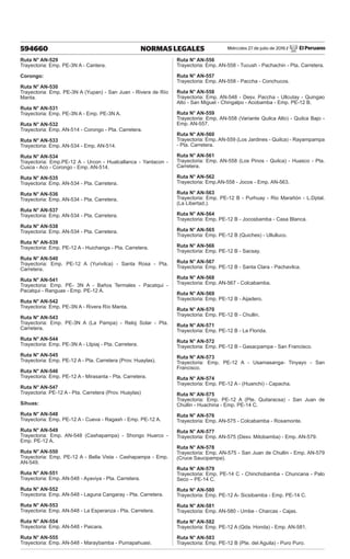 Miércoles 27 de julio de 2016 / El Peruano
594660 NORMAS LEGALES
Ruta N° AN-529
Trayectoria: Emp. PE-3N A - Cantera.
Corongo:
Ruta N° AN-530
Trayectoria: Emp. PE-3N A (Yupan) - San Juan - Rivera de Río
Manta.
Ruta N° AN-531
Trayectoria: Emp. PE-3N A - Emp. PE-3N A.
Ruta N° AN-532
Trayectoria: Emp. AN-514 - Corongo - Pta. Carretera.
Ruta N° AN-533
Trayectoria: Emp. AN-534 - Emp. AN-514.
Ruta N° AN-534
Trayectoria: Emp.PE-12 A - Urcon - Hualcallanca - Yantacon -
Cusca - Aco - Corongo - Emp. AN-514.
Ruta N° AN-535
Trayectoria: Emp. AN-534 - Pta. Carretera.
Ruta N° AN-536
Trayectoria: Emp. AN-534 - Pta. Carretera.
Ruta N° AN-537
Trayectoria: Emp. AN-534 - Pta. Carretera.
Ruta N° AN-538
Trayectoria: Emp. AN-534 - Pta. Carretera.
Ruta N° AN-539
Trayectoria: Emp. PE-12 A - Huichanga - Pta. Carretera.
Ruta N° AN-540
Trayectoria: Emp. PE-12 A (Yurivilca) - Santa Rosa - Pta.
Carretera.
Ruta N° AN-541
Trayectoria: Emp. PE- 3N A - Baños Termales - Pacatqui -
Pacatqui - Ranguas - Emp. PE-12 A.
Ruta N° AN-542
Trayectoria: Emp. PE-3N A - Rivera Río Manta.
Ruta N° AN-543
Trayectoria: Emp. PE-3N A (La Pampa) - Reloj Solar - Pta.
Carretera.
Ruta N° AN-544
Trayectoria: Emp. PE-3N A - Llipiaj - Pta. Carretera.
Ruta N° AN-545
Trayectoria: Emp. PE-12 A - Pta. Carretera (Prov. Huaylas).
Ruta N° AN-546
Trayectoria: Emp. PE-12 A - Mirasanta - Pta. Carretera.
Ruta N° AN-547
Trayectoria: PE-12 A - Pta. Carretera (Prov. Huaylas)
Sihuas:
Ruta N° AN-548
Trayectoria: Emp. PE-12 A - Cueva - Ragash - Emp. PE-12 A.
Ruta N° AN-549
Trayectoria: Emp. AN-548 (Cashapampa) - Shongo Huarco -
Emp. PE-12 A.
Ruta N° AN-550
Trayectoria: Emp. PE-12 A - Bella Vista - Cashapampa - Emp.
AN-549.
Ruta N° AN-551
Trayectoria: Emp. AN-548 - Ayaviya - Pta. Carretera.
Ruta N° AN-552
Trayectoria: Emp. AN-548 - Laguna Cangaray - Pta. Carretera.
Ruta N° AN-553
Trayectoria: Emp. AN-548 - La Esperanza - Pta. Carretera.
Ruta N° AN-554
Trayectoria: Emp. AN-548 - Paicara.
Ruta N° AN-555
Trayectoria: Emp. AN-548 - Maraybamba - Pumapahuasi.
Ruta N° AN-556
Trayectoria: Emp. AN-558 - Tucush - Pachachin - Pta. Carretera.
Ruta N° AN-557
Trayectoria: Emp. AN-558 - Paccha - Conchucos.
Ruta N° AN-558
Trayectoria: Emp. AN-548 - Desv. Paccha - Ullcutay - Quingao
Alto - San Miguel - Chingalpo - Acobamba - Emp. PE-12 B.
Ruta N° AN-559
Trayectoria: Emp. AN-558 (Variante Quilca Alto) - Quilca Bajo -
Emp. AN-557.
Ruta N° AN-560
Trayectoria: Emp. AN-559 (Los Jardines - Quilca) - Rayampampa
- Pta. Carretera.
Ruta N° AN-561
Trayectoria: Emp. AN-558 (Los Pinos - Quilca) - Huasco - Pta.
Carretera.
Ruta N° AN-562
Trayectoria: Emp.AN-558 - Jocos - Emp. AN-563.
Ruta N° AN-563
Trayectoria: Emp. PE-12 B - Purhuay - Rio Marañón - L.Dptal.
(La Libertad.).
Ruta N° AN-564
Trayectoria: Emp. PE-12 B - Jocosbamba - Casa Blanca.
Ruta N° AN-565
Trayectoria: Emp. PE-12 B (Quiches) - Ullulluco.
Ruta N° AN-566
Trayectoria: Emp. PE-12 B - Sacsay.
Ruta N° AN-567
Trayectoria: Emp. PE-12 B - Santa Clara - Pachavilca.
Ruta N° AN-568
Trayectoria: Emp. AN-567 - Colcabamba.
Ruta N° AN-569
Trayectoria: Emp. PE-12 B - Aijadero.
Ruta N° AN-570
Trayectoria: Emp. PE-12 B - Chullin.
Ruta N° AN-571
Trayectoria: Emp. PE-12 B - La Florida.
Ruta N° AN-572
Trayectoria: Emp. PE-12 B - Gasacpampa - San Francisco.
Ruta N° AN-573
Trayectoria: Emp. PE-12 A - Usamasanga- Tinyayo - San
Francisco.
Ruta N° AN-574
Trayectoria: Emp. PE-12 A - (Huanchi) - Capacha.
Ruta N° AN-575
Trayectoria: Emp. PE-12 A (Pte. Quitaracsa) - San Juan de
Chullin - Huachina - Emp. PE-14 C.
Ruta N° AN-576
Trayectoria: Emp. AN-575 - Colcabamba - Rosamonte.
Ruta N° AN-577
Trayectoria: Emp. AN-575 (Desv. Mitobamba) - Emp. AN-579.
Ruta N° AN-578
Trayectoria: Emp. AN-575 - San Juan de Chullin - Emp. AN-579
(Cruce Saucipampa).
Ruta N° AN-579
Trayectoria: Emp. PE-14 C - Chinchobamba - Chuncana - Palo
Seco – PE-14 C.
Ruta N° AN-580
Trayectoria: Emp. PE-12 A- Sicsibamba - Emp. PE-14 C.
Ruta N° AN-581
Trayectoria: Emp. AN-580 - Umbe - Charcas - Cajas.
Ruta N° AN-582
Trayectoria: Emp. PE-12 A (Qda. Honda) - Emp. AN-581.
Ruta N° AN-583
Trayectoria: Emp. PE-12 B (Pte. del Aguila) - Puro Puro.
 