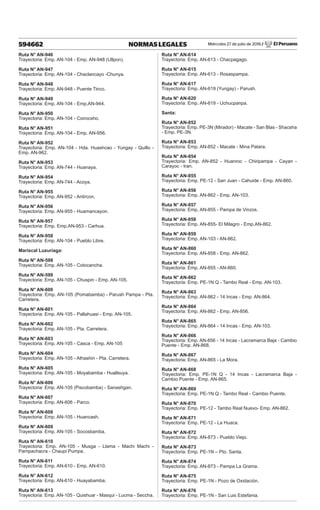 Miércoles 27 de julio de 2016 / El Peruano
594662 NORMAS LEGALES
Ruta N° AN-946
Trayectoria: Emp. AN-104 - Emp. AN-948 (Ullpon).
Ruta N° AN-947
Trayectoria: Emp. AN-104 - Chaclancayo -Chunya.
Ruta N° AN-948
Trayectoria: Emp. AN-948 - Puente Tinco.
Ruta N° AN-949
Trayectoria: Emp. AN-104 - Emp.AN-944.
Ruta N° AN-950
Trayectoria: Emp. AN-104 - Coirocsho.
Ruta N° AN-951
Trayectoria: Emp. AN-104 - Emp. AN-956.
Ruta N° AN-952
Trayectoria: Emp. AN-104 - Hda. Huashcao - Yungay - Quillo -
Emp. AN-962.
Ruta N° AN-953
Trayectoria: Emp. AN-744 - Huanaya.
Ruta N° AN-954
Trayectoria: Emp. AN-744 - Acoya.
Ruta N° AN-955
Trayectoria: Emp. AN-952 - Antircon.
Ruta N° AN-956
Trayectoria: Emp. AN-955 - Huamancayon.
Ruta N° AN-957
Trayectoria: Emp. Emp.AN-953 - Carhua.
Ruta N° AN-958
Trayectoria: Emp. AN-104 - Pueblo Libre.
Mariscal Luzuriaga:
Ruta N° AN-598
Trayectoria: Emp. AN-105 - Cotocancha.
Ruta N° AN-599
Trayectoria: Emp. AN-105 - Chuspin - Emp. AN-105.
Ruta N° AN-600
Trayectoria: Emp. AN-105 (Pomabamba) - Parush Pampa - Pta.
Carretera.
Ruta N° AN-601
Trayectoria: Emp. AN-105 - Pallahuasi - Emp. AN-105.
Ruta N° AN-602
Trayectoria: Emp. AN-105 - Pta. Carretera.
Ruta N° AN-603
Trayectoria: Emp. AN-105 - Casca - Emp. AN-105
Ruta N° AN-604
Trayectoria: Emp. AN-105 - Athashin - Pta. Carretera.
Ruta N° AN-605
Trayectoria: Emp. AN-105 - Moyabamba - Huallsuya.
Ruta N° AN-606
Trayectoria: Emp. AN-105 (Piscobamba) - Sanashgan.
Ruta N° AN-607
Trayectoria: Emp. AN-606 - Parco.
Ruta N° AN-608
Trayectoria: Emp. AN-105 - Huancash.
Ruta N° AN-609
Trayectoria: Emp. AN-105 - Socosbamba.
Ruta N° AN-610
Trayectoria: Emp. AN-105 - Musga - Llama - Machi Machi -
Pampachacra - Chaupi Pumpa.
Ruta N° AN-611
Trayectoria: Emp. AN-610 - Emp. AN-610.
Ruta N° AN-612
Trayectoria: Emp. AN-610 - Huayabamba.
Ruta N° AN-613
Trayectoria: Emp. AN-105 - Quishuar - Masqui - Lucma - Seccha.
Ruta N° AN-614
Trayectoria: Emp. AN-613 - Chacpagago.
Ruta N° AN-615
Trayectoria: Emp. AN-613 - Rosaspampa.
Ruta N° AN-617
Trayectoria: Emp. AN-619 (Yungay) - Parush.
Ruta N° AN-620
Trayectoria: Emp. AN-619 - Uchucpanpa.
Santa:
Ruta N° AN-852
Trayectoria: Emp. PE-3N (Mirador) - Macate - San Blas - Shacsha
- Emp. PE-3N.
Ruta N° AN-853
Trayectoria: Emp. AN-852 - Macate - Mina Patara.
Ruta N° AN-854
Trayectoria: Emp. AN-852 - Huanroc - Chiripampa - Cayan -
Carayoc - Iran.
Ruta N° AN-855
Trayectoria: Emp. PE-12 - San Juan - Cahuide - Emp. AN-860.
Ruta N° AN-856
Trayectoria: Emp. AN-862 - Emp. AN-103.
Ruta N° AN-857
Trayectoria: Emp. AN-855 - Pampa de Vinzos.
Ruta N° AN-858
Trayectoria: Emp. AN-855- El Milagro - Emp.AN-862.
Ruta N° AN-859
Trayectoria: Emp. AN-103 - AN-862.
Ruta N° AN-860
Trayectoria: Emp. AN-858 - Emp. AN-862.
Ruta N° AN-861
Trayectoria: Emp. AN-855 - AN-860.
Ruta N° AN-862
Trayectoria: Emp. PE-1N Q - Tambo Real - Emp. AN-103.
Ruta N° AN-863
Trayectoria: Emp. AN-862 - 14 Incas - Emp. AN-864.
Ruta N° AN-864
Trayectoria: Emp. AN-862 - Emp. AN-856.
Ruta N° AN-865
Trayectoria: Emp. AN-864 - 14 Incas - Emp. AN-103.
Ruta N° AN-866
Trayectoria: Emp. AN-856 - 14 Incas - Lacramarca Baja - Cambio
Puente - Emp. AN-868.
Ruta N° AN-867
Trayectoria: Emp. AN-865 - La Mora.
Ruta N° AN-868
Trayectoria: Emp. PE-1N Q - 14 Incas - Lacramarca Baja -
Cambio Puente - Emp. AN-865.
Ruta N° AN-869
Trayectoria: Emp. PE-1N Q - Tambo Real - Cambio Puente.
Ruta N° AN-870
Trayectoria: Emp. PE-12 - Tambo Real Nuevo- Emp. AN-862.
Ruta N° AN-871
Trayectoria: Emp. PE-12 - La Huaca.
Ruta N° AN-872
Trayectoria: Emp. AN-873 - Pueblo Viejo.
Ruta N° AN-873
Trayectoria: Emp. PE-1N – Pto. Santa.
Ruta N° AN-874
Trayectoria: Emp. AN-873 - Pampa La Grama.
Ruta N° AN-875
Trayectoria: Emp. PE-1N - Pozo de Oxidación.
Ruta N° AN-876
Trayectoria: Emp. PE-1N - San Luis Estefania.
 