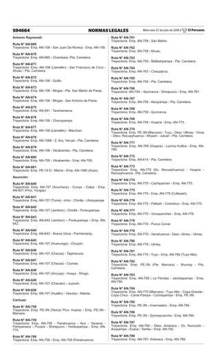 Miércoles 27 de julio de 2016 / El Peruano
594664 NORMAS LEGALES
Antonio Raymondi:
Ruta N° AN-669
Trayectoria: Emp. AN-108 - San Juan De Rontoy - Emp. AN-108.
Ruta N° AN-670
Trayectoria: Emp. AN-669 - Chambara -Pta. Carretera.
Ruta N° AN-671
Trayectoria: Emp. AN-108 (Llamellin) - San Francisco de Circo -
Ahuac - Pta. Carretera.
Ruta N° AN-672
Trayectoria: Emp. AN-108 - Quillo.
Ruta N° AN-673
Trayectoria: Emp. AN-108 - Mirgas - Pte. San Martin de Paras.
Ruta N° AN-674
Trayectoria: Emp. AN-108 - Mirgas - San Antonio de Paras.
Ruta N° AN-675
Trayectoria: Emp. AN-591 - Tacshamarca.
Ruta N° AN-676
Trayectoria: Emp. AN-108 - Chocopampa.
Ruta N° AN-677
Trayectoria: Emp. AN-108 (Llamellin) - Macchan.
Ruta N° AN-678
Trayectoria: Emp. AN-1088 - Z. Arq. Yarcan - Pta. Carretera.
Ruta N° AN-679
Trayectoria: Emp. AN-108 - Vilcabamba - Pta. Carretera.
Ruta N° AN-680
Trayectoria: Emp. AN-709 - Vilcabamba - Emp. AN-709.
Ruta N° AN-681
Trayectoria: Emp. PE-14 D - Marne - Emp. AN-1080 (Acso).
Asunción:
Ruta N° AN-640
Trayectoria: Emp. AN-107 (Acochaca) - Cunya - Colpa - Emp.
AN-621 (Prov. Yungay)
Ruta N° AN-641
Trayectoria: Emp. AN-107 (Tuma) - Ichic - Chinlla - Ututupampa.
Ruta N° AN-642
Trayectoria: Emp. AN-107 (Jambon) - Chinlla - Punkupampa.
Ruta N° AN-643
Trayectoria: Emp. AN-642 (Jambon) – Punkupampa – Emp. AN-
642.
Ruta N° AN-644
Trayectoria: Emp. AN-643 - Nueva Visca - Pachamaray..
Ruta N° AN-645
Trayectoria: Emp. AN-107 (Huanunga) - Chucpin.
Ruta N° AN-646
Trayectoria: Emp. AN-107 (Chacas) - Tajshacuna.
Ruta N° AN-647
Trayectoria: Emp. AN-107 (Chacas) - Cochas.
Ruta N° AN-648
Trayectoria: Emp. AN-107 (Ancuya) - Huaya - Shogo.
Ruta N° AN-649
Trayectoria: Emp. AN-107 (Chacato) - Juytush.
Ruta N° AN-650
Trayectoria: Emp. AN-107 (Huallin) - Vesubio - Atlante.
Carhuaz:
Ruta N° AN-758
Trayectoria: Emp. PE-3N (Tarica) Prov. Huaraz - Emp. PE-3N -
Marcara.
Ruta N° AN-759
Trayectoria: Emp. AN-758 - Pariahuanca - Aco - Yanama -
Pampamaca - Pucara - Shirapucro - Honkopampa - Emp. AN-
770.
Ruta N° AN-760
Trayectoria: Emp. AN-758 - Emp. AN-759 (Pariahuanca).
Ruta N° AN-761
Trayectoria: Emp. AN-759 - San Martin.
Ruta N° AN-762
Trayectoria: Emp. AN-759 - Ahuac.
Ruta N° AN-763
Trayectoria: Emp. AN-759 - Mallashpampa - Pta. Carretera.
Ruta N° AN-764
Trayectoria: Emp. AN-763 - Chaupijirca.
Ruta N° AN-765
Trayectoria: Emp. AN-759 - Pta. Carretera.
Ruta N° AN-766
Trayectoria: AN-759 – Quinranca - Shirapucro - Emp. AN-767.
Ruta N° AN-767
Trayectoria: Emp. AN-759 - Atocpampa - Pta. Carretera.
Ruta N° AN-768
Trayectoria: Emp. AN-759 - Quinranca.
Ruta N° AN-769
Trayectoria: Emp. AN-759 - Huapra - Emp. AN-773.
Ruta N° AN-770
Trayectoria: Emp. PE-3N (Marcara) - Tuyu - Desv. Ullmay - Vicos
- Desv. Recuayhuanca - Wiyash - Julcan - Pta. Carretera.
Ruta N° AN-771
Trayectoria: Emp. AN-769 (Huapra) - Lucma Huillca - Emp. AN-
769.
Ruta N° AN-772
Trayectoria: Emp. AN-614 - Pta. Carretera.
Ruta N° AN-773
Trayectoria: Emp. AN-770 (Dv. Recuayhuanca) - Huapra -
Recuayhuanca - Pta. Carretera.
Ruta N° AN-774
Trayectoria: Emp. AN-770 - Cachipachan - Emp. AN-770.
Ruta N° AN-775
Trayectoria: Emp. AN-770 - Emp. AN-776 (Cullwash).
Ruta N° AN-776
Trayectoria: Emp. AN-770 - Paltash - Corioshco - Emp. AN-770.
Ruta N° AN-777
Trayectoria: Emp. AN-770 - Vicospanchan - Emp. AN-776.
Ruta N° AN-778
Trayectoria: Emp. AN-770 - Punco Corral.
Ruta N° AN-779
Trayectoria: Emp. AN-770 - Yanahuanca - Desv. Ulmey - Ulmay.
Ruta N° AN-780
Trayectoria: Emp. AN-779 - Ulmey.
Ruta N° AN-781
Trayectoria: Emp. AN-770 - Tuyo - Emp. AN-784 (Tuyo Alto).
Ruta N° AN-782
Trayectoria: Emp. PE-3N (Pte. Marcara) - Shumay - Pta.
Carretera.
Ruta N° AN-783
Trayectoria: Emp. AN-758 ( La Florida) - Jachaspampa - Emp.
AN-759.
Ruta N° AN-784
Trayectoria: Emp. AN-770 (Marcara) - Tuyu Alto - Copa Grande -
Copa Chico - Caras Pampa - Cochapampa - Emp. PE-3N.
Ruta N° AN-785
Trayectoria: Emp. PE-3N - Invernadero - Emp. AN-784.
Ruta N° AN-786
Trayectoria: Emp. PE-3N - Quinraycancha - Emp. AN-784.
Ruta N° AN-787
Trayectoria: Emp. AN-784 - Desv. Antaraca - Dv. Nunocoto -
Acopampa - Ecana - Tambo - Emp. AN-792.
Ruta N° AN-788
Trayectoria: Emp. AN-787- Antaraca - Emp. AN-789.
 