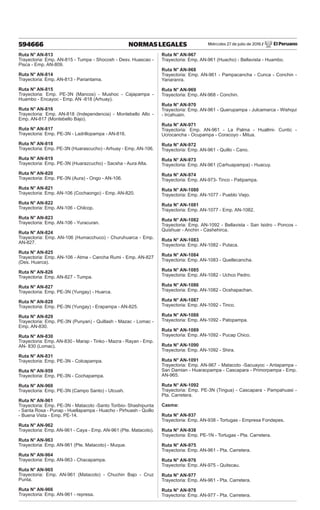 Miércoles 27 de julio de 2016 / El Peruano
594666 NORMAS LEGALES
Ruta N° AN-813
Trayectoria: Emp. AN-815 - Tumpa - Shocosh - Desv. Huascao -
Pisca - Emp. AN-809.
Ruta N° AN-814
Trayectoria: Emp. AN-813 - Pariantama.
Ruta N° AN-815
Trayectoria: Emp. PE-3N (Mancos) - Mushoc - Cajapampa -
Huambo - Encayoc - Emp. AN -818 (Arhuay).
Ruta N° AN-816
Trayectoria: Emp. AN-818 (Independencia) - Montebello Alto -
Emp. AN-817 (Montebello Bajo).
Ruta N° AN-817
Trayectoria: Emp. PE-3N - Ladrillopampa - AN-816.
Ruta N° AN-818
Trayectoria: Emp. PE-3N (Huarascucho) - Arhuay - Emp. AN-106.
Ruta N° AN-819
Trayectoria: Emp. PE-3N (Huarazcucho) - Sacsha - Aura Alta.
Ruta N° AN-820
Trayectoria: Emp. PE-3N (Aura) - Ongo - AN-106.
Ruta N° AN-821
Trayectoria: Emp. AN-106 (Cochaongo) - Emp. AN-820.
Ruta N° AN-822
Trayectoria: Emp. AN-106 - Chilcop.
Ruta N° AN-823
Trayectoria: Emp. AN-106 - Yuracuran.
Ruta N° AN-824
Trayectoria: Emp. AN-106 (Humacchuco) - Churuhuarca - Emp.
AN-827.
Ruta N° AN-825
Trayectoria: Emp. AN-106 - Atma - Cancha Rumi - Emp. AN-827
(Des. Huarca).
Ruta N° AN-826
Trayectoria: Emp. AN-827 - Tumpa.
Ruta N° AN-827
Trayectoria: Emp. PE-3N (Yungay) - Huarca.
Ruta N° AN-828
Trayectoria: Emp. PE-3N (Yungay) - Erapampa - AN-825.
Ruta N° AN-829
Trayectoria: Emp. PE-3N (Punyan) - Quillash - Mazac - Lomac -
Emp. AN-830.
Ruta N° AN-830
Trayectoria: Emp. AN-830 - Marap - Tinko - Mazra - Rayan - Emp.
AN- 830 (Lomac).
Ruta N° AN-831
Trayectoria: Emp. PE-3N - Colcapampa.
Ruta N° AN-959
Trayectoria: Emp. PE-3N - Cochapampa.
Ruta N° AN-960
Trayectoria: Emp. PE-3N (Campo Santo) - Utcush.
Ruta N° AN-961
Trayectoria: Emp. PE-3N - Matacoto -Santo Toribio- Shashipunta
- Santa Rosa - Punap - Huellapampa - Huacho - Pirhuash - Quillo
- Buena Vista - Emp. PE-14.
Ruta N° AN-962
Trayectoria: Emp. AN-961 - Caya - Emp. AN-961 (Pte. Matacoto).
Ruta N° AN-963
Trayectoria: Emp. AN-961 (Pte. Matacoto) - Muque.
Ruta N° AN-964
Trayectoria: Emp. AN-963 - Chacapampa.
Ruta N° AN-965
Trayectoria: Emp. AN-961 (Matacoto) - Chuchin Bajo - Cruz
Punta.
Ruta N° AN-966
Trayectoria: Emp. AN-961 - represa.
Ruta N° AN-967
Trayectoria: Emp. AN-961 (Huacho) - Bellavista - Huambo.
Ruta N° AN-968
Trayectoria: Emp. AN-961 - Pampacancha - Cunca - Conchin -
Yanaranra.
Ruta N° AN-969
Trayectoria: Emp. AN-968 - Conchin.
Ruta N° AN-970
Trayectoria: Emp. AN-961 - Querupampa - Julcamarca - Wishqui
- Ircahuain.
Ruta N° AN-971
Trayectoria: Emp. AN-961 - La Palma - Huallmi- Cuntic -
Ucrocancha - Ocupampa - Coracoyo - Mitua.
Ruta N° AN-972
Trayectoria: Emp. AN-961 - Quillo - Cano.
Ruta N° AN-973
Trayectoria: Emp. AN-961 (Carhuapampa) - Huacuy.
Ruta N° AN-974
Trayectoria: Emp. AN-973- Tinco - Patipampa.
Ruta N° AN-1080
Trayectoria: Emp. AN-1077 - Pueblo Viejo.
Ruta N° AN-1081
Trayectoria: Emp. AN-1077 - Emp. AN-1082.
Ruta N° AN-1082
Trayectoria: Emp. AN-1092 - Bellavista - San Isidro - Poncos -
Quishuar - Anchin - Cashehirca.
Ruta N° AN-1083
Trayectoria: Emp. AN-1082 - Putaca.
Ruta N° AN-1084
Trayectoria: Emp. AN-1083 - Quellecancha.
Ruta N° AN-1085
Trayectoria: Emp. AN-1082 - Uchco Pedro.
Ruta N° AN-1086
Trayectoria: Emp. AN-1082 - Ocshapachan.
Ruta N° AN-1087
Trayectoria: Emp. AN-1092 - Tinco.
Ruta N° AN-1088
Trayectoria: Emp. AN-1092 - Patopampa.
Ruta N° AN-1089
Trayectoria: Emp. AN-1092 - Pucap Chico.
Ruta N° AN-1090
Trayectoria: Emp. AN-1092 - Shira.
Ruta N° AN-1091
Trayectoria: Emp. AN-967 - Matacoto -Sacuayoc - Antapampa -
San Damian - Huaracpampa - Cascapara - Primorpampa - Emp.
AN-965.
Ruta N° AN-1092
Trayectoria: Emp. PE-3N (Tingua) - Cascapara - Pampahuasi -
Pta. Carretera.
Casma:
Ruta N° AN-937
Trayectoria: Emp. AN-938 - Tortugas - Empresa Fondepes.
Ruta N° AN-938
Trayectoria: Emp. PE-1N - Tortugas - Pta. Carretera.
Ruta N° AN-975
Trayectoria: Emp. AN-961 - Pta. Carretera.
Ruta N° AN-976
Trayectoria: Emp. AN-975 - Quitscau.
Ruta N° AN-977
Trayectoria: Emp. AN-961 - Pta. Carretera.
Ruta N° AN-978
Trayectoria: Emp. AN-977 - Pta. Carretera.
 