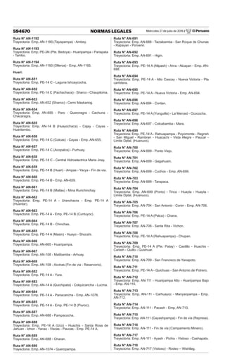 Miércoles 27 de julio de 2016 / El Peruano
594670 NORMAS LEGALES
Ruta N° AN-1192
Trayectoria: Emp. AN-1190 (Tayapampa) - Ambey.
Ruta N° AN-1193
Trayectoria: Emp. PE-3N (Pte. Bedoya) - Huaripampa - Pariapata
- Tambo.
Ruta N° AN-1194
Trayectoria: Emp. AN-1193 (Olleros) - Emp. AN-1193.
Huari:
Ruta N° AN-651
Trayectoria: Emp. PE-14 C - Laguna Ishcaycocha.
Ruta N° AN-652
Trayectoria: Emp. PE-14 C (Pachachaca) - Sharco - Chaupiloma.
Ruta N° AN-653
Trayectoria: Emp. AN-652 (Sharco) - Cerro Maskariog.
Ruta N° AN-654
Trayectoria: Emp. AN-655 - Paro - Queroragra - Cachuna -
Chacaragra.
Ruta N° AN-655
Trayectoria: Emp. AN-14 B (Huayochaca) - Cajay - Cayas -
Huaritambo.
Ruta N° AN-656
Trayectoria: Emp. PE-14 C (Colcas) - Cayas - Emp. AN-655.
Ruta N° AN-657
Trayectoria: Emp. PE-14 C (Acopalca) - Purhuay.
Ruta N° AN-658
Trayectoria: Emp. PE-14 C - Central Hidroelectrica Maria Jiray.
Ruta N° AN-659
Trayectoria: Emp. PE-14 B (Huari) - Ampas - Yacya - Fin de via.
Ruta N° AN-660
Trayectoria: Emp. PE-14 B - Emp. AN-659.
Ruta N° AN-661
Trayectoria: Emp. PE-14 B (Mallas) - Mina Rurichinchay.
Ruta N° AN-662
Trayectoria: Emp. PE-14 A - Uranchacra - Emp. PE-14 A
(Huantar).
Ruta N° AN-663
Trayectoria: Emp. PE-14 A - Emp. PE-14 B (Cuntuyoc).
Ruta N° AN-664
Trayectoria: Emp. PE-14 B - Chinchas.
Ruta N° AN-665
Trayectoria: Emp. PE-14 A (Masin) - Huayo - Shocshi.
Ruta N° AN-666
Trayectoria: Emp. AN-665 - Huaripampa.
Ruta N° AN-667
Trayectoria: Emp. AN-108 - Matibamba - Arhuay.
Ruta N° AN-668
Trayectoria: Emp. AN-108 - Acchas (Fin de via - Reservorio).
Ruta N° AN-682
Trayectoria: Emp. PE-14 A - Yura.
Ruta N° AN-683
Trayectoria: Emp. AN-14 A (Quichipata) - Colquicancha - Lucma.
Ruta N° AN-684
Trayectoria: Emp. PE-14 A - Pariacancha - Emp. AN-1078.
Ruta N° AN-685
Trayectoria: Emp. PE-14 A - Emp. PE-14 D (Piuroc).
Ruta N° AN-687
Trayectoria: Emp. AN-688 - Pampacocha.
Ruta N° AN-688
Trayectoria: Emp. PE-14 A (Uco) - Huachis - Santa Rosa de
Jahuan - Ichon - Yanas - Viscas - Paucas - Emp. PE-14 A.
Ruta N° AN-689
Trayectoria: Emp. AN-688 - Charan.
Ruta N° AN-690
Trayectoria: Emp. AN-1074 - Queropampa.
Ruta N° AN-691
Trayectoria: Emp. AN-688 - Tactabamba - San Roque de Chunas
- Rapayan - Porvenir.
Ruta N° AN-692
Trayectoria: Emp. AN-691 - Higin.
Ruta N° AN-693
Trayectoria: Emp. PE-14 A (Allpash) - Anra - Alcayan - Emp. AN-
688.
Ruta N° AN-694
Trayectoria: Emp. PE-14 A - Alto Cascay - Nueva Victoria - Pta
carretera.
Ruta N° AN-695
Trayectoria: Emp. PE-14 A - Nueva Victoria - Emp. AN-694.
Ruta N° AN-696
Trayectoria: Emp. AN-694 - Contan.
Ruta N° AN-697
Trayectoria: Emp. PE-14 A (Yunguilla) - La Merced - Ocococha.
Ruta N° AN-698
Trayectoria: Emp. AN-697 - Colcabamba - Mara.
Ruta N° AN-699
Trayectoria: Emp. PE-14 A - Rahuapampa - Poyomonte - Regrish
- San Miguel - Rambran - Huacachi - Vista Alegre - Paucar -
Limite Dptal. (Huanuco).
Ruta N° AN-700
Trayectoria: Emp. AN-699 - Ponto Viejo.
Ruta N° AN-701
Trayectoria: Emp. AN-699 - Gagahuain.
Ruta N° AN-702
Trayectoria: Emp. AN-699 - Cuchos - Emp. AN-699.
Ruta N° AN-703
Trayectoria: Emp. AN-699 - Tarapaca.
Ruta N° AN-704
Trayectoria: Emp. AN-699 (Ponto) - Tinco - Huayta - Huayta -
Limite Dptal. (Huanuco).
Ruta N° AN-705
Trayectoria: Emp. AN-704 - San Antonio - Conin - Emp. AN-706.
Ruta N° AN-706
Trayectoria: Emp. PE-14 A (Palca) - Chana.
Ruta N° AN-707
Trayectoria: Emp. AN-706 - Santa Rita - Vichon.
Ruta N° AN-708
Trayectoria: Emp. PE-14 A (Rahuapampa) - Chupan.
Ruta N° AN-709
Trayectoria: Emp. PE-14 A (Pte. Patay) - Castillo - Huachis -
Carash - Quillo - Quishuar.
Ruta N° AN-710
Trayectoria: Emp. AN-709 - San Francisco de Yanapoto.
Ruta N° AN-711
Trayectoria: Emp. PE-14 A - Quichuas - San Antonio de Potrero.
Ruta N° AN-712
Trayectoria: Emp. AN-111 - Huaripampa Alto - Huaripampa Bajo
- Emp. AN-110.
Ruta N° AN-713
Trayectoria: Emp. AN-111 - Carhuayoc - Manyanpampa - Emp.
AN-712.
Ruta N° AN-714
Trayectoria: Emp. AN-111 - Pacash - Emp. AN-713.
Ruta N° AN-715
Trayectoria: Emp. AN-111 (Cayashpampa) - Fin de vía (Represa).
Ruta N° AN-716
Trayectoria: Emp. AN-111 - Fin de via (Campamento Minero).
Ruta N° AN-717
Trayectoria: Emp. AN-111 - Ayash - Pichiu - Vistoso - Cashapata.
Ruta N° AN-718
Trayectoria: Emp. AN-717 (Vistoso) - Rodeo – Wishllag.
 