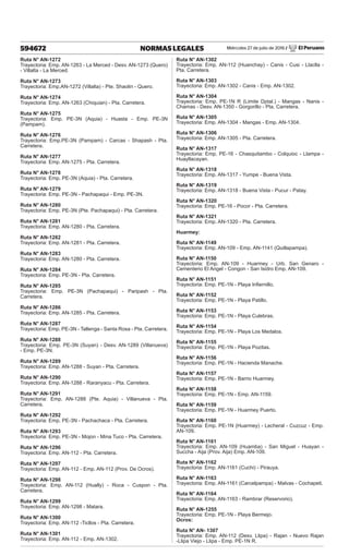 Miércoles 27 de julio de 2016 / El Peruano
594672 NORMAS LEGALES
Ruta N° AN-1272
Trayectoria: Emp. AN-1263 - La Merced - Desv. AN-1273 (Quero)
- Villalta - La Merced.
Ruta N° AN-1273
Trayectoria: Emp.AN-1272 (Villalta) - Pte. Shaolin - Quero.
Ruta N° AN-1274
Trayectoria: Emp. AN-1263 (Chiquian) - Pta. Carretera.
Ruta N° AN-1275
Trayectoria: Emp. PE-3N (Aquia) - Huasta - Emp. PE-3N
(Pampam).
Ruta N° AN-1276
Trayectoria: Emp.PE-3N (Pampam) - Carcas - Shapash - Pta.
Carretera.
Ruta N° AN-1277
Trayectoria: Emp. AN-1275 - Pta. Carretera.
Ruta N° AN-1278
Trayectoria: Emp. PE-3N (Aquia) - Pta. Carretera.
Ruta N° AN-1279
Trayectoria: Emp. PE-3N - Pachapaqui - Emp. PE-3N.
Ruta N° AN-1280
Trayectoria: Emp. PE-3N (Pte. Pachapaqui) - Pta. Carretera.
Ruta N° AN-1281
Trayectoria: Emp. AN-1280 - Pta. Carretera.
Ruta N° AN-1282
Trayectoria: Emp. AN-1281 - Pta. Carretera.
Ruta N° AN-1283
Trayectoria: Emp. AN-1280 - Pta. Carretera.
Ruta N° AN-1284
Trayectoria: Emp. PE-3N - Pta. Carretera.
Ruta N° AN-1285
Trayectoria: Emp. PE-3N (Pachapaqui) - Paripash - Pta.
Carretera.
Ruta N° AN-1286
Trayectoria: Emp. AN-1285 - Pta. Carretera.
Ruta N° AN-1287
Trayectoria: Emp. PE-3N - Tallenga - Santa Rosa - Pta. Carretera.
Ruta N° AN-1288
Trayectoria: Emp. PE-3N (Suyan) - Desv. AN-1289 (Villanueva)
- Emp. PE-3N.
Ruta N° AN-1289
Trayectoria: Emp. AN-1288 - Suyan - Pta. Carretera.
Ruta N° AN-1290
Trayectoria: Emp. AN-1288 - Raranyacu - Pta. Carretera.
Ruta N° AN-1291
Trayectoria: Emp. AN-1288 (Pte. Aquia) - Villanueva - Pta.
Carretera.
Ruta N° AN-1292
Trayectoria: Emp. PE-3N - Pachachaca - Pta. Carretera.
Ruta N° AN-1293
Trayectoria: Emp. PE-3N - Mojon - Mina Tuco - Pta. Carretera.
Ruta N° AN-1296
Trayectoria: Emp. AN-112 - Pta. Carretera.
Ruta N° AN-1297
Trayectoria: Emp. AN-112 - Emp. AN-112 (Prov. De Ocros).
Ruta N° AN-1298
Trayectoria: Emp. AN-112 (Hually) - Roca - Cuspon - Pta.
Carretera.
Ruta N° AN-1299
Trayectoria: Emp. AN-1298 - Matara.
Ruta N° AN-1300
Trayectoria: Emp. AN-112 -Ticllos - Pta. Carretera.
Ruta N° AN-1301
Trayectoria: Emp. AN-112 - Emp. AN-1302.
Ruta N° AN-1302
Trayectoria: Emp. AN-112 (Huanchay) - Canis - Cusi - Llaclla -
Pta. Carretera.
Ruta N° AN-1303
Trayectoria: Emp. AN-1302 - Canis - Emp. AN-1302.
Ruta N° AN-1304
Trayectoria: Emp. PE-1N R (Limite Dptal.) - Mangas - Nanis -
Chamas - Desv. AN-1350 - Gorgorillo - Pta. Carretera.
Ruta N° AN-1305
Trayectoria: Emp. AN-1304 - Mangas - Emp. AN-1304.
Ruta N° AN-1306
Trayectoria: Emp. AN-1305 - Pta. Carretera.
Ruta N° AN-1317
Trayectoria: Emp. PE-16 - Chasquitambo - Colquioc - Llampa -
Huayllacayan.
Ruta N° AN-1318
Trayectoria: Emp. AN-1317 - Yumpe - Buena Vista.
Ruta N° AN-1319
Trayectoria: Emp. AN-1318 - Buena Vista - Pucur - Patay.
Ruta N° AN-1320
Trayectoria: Emp. PE-16 - Pocor - Pta. Carretera.
Ruta N° AN-1321
Trayectoria: Emp. AN-1320 - Pta. Carretera.
Huarmey:
Ruta N° AN-1149
Trayectoria: Emp. AN-109 - Emp. AN-1141 (Quillapampa).
Ruta N° AN-1150
Trayectoria: Emp. AN-109 - Huarmey - Urb. San Genaro -
Cementerio El Angel - Congon - San Isidro Emp. AN-109.
Ruta N° AN-1151
Trayectoria: Emp. PE-1N - Playa Infiernillo.
Ruta N° AN-1152
Trayectoria: Emp. PE-1N - Playa Patillo.
Ruta N° AN-1153
Trayectoria: Emp. PE-1N - Playa Culebras.
Ruta N° AN-1154
Trayectoria: Emp. PE-1N - Playa Los Medalos.
Ruta N° AN-1155
Trayectoria: Emp. PE-1N - Playa Pozitas.
Ruta N° AN-1156
Trayectoria: Emp. PE-1N - Hacienda Manache.
Ruta N° AN-1157
Trayectoria: Emp. PE-1N - Barrio Huarmey.
Ruta N° AN-1158
Trayectoria: Emp. PE-1N - Emp. AN-1159.
Ruta N° AN-1159
Trayectoria: Emp. PE-1N - Huarmey Puerto.
Ruta N° AN-1160
Trayectoria: Emp. PE-1N (Huarmey) - Lecheral - Cuzcuz - Emp.
AN-109.
Ruta N° AN-1161
Trayectoria: Emp. AN-109 (Huamba) - San Miguel - Huayan -
Succha - Aija (Prov. Aija) Emp. AN-109.
Ruta N° AN-1162
Trayectoria: Emp. AN-1161 (Cuchi) - Pirauya.
Ruta N° AN-1163
Trayectoria: Emp. AN-1161 (Carcelpampa) - Malvas - Cochapeti.
Ruta N° AN-1164
Trayectoria: Emp. AN-1163 - Rambrar (Reservorio).
Ruta N° AN-1255
Trayectoria: Emp. PE-1N - Playa Bermejo.
Ocros:
Ruta N° AN- 1307
Trayectoria: Emp. AN-112 (Desv. Llipa) - Rajan - Nuevo Rajan
-Llipa Viejo - Llipa - Emp. PE-1N R.
 