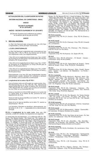 Miércoles 27 de julio de 2016 / El Peruano
594640 NORMAS LEGALES
ACTUALIZACIÓN DEL CLASIFICADOR DE RUTAS
SISTEMA NACIONAL DE CARRETERAS - SINAC
ANEXO
DECRETO SUPREMO
Nº 011-2016-MTC
ANEXO - DECRETO SUPREMO Nº 011-2016-MTC
(El Decreto Supremo de la referencia se publicó
en la edición del 24 de julio de 2016)
ANEXO
1). RED VIAL NACIONAL
La Red Vial Nacional esta compuesta por tres (03) Ejes
Longitudinales y veinte (20) Ejes Tranversales.
a) EJES LONGITUDINALES
La Red Vial Nacional Longitudinal esta compuesta por tres
(03) Ejes (PE-1, PE-3 y PE-5), los mismos que se dividen
con trayectorias norte y sur respectivamente.
• Dos (02) en la Longitudinal de la Costa cuyo “Km. 0+000”
se encuentra en el Intercambio Vial Santa Anita (PE-1N para
el Norte y PE-1S para el Sur).
• Dos (02) en la Longitudinal de la Sierra cuyo “Km. 0+000”
se encuentra en la Repartición La Oroya (PE-5N para el
Norte y PE-5S para el Sur) y
• Dos (02) en la Longitudinal de la Selva cuyo “Km. 0+000”
se encuentra en el Puente Reither (PE-5N para el Norte y
PE-5S para el Sur).
Adicionalmente a los tres (03) ejes longitudinales decritos
anteriormente, existen vientiuno (21) variantes y veintiuno
(21) ramales, como se describe a continuación:
a.1. Longitudinal de la costa o Eje Nº PE-1
Une la frontera norte con el Ecuador en cuatro puntos: Nvo.
Pte.Internacional de La Paz (PE-1N), Pte. Internacional
Aguas Verdes (PE-1N O ramal), El Alamor (PE-1N N ramal)
y Pte. Macará (PE-1N L ramal), y en un punto con la frontera
sur con Chile, en La Concordia (PE-1S).
Inicia su recorrido en el Km.0+000 ubicado en el centro del
I.V. Santa Anita, en el distrito de Ate, provincia de Lima,
departamento de Lima.
Hacia el norte la ruta se identifica con la letra “N”, siendo su
denominación: “PE-1N”.
Hacia el sur la ruta se identifica con la letra “S”, siendo su
denominación: “PE-1S”.
Las Variantes y Ramales se identifican, adicionalmente, con
las letras: A, B, C, D,….., espaciadas de su denominación
principal.
PE-1N o Longitudinal de la costa norte, tiene seis (06)
variantes, y siete (07) ramales. Su trayectoria es la siguiente:
I.V. Santa Anita (Vía de Evitamiento) - I.V. La Menacho (PE-22) - Pte.
Nuevo - Pte. Mariano Santos - Pte. Piedra Lisa - Pte. Huáscar (Av.
Zarumilla) I.V. Habich (Vía Panamericana)- Ov. Naranjal (PE-20 y PE-
20 A) – Dv. Trapiche (PE-20 G) - Pte. Chillón - Paso a Desnivel Pte.
Piedra - I.V. Zapallal - I.V. Ancón (PE-1N A) - Dv. Huaral (PE-20 C) -
Pte. Chancay - Dv. Pto. Chancay (PE-1N D) - Ov. Chancay (PE-1N B)
- Pte. Huaral - Ov. Rio Seco (PE-18) - I.V. Huacho - Pte. Río Huaura -
I.V. Huaura (PE-1N E) - I.V. Barranca - Pte. Río Pativilca - Paramonga
– Dv. Cajatambo (PE-16 A) - Dv. Conococha (PE-16) - Huarmey -
Pte. Carrizales (PE-14) – Casma (Ida: Av. Tarapacá) (retorno: Luis
Olmedo) - Dv. Samanco - Chimbote (Ida: Av. Panamericana Norte)
(retorno: Victor Raúl Haya de la Torre) - Santa (PE-12) - Pte. Santa
- Chao - Dv. Virú - Pte. Viru - Dv. Salaverry (PE-10) - Moche - Pte.
Moche - Ov. La Marina (PE-10 A) (Vía de Evitamiento) - Buenos
Aires - Dv. Huanchaquito - Ov. El Milagro - Chicama (PE-1N F) - Pte.
Careaga - Chocope - Paiján - Dv. Sta. Maria de Tecapa (PE-1N G)
- San Pedro de Lloc - Pacasmayo - Pte. Libertad - Ciudad de Dios
(PE-08) - Guadalupe - Dv. Chepén - Pte. Chamán - Mocupe - Pte.
Ucupe - Nvo. Mocupe (PE-1N I) - Reque - Pte. Reque (PE-06 A) –
Larán (PE-06 A) Chiclayo (Vía de Evitamiento) - Dv. Pimentel (PE-
06) - Lambayeque - Dv. Mochumí (PE-1N J) - Mórrope - El Cruce
(PE-04 Y PE-04 A) - Dv. Catacaos (PE-1N K y PE-1N J) - Pte. Grau
- (Vía Integración) - (Av. Cesar Vallejo) - Dv. Paita (PE-02) - Pte. Las
Monjas - Dv. Pte. Macará (PE-1N L) - Canal Vía Sullana - Pte. Sullana
- Marcavelica (PE-1N N) - Pte. Samán - Pte. Ignacio Escudero - San
Jacinto - Pontón Pichichaco - Pontón Peña - Pontón Pasamayito -
Pontón Manuela - Pte. Debora Sur 1 - Pte. Debora Sur 2 - Dv. Talara
- Pte. Pariñas I - Pte. Pariñas II - Pte. Jabonillal - Pte. Quebrada
Honda - El Alto - Pontón Ñuro - Los Organos - Pte. Uchayito - Pte.
Cabo Blanco - Máncora - Pte. Quebrada Seca - Pte. Carpitas - Pte.
Bocapán - Zorritos - Pte. El Charán - Pte. El Piojo - Pte. Tumbes -
Tumbes (Av. Teniente Vasquéz)- Pte. Héroes del Cenepa 1 - Pte.
Quebrada Grande - Pte. Lagarto - Ov. Zarumilla (PE-1N O) - Pte.
Zarumilla - Dv. Papayal - Dv. Uña de Gato - Pte. Internacional de La
Paz (frontera con Ecuador).
PE-1N A (variante)
Trayectoria: Emp. PE-1N (I.V. Ancón) - Emp. PE-1N (Chacra y
Mar).
PE-1N B (ramal)
Trayectoria: Emp. PE-1N (Ov. Chancay) - Emp. PE-20 C (Huaral)
(Av. La Estación).
PE-1N D (variante)
Trayectoria: Emp. PE-1N (Dv. Pto. Chancay) - Pto. Chancay –
Emp PE-1N (Dv. Ov. Río Seco).
PE-1N E (ramal)
Trayectoria: Emp. PE-1N (Huaura) - Dv. Sayán (PE-18)
PE-1N F
Trayectoria: Emp. PE-1N (Chicama) - El Sausal - Cascas -
Contumazá - Emp. PE-08 (Chilete).
PE-1N G (ramal)
Trayectoria. Emp. PE-1N (Dv. Santa María de Tecapa) - Santa
María de Tecapa - Pitura - Emp. PE-08 (Dv. Tembladera).
PE-1N I
Trayectoria: Emp. PE-1N (Nvo. Mocupe) - Zaña - Cayaltí - Nueva
Arica - Oyotún - Las Delicias - Dv. Bebederos - La Florida –
Niepos - Bolivar.
PE-1N J (variante)
Trayectoria: Emp. PE-1N (Dv. Mochumí) - Mochumí - Illimo - Pte.
La Leche - Pte. Salas - Pte. Anchovira - Pte. Chicoma - Pte.
Motupe - Motupe - Dv. Jaén (PE-04 B) - Pte. Olmos - Olmos
- Pte. Cascajal - Insculas - Pte. Insculas - Las Animas - Dv.
Huancabamba (PE-02 A) - Dv. Chulucanas – Piura (Av Guardia
Civil – Av. Progreso) - Emp. PE-1N (Dv. Catacaos).
PE-1N K (ramal)
Trayectoria: Emp. PE-1N (Dv. Catacaos) - Catacaos - Pte.
Independencia - Pte. Independencia I - La Arena - Vice - Sechura
- Pte. Virrila - Emp. PE-04 (Dv. Bayovar).
PE-1N L (ramal)
Trayectoria: Emp. PE-1N (Dv. Pte. Macará) - Dv. Tambo Grande
- Pte. Las Lomas - Las Lomas - Dv Suyo - Pte. Suyo - Dv.
Surpampa (PE-1N M) - Dv. La Tina (PE-1N M) - Pte. Macará
(frontera con Ecuador).
PE-1N M (variante)
Trayectoria: Emp. PE-1N L (Dv. Surpampa) - Chirinos - Surpampa
- La Tina - Emp. PE-1N L (Dv. Pte. Macara).
PE-1N N (ramal)
Trayectoria: Emp. PE-1N (Marcavelica) - Salitral - Querecotillo -
Dv. Lancones - El Alamor (frontera con Ecuador).
PE-1N Ñ (variante)
Trayectoria: Emp. PE-1N (Dv. San Pedro de las Incas) - Dv. San
Jacinto - Dv. Garbanzal – Emp. PE-1N (Aeropuerto).
PE-1N O (ramal)
Trayectoria: Emp. PE-1N (Ov. Zarumilla) - Pte. Zarumilla -
Zarumilla - Dv. El Bendito - Pte. Piedritas - Pte. El Bolsico - Pte.
Internacional Aguas Verdes (frontera con Ecuador).
PE-1N Q (variante)
Trayectoria: Emp. PE-1N (Dv. Chimbote) - Dv. Lacramarca - Emp.
PE-1N (Santa).
PE-1N R
Trayectoria: Emp. PE-1N L (Dv. Tambogrande) - Tambogrande
- Platillos - Paccha - Chulucanas - Morropón - Paltashaco -
Chalaco – Pacaipampa – Emp. PE-3N (Curilcas).
PE-1N S
Trayectoria: Emp. PE-1N J (El Cincuenta) - Emp. PE-1N R
(Chulucanas).
PE-1N T
Trayectoria: Emp. PE-1N L (Sajino) - Paimas - Pte. Tondopa -
Arrepite Alto - Ayabaca – Emp. PE-3N (Socchabamba).
 
