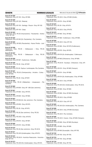 Miércoles 27 de julio de 2016 / El Peruano
594676 NORMAS LEGALES
Ruta Nº AP-589
Trayectoria: Emp. AP-100 - Emp. AP-590.
Ruta Nº AP-590
Trayectoria: Emp. AP-100 - Retamal.
Ruta Nº AP-591
Trayectoria: Emp. AP-100 - Santiago - Paucar - Emp. AP-100.
Ruta Nº AP-592
Trayectoria: Emp. AP-100 - Colpa.
Ruta Nº AP-593
Trayectoria: Emp. PE-3S (Huancarama) - Pacobamba - Andina
- Emp. AP-100.
Ruta Nº AP-594
Trayectoria: Emp. AP-593 (Dv. Pacobamba) - Pta. Carretera.
Ruta Nº AP-595
Trayectoria: Emp. AP-593 (Pacobamba) - Nueva Florida - Juan
Velazco.
Ruta Nº AP-596
Trayectoria: Emp. PE-3S - Callaspuquio - Emp. PE-3S
(Masingara).
Ruta Nº AP-597
Trayectoria: Emp. PE-3S - Callaspuquio - Emp. PE-3S
(Masingara).
Ruta Nº AP-598
Trayectoria: Emp. AP-597 - Huañumcca - Hahualla.
Ruta Nº AP-599
Trayectoria: Emp. PE-3S - Emp. AP-597.
Ruta Nº AP-600
Trayectoria: Emp. PE-3S - Sayhua - Lambraspata - Pta. Carretera.
Ruta Nº AP-657
Trayectoria: Emp. PE-3S (Champacocha) - Ancatira - Cutisa -
Emp. AP-658.
Ruta Nº AP-658
Trayectoria: Emp. PE-3S - Emp. AP-657.
Ruta Nº AP-659
Trayectoria: Emp. PE-3S (Ollabamba) - Lliupapuquio - Pta
Carretera.
Ruta Nº AP-660
Trayectoria: Emp. AP-659 - Emp. AP - 665 (San Jerónimo).
Ruta Nº AP-661
Trayectoria: Emp. AP-660 - Emp. AP-670.
Ruta Nº AP-662
Trayectoria: Emp. AP-659 - Emp. AP-664.
Ruta Nº AP-663
Trayectoria: Emp. AP-659 (Dv. San Jerónimo) - Pta. Carretera.
Ruta Nº AP-664
Trayectoria: Emp. AP-659 - Emp. AP-670.
Ruta Nº AP-665
Trayectoria: Emp. PE-3S - Emp. AP-670.
Ruta Nº AP-666
Trayectoria: Emp. PE-3S (San Jerónimo) - Emp. PE-3S.
Ruta Nº AP-667
Trayectoria: Emp. PE-30 B - Emp. AP-670.
Ruta Nº AP-668
Trayectoria: Emp. AP-670 - Emp. AP-667.
Ruta Nº AP-669
Trayectoria: Emp. AP-670 - Emp. AP-665.
Ruta Nº AP-670
Trayectoria: Emp. PE-3S (San Jerónimo) - Emp. PE-30 B.
Ruta Nº AP-671
Trayectoria: Emp. PE-30 B (Andahuaylas) - Emp. AP-672.
Ruta Nº AP-672
Trayectoria: Emp. PE-30 B - Huinchos Pataccocha - Huinchos -
Emp. AP-107.
Ruta Nº AP-673
Trayectoria: Emp. PE-30 B (Dv. Andahuaylas) - Emp. AP-674.
Ruta Nº AP-674
Trayectoria: Emp. PE-30 B - Emp. AP-685 (Ocollo).
Ruta Nº AP-675
Trayectoria: Emp. AP-674 - Emp. AP-685.
Ruta Nº AP-676
Trayectoria: Emp. PE-3S - Emp. AP-674.
Ruta Nº AP-677
Trayectoria: Emp. PE-30 B - Emp. AP-676.
Ruta Nº AP-678
Trayectoria: Emp. AP-680 - Emp. AP-682.
Ruta Nº AP-679
Trayectoria: Emp. AP-680 - Ccolluhuaco - Emp. AP-685.
Ruta Nº AP-680
Trayectoria: Emp. PE-30 B - Emp. AP-104.
Ruta Nº AP-681
Trayectoria: Emp. AP-680 - Emp. AP-679 (Ccolluhuaco).
Ruta Nº AP-682
Trayectoria: Emp. AP-679 - Emp. AP-676.
Ruta Nº AP-683
Trayectoria: Emp. AP-679 (Dv. Andahuaylas) - Collohuayco.
Ruta Nº AP-684
Trayectoria: Emp. AP-685 (Chilcaracra) - Emp. AP-685.
Ruta Nº AP-685
Trayectoria: Emp. PE-30 B - Succlaya - Chilcaracra - Emp. AP-
104.
Ruta Nº AP-686
Trayectoria: Emp. AP-674 - Emp. AP-685 (Yanayoc).
Ruta Nº AP-687
Trayectoria: Emp. AP-674 - Emp. AP-686.
Ruta Nº AP-688
Trayectoria: Emp. AP-674 (Dv. Andahuaylas) - Emp. AP-686.
Ruta Nº AP-689
Trayectoria: Emp. PE-30 B - Emp. AP-686.
Ruta Nº AP-690
Trayectoria: Emp. PE-30 B (Dv. Andahuaylas) - Emp. PE-30 B.
Ruta Nº AP-691
Trayectoria: Emp. AP-686 - Emp. AP-690.
Ruta Nº AP-692
Trayectoria: Emp. AP-686 - Emp. AP-685 (Succlaya).
Ruta Nº AP-693
Trayectoria: Emp. PE-30 B - Emp. AP-685.
Ruta Nº AP-694
Trayectoria: Emp. PE-30 B - Emp. AP-107.
Ruta Nº AP-695
Trayectoria: Emp. PE-30 B (Dv. Andahuaylas) - Pta. Carretera.
Ruta Nº AP-696
Trayectoria: Emp. PE-30 B - Emp. AP-685 (Succlaya).
Ruta Nº AP-697
Trayectoria: Emp. PE-30 B - Pta. Carretera.
Ruta Nº AP-698
Trayectoria: Emp. PE-30 B - Ccacce - Emp. AP-685 (Yanayoc).
Ruta Nº AP-699
Trayectoria: Emp. AP-698 - Emp. AP-685 (Succlaya).
Ruta Nº AP-700
Trayectoria: Emp. AP-685 - Emp. AP-698.
Ruta Nº AP-701
Trayectoria: Emp. AP-685 (Sucaraylla) - Emp. AP-700.
Ruta Nº AP-702
Trayectoria: Emp. AP-700 - Emp. AP-700.
Ruta Nº AP-703
Trayectoria: Emp. AP-705 - Emp. AP-698.
Ruta Nº AP-704
Trayectoria: Emp. AP-698 - Emp. AP-705.
 