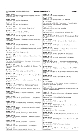 El Peruano / Miércoles 27 de julio de 2016 594677
NORMAS LEGALES
Ruta Nº AP-705
Trayectoria: Emp. AP-720 (Soccospata) - Toypicha - Pucccasa -
Saccñaccancha - Emp. AP-685.
Ruta Nº AP-706
Trayectoria: Emp. AP-705 - Emp. AP-708.
Ruta Nº AP-707
Trayectoria: Emp. AP-711 - Emp. AP-705.
Ruta Nº AP-708
Trayectoria: Emp. AP-705 (Pucccasa) - Emp. AP-707.
Ruta Nº AP-709
Trayectoria: Emp. AP-705 - Emp. AP-707.
Ruta Nº AP-710
Trayectoria: Emp. AP-711 - Toypicha - Emp. AP-705.
Ruta Nº AP-711
Trayectoria: Emp. AP-685 - Yanacma - Paragua - Contucma -
Emp. AP-720.
Ruta Nº AP-712
Trayectoria: Emp. AP-104 - Emp. AP-685 (Luis Pata).
Ruta Nº AP-713
Trayectoria: Emp. PE-3S (Dv. Talavera) - Cacama - Emp. AP-104.
Ruta Nº AP-714
Trayectoria: Emp. PE-3S - Emp. AP-713.
Ruta Nº AP-715
Trayectoria: Emp. AP-713 - Pucahuasi - Buena Vista - Pta.
Carretera.
Ruta Nº AP-716
Trayectoria: Emp. PE-3S (Nueva Esperanza) - Chichucancha -
Chaupi Orco - Emp. PE-3S.
Ruta Nº AP-717
Trayectoria: Emp. AP-716 (Dv. Santa Maria de Chicmo) - Pta.
Carretera.
Ruta Nº AP-718
Trayectoria: Emp. PE-3S - Alejo Pata - Emp. AP-716.
Ruta Nº AP-719
Trayectoria: Emp. AP-105 - Pampamarca - Ñahuanpuquio - Emp.
AP-104 (Natividad).
Ruta Nº AP-720
Trayectoria: Emp. PE-30 B - Occollo - Soccospata - Turpo - Emp.
AP-104.
Ruta Nº AP-721
Trayectoria: Emp. AP-720 (Turpo) - Cantorpampa -Toracca.
Ruta Nº AP-722
Trayectoria: Emp. AP-105 - Mollepata - Ataccara - Emp. AP-104.
Ruta Nº AP-723
Trayectoria: Emp. AP-722 - Porvenir - Ccantupata - Chiquillan -
Emp. AP-722.
Ruta Nº AP-724
Trayectoria: Emp. AP-105 (Ccasccabamba) - Lamay Pampa -
Pta. Carretera.
Ruta Nº AP-725
Trayectoria: Emp. AP-104 (Occocho) - Santa Rosa - Chumpallgua
- Emp. AP-104.
Ruta Nº AP-726
Trayectoria: Emp. AP-104 - Chumpayhua - Nueva Huilcayhua -
Saccsaylla - Emp. AP-104.
Ruta Nº AP-727
Trayectoria: Emp. AP-104 - Campanayoc - Emp. AP-104.
Ruta Nº AP-728
Trayectoria: Emp. AP-104 (Chullizana) - Mollepata - Ccapcca -
San Juan de Cula.
Ruta Nº AP-729
Trayectoria: Emp. AP-104 - Chucllampa - Cachiyaurec.
Ruta Nº AP-730
Trayectoria: Emp. AP-729 - Chucllampa - Pta. Carretera.
Ruta Nº AP-731
Trayectoria: Emp. AP-104 (Dv. Chiara) - Emp. AP-729.
Ruta Nº AP-732
Trayectoria: Emp. AP-104 - Emp. AP-726.
Ruta Nº AP-733
Trayectoria: Emp. AP-104 - Santa Cruz de Monta.
Ruta Nº AP-734
Trayectoria: Emp. PE-30 B - Yanamachuy - Pampa Progreso -
Emp.AP-104 (Dv. San Miguel de Chaccrampa).
Ruta Nº AP-735
Trayectoria: Emp. AP-734 - Pta. Carretera.
Ruta Nº AP-736
Trayectoria: Emp. AP-104 (Umamarca) - Emp. AP-734.
Ruta Nº AP-737
Trayectoria: Emp. AP-104 (Huayana) - Checchepampa - Emp.
AP-734.
Ruta Nº AP-738
Trayectoria: Emp. AP-734 - Iglesiapata - San Isidro de Tacta.
Ruta Nº AP-739
Trayectoria: Emp. AP-104 (Huayana) - L. D. Ayacucho.
Ruta Nº AP-740
Trayectoria: Emp. PE-30 B - Santa Rosa Saras Waca -
Wiracochan - Totaraypucro - Emp. AP-104.
Ruta Nº AP-741
Trayectoria: Emp. AP-104 - Emp. AP-740 (Wiracochan).
Ruta Nº AP-742
Trayectoria: Emp. PE-30 B - Pomacancha - Emp. AP-104.
Ruta Nº AP-743
Trayectoria: Emp. PE-30 A - Huaytayoc - Ccachecamachay -
Verde Verde - Euchimachay - Llancama - Ccapupampa - Emp.
AP-106.
Ruta Nº AP-744
Trayectoria: Emp.106 (Toroscana) - Chuichumpi - Emp. AP-743.
Ruta Nº AP-745
Trayectoria: Emp. AP-106 (Mula Cancha) - Pampahuasi - Emp.
AP-744.
Ruta Nº AP-746
Trayectoria: Emp. AP-744 - Emp. 747 (Mulla Mulla).
Aymaraes:
Ruta Nº AP-747
Trayectoria: Emp. AP-768 (Baños Termales Pincahuacho) -
Huayllaripa - Occaralla - Condorillo.
Ruta Nº AP-748
Trayectoria: Emp. AP-747 - Lavadero de Oro Abandonado - Pta.
Carretera (Mina Abandonada).
Ruta Nº AP-749
Trayectoria: Emp. AP-747 (Puca Orjo) - Pta. Carretera (Tastani).
Ruta Nº AP-750
Trayectoria: Emp. PE-30 A (Pilluni) - Pta. Carretera.
Ruta Nº AP-751
Trayectoria: Emp. PE-30 A - Emp. AP-752.
Ruta Nº AP-752
Trayectoria: Emp. PE-30 A (Pilluni) - Rumihuasi - Lahua Lahua -
Totora - Soraccasa - Emp. AP-753.
Ruta Nº AP-753
Trayectoria: Emp. AP-752 - Kellopampa.
Ruta Nº AP-754
Trayectoria: Emp. AP-752 - Pisquicocha - Casahuase - L. D.
Ayacucho.
Ruta Nº AP-755
Trayectoria: Emp. PE-30 A (Quillcaccasa) - Saycata - Emp. AP-
111.
Ruta Nº AP-756
Trayectoria: Emp. PE-30 A (Rocrosca) - Meztizas.
Ruta Nº AP-757
Trayectoria: Emp. AP-111 - Mina Selene - Emp. AP-111
(Pochoccota).
 