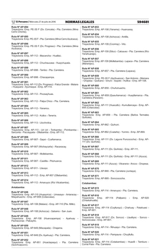 El Peruano / Miércoles 27 de julio de 2016 594681
NORMAS LEGALES
Ruta Nº AP-894
Trayectoria: Emp. PE-3S F (Dv. Concata) - Pta. Carretera (Mina
Cerro Chonta).
Ruta Nº AP-895
Trayectoria: Emp. PE-3S F - Pta. Carretera (Mina CerroAzulcaca).
Ruta Nº AP-896
Trayectoria: Emp. PE-3S F (Dv. Progreso) - Pta. Carretera (Mina
Azulcaca).
Ruta Nº AP-897
Trayectoria: Emp. AP-112 - Illiacancha - Huallao.
Ruta Nº AP-898
Trayectoria: Emp. AP-112 - Chuchaucasa - Huaychupata.
Ruta Nº AP-899
Trayectoria: Emp. AP-898 - Tambo - Pta. Carretera.
Ruta Nº AP-900
Trayectoria: Emp. AP-898 - Chacapampa.
Ruta Nº AP-901
Trayectoria: Emp. AP-112 (Dv. Progreso) - Palca Grande - Matara
- Huaquere - Ayumaque - Emp. AP-114.
Ruta Nº AP-902
Trayectoria: Emp. AP-112 - Picosayhuas.
Ruta Nº AP-903
Trayectoria: Emp. AP-112 - Palpa Chico - Pta. Carretera.
Ruta Nº AP-904
Trayectoria: Emp. AP-112 - Yanarico.
Ruta Nº AP-905
Trayectoria: Emp. AP-112 - Kullco - Tenería.
Ruta Nº AP-906
Trayectoria: Emp. AP-113 - Llicchivilca.
Ruta Nº AP-907
Trayectoria: Emp. AP-113 - Uri Uri - Toribamba - Pichibamba -
Sarconta - Paccaypata - Ollabamba - Emp. AP-112.
Ruta Nº AP-908
Trayectoria: Emp. AP-907 - Sapsi - Ccafiamarca.
Ruta Nº AP-909
Trayectoria: Emp. AP-907 (Wichaycaña) - Racaracay.
Ruta Nº AP-910
Trayectoria: Emp. AP-907 - Mollebamba.
Ruta Nº AP-911
Trayectoria: Emp. AP-907 - Castilla - Pituhuanca.
Ruta Nº AP-912
Trayectoria: Emp. AP-911 - Llauqui.
Ruta Nº AP-913
Trayectoria: Emp. AP-112 - Emp. AP-907 (Ollabamba).
Ruta Nº AP-914
Trayectoria: Emp. AP-112 - Amaruyoc (Río Vilcabamba).
Antabamba:
Ruta Nº AP-846
Trayectoria: Emp. AP-110 (Huaquirca) - Umasaya - Antaracay -
Miayahuacho - Emp. AP-859 (Cotaccasa).
Ruta Nº AP-847
Trayectoria: Emp. AP-108 (Matara) - Emp. AP-110 (Pte. Millo).
Ruta Nº AP-848
Trayectoria: Emp. AP-108 (Achocca) - Sabaino - San Juan.
Ruta Nº AP-849
Trayectoria: Emp. AP-108 (Huancapampa) - Ayahuay -
Pachaconas - Palcayño.
Ruta Nº AP-850
Trayectoria: Emp. AP-849 (Miscapata) - Chajama.
Ruta Nº AP-851
Trayectoria: Emp. AP-849 (Dv. Ayahuay) - Pta. Carretera.
Ruta Nº AP-852
Trayectoria: Emp. AP-851 (Huactapaqui) - Pta. Carretera
(Quichcapucro).
Ruta Nº AP-853
Trayectoria: Emp. AP-108 (Yanama) - Huancaray.
Ruta Nº AP-854
Trayectoria: Emp. AP-108 (Achocca) - Antilla.
Ruta Nº AP-855
Trayectoria: Emp. AP-109 (Ccoriray) - Vito.
Ruta Nº AP-856
Trayectoria: Emp. AP-109 (Silco) - Calcauso - Pta. Carretera (Río
Yanahuarajo).
Ruta Nº AP-857
Trayectoria: Emp. AP-109 (Mollebamba) - Lapaca - Pta. Carretera
(Maranijoc).
Ruta Nº AP-858
Trayectoria: Emp. AP-857 - Pta. Carretera (Lapaca).
Ruta Nº AP-859
Trayectoria: Emp. PE-3S F (Ayrihuanca) - San Antonio - Mamara
- Oropesa - Quilcano - Ichuni - Sopolo - Huillca - Emp. AP-108.
Ruta Nº AP-860
Trayectoria: Emp. AP-859 - Chuñuhuacho.
Ruta Nº AP-861
Trayectoria: Emp. AP-859 (Queuñamarca) - Huayllamarca - Pta.
Carretera (Pararani).
Ruta Nº AP-862
Trayectoria: Emp. AP-111 (Huacullo) - Kumullancaya - Emp. AP-
859 (Cotaccasa).
Ruta Nº AP-863
Trayectoria: Emp. AP-859 - Pta. Carretera (Baños Termales
Quilcata).
Ruta Nº AP-864
Trayectoria: Emp. AP-862 - Quihuiri.
Ruta Nº AP-865
Trayectoria: Emp. AP-862 (Ccataña) - Yumire - Emp. AP-869.
Ruta Nº AP-866
Trayectoria: Emp. AP-111 (Dv. Laguna Puncococha) - Emp. AP-
111 (Dv. Quiñota).
Ruta Nº AP-867
Trayectoria: Emp. AP-111 (Dv. Quiñota) - Emp. AP-111.
Ruta Nº AP-868
Trayectoria: Emp. AP-111 (Dv. Quiñota) - Emp. AP-111 (Azuca).
Ruta Nº AP-869
Trayectoria: Emp. AP-111 (Azuca) - Vilcarana - Ancco - Oropesa.
Ruta Nº AP-870
Trayectoria: Emp. AP-869 - Pta. Carretera (Juntaya).
Ruta Nº AP-871
Trayectoria: Emp. AP-869 - Sonccococha.
Cotabambas:
Ruta Nº AP-915
Trayectoria: Emp. AP-114 - Amaruyoc - Pta. Carretera.
Ruta Nº AP-916
Trayectoria: Emp. AP-114 (Pallparo) - Emp. AP-920
(Chaskahualla).
Ruta Nº AP-917
Trayectoria: Emp. AP-114 (Coyllurqui) - Chahuay - Patahuasi -
Emp. AP-901.
Ruta Nº AP-918
Trayectoria: Emp. AP-917 (Dv. Sorcco) - Llaulliyoc - Sorcco -
Sorccoccasa - Emp. AP-901.
Ruta Nº AP-919
Trayectoria: Emp. AP-114 - Ñihuaqui - Pta. Carretera.
Ruta Nº AP-920
Trayectoria: Emp. AP-114 - Pampaura - Chuyllullu.
Ruta Nº AP-921
Trayectoria: Emp. AP-114 (Cotabambas) - Huaclli - Tamburo -
Corral Pata - Pta. Carretera.
 