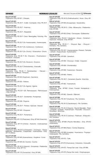 Miércoles 27 de julio de 2016 / El Peruano
594682 NORMAS LEGALES
Ruta Nº AP-922
Trayectoria: Emp. AP-921 - Chaupec.
Ruta Nº AP-923
Trayectoria: Emp. PE-3S F - Ccalla - Cochapata - Emp. PE-3S F.
Ruta Nº AP-924
Trayectoria: Emp. PE-3S F - Huarccoy.
Ruta Nº AP-925
Trayectoria: Emp. PE-3S F - Raqaykata.
Ruta Nº AP-926
Trayectoria: Emp. PE-3S F - Colca - Marangallay - Kutuctay - Pta.
Carretera.
Ruta Nº AP-927
Trayectoria: Emp. PE-3S F (Dv. Huaraccopata) - Huaraccopata.
Ruta Nº AP-928
Trayectoria: Emp. PE-3S F (Dv. Ccoñamuro) - Ccoñamuro.
Ruta Nº AP-929
Trayectoria: Emp. PE-3S F (Dv. Churoc) - Occaccahua - Churoc.
Ruta Nº AP-930
Trayectoria: Emp. PE-3S F (Dv. Chaccaro) - Pucahuaracco -
Humahuiri - Chaccaro.
Ruta Nº AP-931
Trayectoria: Emp. PE-3S F (Dv. Occaruro) - Occaruro.
Ruta Nº AP-932
Trayectoria: Emp. PE-3S F (Tambobamba) - Huancallo.
Ruta Nº AP-933
Trayectoria: Emp. PE-3S F (Tambobamba) - Palccaro -
Llantacunca - Huallhuac - Pampura.
Ruta Nº AP-934
Trayectoria: Emp. AP-933 (Huayhuac) - Apumarca.
Ruta Nº AP-935
Trayectoria: Emp. AP-933 - Patirara.
Ruta Nº AP-936
Trayectoria: Emp. PE-3S F (Dv. Agenta) - Agenta.
Ruta Nº AP-937
Trayectoria: Emp. PE-3S F (Dv. Ñahuinpuquio) - Ñahuinpuquio
- Emp. AP-938.
Ruta Nº AP-938
Trayectoria: Emp. PE-3S F - Ocrobamba - Punapampa.
Ruta Nº AP-939
Trayectoria: Emp. AP-938 - Payanca.
Ruta Nº AP-940
Trayectoria: Emp. PE-3S F - Pichaca - Ayaccasi - Asacasi.
Ruta Nº AP-941
Trayectoria: Emp. AP-940 - Choqueca.
Ruta Nº AP-942
Trayectoria: Emp. PE-3S F - Pumamarca.
Ruta Nº AP-943
Trayectoria: Emp. AP-115 (Pisaccasa) - Emp. AP-944 (Huaruma).
Ruta Nº AP-944
Trayectoria: Emp. AP-115 (Chana) - Huaruma - Ccolccapampa
- Huaraqueray.
Ruta Nº AP-945
Trayectoria: Emp. PE-3S G (Chirapatan) - Conchayoc - Pampa
Bellavista - Mocabamba - Ccapaccasa - Huancachaca - Emp.
AP-115 (Mara).
Ruta Nº AP-946
Trayectoria: Emp. AP-945 (Huancachaca) - Huaylluna - Curca.
Ruta Nº AP-947
Trayectoria: Emp. AP-945 (Dv. Ccocha) - Ccocha.
Ruta Nº AP-948
Trayectoria: Emp. PE-3S G (Haquira) - Orcopampa - Patabamba
- Chacamachay - Emp. AP-115.
Ruta Nº AP-949
Trayectoria: Emp. AP-115 (Yuricancha) - Emp. AP-948.
Ruta Nº AP-950
Trayectoria: Emp. PE-3S G (Chalhuahuacho) - Arcos - Emp. AP-
115.
Ruta Nº AP-951
Trayectoria: Emp. AP-950 (Arcospampa) - Sacsahuillca.
Ruta Nº AP-952
Trayectoria: Emp. PE-3S G - Chila - Minascucho - Patabamba -
Emp. AP-948.
Ruta Nº AP-953
Trayectoria: Emp. AP-952 (Chila) - Cancaupata - Quillabamba.
Ruta Nº AP-954
Trayectoria: Emp. PE-3S F (Quehuira) - Antuyo - Contahuiri -
Huancuire - Pamputa - Emp. AP-901.
Ruta Nº AP-955
Trayectoria: Emp. PE-3S F - Chuycuni Bajo - Chuycuni -
Chicñahui - Pta. Carretera.
Ruta Nº AP-956
Trayectoria: Emp. PE-3S F - Huanacopampa - Pararani - Tambulla
- Lahuani - Huayccohuasi - Kuchuhuacho.
Ruta Nº AP-957
Trayectoria: Emp. AP-956 - Llamahuiri.
Ruta Nº AP-958
Trayectoria: Emp. AP-956 - Choccoyo - Challa - Ccayarani.
Ruta Nº AP-959
Trayectoria: Emp. AP-958 - Chontahuillqui.
Ruta Nº AP-960
Trayectoria: Emp. AP-956 - Huaraccoyo - Sausana.
Ruta Nº AP-961
Trayectoria: Emp. AP-960 - Patario.
Ruta Nº AP-962
Trayectoria: Emp. PE-3S F - Cementerio Queuña - Anta Anta.
Ruta Nº AP-963
Trayectoria: Emp. AP-962 - Huancahuire.
Ruta Nº AP-964
Trayectoria: Emp. AP-962 (Vivero Forestal Humapalcca) -
Ccaiccopampa.
Ruta Nº AP-965
Trayectoria: Emp. AP-962 - Queuña - Ollancani.
Ruta Nº AP-966
Trayectoria: Emp. PE-3S F (Huaiñuna) - Pta. Carretera.
Ruta Nº AP-967
Trayectoria: Emp. PE-3S G (Capulichayoc) - Pta. Carretera.
Ruta Nº AP-968
Trayectoria: Emp. PE-3S G (Haquira) - Pauche Marcallac - Patan
- Icmapata - Incapata - Huancamuyto - Piscocalla - Chucuruni -
Orcontaqui - Mina Ares.
Ruta Nº AP-969
Trayectoria: Emp. PE-3S G (Llachua) - Patahuasi - Antapunko -
Pta. Carretera.
Ruta Nº AP-970
Trayectoria: Emp. AP-968 (Pauche Marcallac) - Emp. AP-972
(Huancasca).
Ruta Nº AP-971
Trayectoria: Emp. AP-968 (Patan) - Cochac Despensa.
Ruta Nº AP-972
Trayectoria: Emp. AP-968 (Icmapata) - Huancascca - Tinyaripa -
Huascaypata - Pta. Carrretera.
Ruta Nº AP-973
Trayectoria: Emp. AP-972 - Tulla.
Ruta Nº AP-974
Trayectoria: Emp. AP-972 (Huancasca) - Colcarama - Huissupillo.
Ruta Nº AP-975
Trayectoria: Emp. AP-972 - Pampa San José - Emp. AP-968.
Ruta Nº AP-976
Trayectoria: Emp. AP-975 (Pampa San José) - Chayhuapuquio.
 
