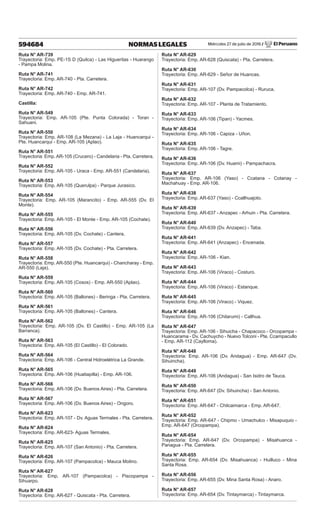 Miércoles 27 de julio de 2016 / El Peruano
594684 NORMAS LEGALES
Ruta N° AR-739
Trayectoria: Emp. PE-1S D (Quilca) - Las Higueritas - Huarango
- Pampa Molina.
Ruta N° AR-741
Trayectoria: Emp. AR-740 - Pta. Carretera.
Ruta N° AR-742
Trayectoria: Emp. AR-740 - Emp. AR-741.
Castilla:
Ruta N° AR-549
Trayectoria: Emp. AR-105 (Pte. Punta Colorada) - Toran -
Sahuani.
Ruta N° AR-550
Trayectoria: Emp. AR-108 (La Mezana) - La Laja - Huancarqui -
Pte. Huancarqui - Emp. AR-105 (Aplao).
Ruta N° AR-551
Trayectoria: Emp. AR-105 (Crucero) - Candelaria - Pta. Carretera.
Ruta N° AR-552
Trayectoria: Emp. AR-105 - Uraca - Emp. AR-551 (Candelaria).
Ruta N° AR-553
Trayectoria: Emp. AR-105 (Querulpa) - Parque Jurasico.
Ruta N° AR-554
Trayectoria: Emp. AR-105 (Marancito) - Emp. AR-555 (Dv. El
Monte).
Ruta N° AR-555
Trayectoria: Emp. AR-105 - El Monte - Emp. AR-105 (Cochate).
Ruta N° AR-556
Trayectoria: Emp. AR-105 (Dv. Cochate) - Cantera.
Ruta N° AR-557
Trayectoria: Emp. AR-105 (Dv. Cochate) - Pta. Carretera.
Ruta N° AR-558
Trayectoria: Emp. AR-550 (Pte. Huancarqui) - Chancharay - Emp.
AR-550 (Laja).
Ruta N° AR-559
Trayectoria: Emp. AR-105 (Cosos) - Emp. AR-550 (Aplao).
Ruta N° AR-560
Trayectoria: Emp. AR-105 (Ballones) - Beringa - Pta. Carretera.
Ruta N° AR-561
Trayectoria: Emp. AR-105 (Ballones) - Cantera.
Ruta N° AR-562
Trayectoria: Emp. AR-105 (Dv. El Castillo) - Emp. AR-105 (La
Barranca).
Ruta N° AR-563
Trayectoria: Emp. AR-105 (El Castillo) - El Colorado.
Ruta N° AR-564
Trayectoria: Emp. AR-106 - Central Hidroelétrica La Grande.
Ruta N° AR-565
Trayectoria: Emp. AR-106 (Huatiapilla) - Emp. AR-106.
Ruta N° AR-566
Trayectoria: Emp. AR-106 (Dv. Buenos Aires) - Pta. Carretera.
Ruta N° AR-567
Trayectoria: Emp. AR-106 (Dv. Buenos Aires) - Ongoro.
Ruta N° AR-623
Trayectoria: Emp. AR-107 - Dv. Aguas Termales - Pta. Carretera.
Ruta N° AR-624
Trayectoria: Emp. AR-623- Aguas Termales.
Ruta N° AR-625
Trayectoria: Emp. AR-107 (San Antonio) - Pta. Carretera.
Ruta N° AR-626
Trayectoria: Emp. AR-107 (Pampacolca) - Mauca Molino.
Ruta N° AR-627
Trayectoria: Emp. AR-107 (Pampacolca) - Piscopampa -
Sihuarpo.
Ruta N° AR-628
Trayectoria: Emp. AR-627 - Quiscata - Pta. Carretera.
Ruta N° AR-629
Trayectoria: Emp. AR-628 (Quiscata) - Pta. Carretera.
Ruta N° AR-630
Trayectoria: Emp. AR-629 - Señor de Huancas.
Ruta N° AR-631
Trayectoria: Emp. AR-107 (Dv. Pampacolca) - Ruruca.
Ruta N° AR-632
Trayectoria: Emp. AR-107 - Planta de Tratamiento.
Ruta N° AR-633
Trayectoria: Emp. AR-106 (Tipan) - Yacmes.
Ruta N° AR-634
Trayectoria: Emp. AR-106 - Capiza - Uñon.
Ruta N° AR-635
Trayectoria: Emp. AR-106 - Tagre.
Ruta N° AR-636
Trayectoria: Emp. AR-106 (Dv. Huami) - Pampachacra.
Ruta N° AR-637
Trayectoria: Emp. AR-106 (Yaso) - Ccatana - Cotanay -
Machahuay - Emp. AR-106.
Ruta N° AR-638
Trayectoria: Emp. AR-637 (Yaso) - Ccallhuajoto.
Ruta N° AR-639
Trayectoria: Emp. AR-637 - Anzapec - Arhuin - Pta. Carretera.
Ruta N° AR-640
Trayectoria: Emp. AR-639 (Dv. Anzapec) - Taba.
Ruta N° AR-641
Trayectoria: Emp. AR-641 (Anzapec) - Encenada.
Ruta N° AR-642
Trayectoria: Emp. AR-106 - Kian.
Ruta N° AR-643
Trayectoria: Emp. AR-106 (Viraco) - Costuro.
Ruta N° AR-644
Trayectoria: Emp. AR-106 (Viraco) - Estanque.
Ruta N° AR-645
Trayectoria: Emp. AR-106 (Viraco) - Viquez.
Ruta N° AR-646
Trayectoria: Emp. AR-106 (Chilarumi) - Callhua.
Ruta N° AR-647
Trayectoria: Emp. AR-106 - Sihuicha - Chapacoco - Orcopampa -
Huancarama - Dv. Cachuycho - Nuevo Tolconi - Pte. Ccampacullo
- Emp. AR-112 (Caylloma).
Ruta N° AR-648
Trayectoria: Emp. AR-106 (Dv. Andagua) - Emp. AR-647 (Dv.
Sihuincha).
Ruta N° AR-649
Trayectoria: Emp. AR-106 (Andagua) - San Isidro de Tauca.
Ruta N° AR-650
Trayectoria: Emp. AR-647 (Dv. Sihuincha) - San Antonio.
Ruta N° AR-651
Trayectoria: Emp. AR-647 - Chilcaimarca - Emp. AR-647.
Ruta N° AR-652
Trayectoria: Emp. AR-647 - Chipmo - Umachulco - Misapuquio -
Emp. AR-647 (Orcopampa).
Ruta N° AR-654
Trayectoria: Emp. AR-647 (Dv. Orcopampa) - Misahuanca -
Panagua - Pta. Carretera.
Ruta N° AR-655
Trayectoria: Emp. AR-654 (Dv. Misahuanca) - Huilluco - Mina
Santa Rosa.
Ruta N° AR-656
Trayectoria: Emp. AR-655 (Dv. Mina Santa Rosa) - Anaro.
Ruta N° AR-657
Trayectoria: Emp. AR-654 (Dv. Tintaymarca) - Tintaymarca.
 
