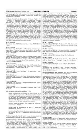 El Peruano / Miércoles 27 de julio de 2016 594641
NORMAS LEGALES
PE-1S, o Longitudinal de la costa sur, identificada con el prefijo
“PE-1S”, tiene cuatro (04) variante y cuatro (04) ramales. Su
trayectoria es la siguiente:
I.V. Santa Anita (Vía de Evitamiento)- I.V. Javier Prado - I.V.
Primavera - I.V. Atocongo - I.V. Villa - Pte. Vilca - Pte. Conchán
- I.V. Lurín - I.V. Pucusana - Chilca - I.V. San Andrés - I.V. Mala
(PE-22 A) - Pte. Asia - Asia - I.V. Cerro Azul (PE-24) - Pte. Henrry
Aramayo (Río Cañete) - Dv. Cañete– Pte. Topará – Chincha Alta
- San Clemente (PE-28 A) - Tupac Amaru - I.V. Paracas (PE-28)
- Guadalupe – Ica – Av. Los Maestros)- Pte. Los Maestros (PE-
1S C) - Santiago - Dv. Ocucaje - Pte. Río Grande – Palpa (Av.
Miguel Grau) (PE-30 D) - Nazca - Vista Alegre (PE-30 A) - Dv.
San Juan (PE-30) - Chaviña - Pte. Chaviña - Yauca - Pte. Yauca -
Dv. Achanizo (PE-32) - Atico - Pte. Ocoña - Ocoña - Pte. Camaná
- Dv. Camaná – Dv. Quilca (PE-1S D) - Dv. Aplao - Dv. Huambo
(PE-1S E) - Pte. Sihuas - Vitor - Pte. Vitor - La Repartición (Dv.
Arequipa - PE-34 A) - Dv. Pto. Matarani (PE-34) - La Joya - Pte.
El Fiscal - Pte. Montalvo - Dv. Moquegua (PE-36 A) - Dv. Ilo (PE-
36) - Quebrada Honda - Camiara - Cerillos - Tacna (PE-38) (Av.
Jorge Basadre – Av. Odria) - Dv. Pachia (PE-40) - Dv. Costanera
(PE-1S D) - La Concordia (frontera con Chile).
PE-1S B (ramal)
Trayectoria: Emp. PE-1S (Tupac Amaru) - Emp. PE-1S E (I.V.
Pisco).
PE-1S C (ramal)
Trayectoria: Emp. PE-1S (Pte. Los Maestros) - Ica (Acomayo –
Miguel Grau – Armando Revoredo) - La Tinguiña - San José de
Los Molinos - Huamaní - Ramadillas - Dv. Ayavirí - Tambo - Emp.
PE-28 A (Huaytará).
PE-1S D (variante)
Trayectoria: Emp. PE-1S (Dv. Quilca) - Quilca - Huata - Islay
(PE-34) - Mollendo (Vía de Evitamiento) - Pte. Freyre - Punta de
Bombón - Fundición Southern - Ilo (Av. Andrés Avelino Cáceres
– Av. José Olaya) Tacahuay - Sama - Pte. Los Baños - El Pozo -
Emp. PE-1S (Dv. Costanera).
PE-1S E (variante)
Trayectoria: Emp. PE-1S (Dv. Chincha Alta) - I.V. Tambo de Mora
- Pte. Chincha I - Pte. Chincha II - Pte. Pisco - Emp. PE-28 A (Dv.
San Clemente) - I.V. Pisco – Emp. PE-1S.
PE-1S F (ramal)
Trayectoria: Emp. PE-1S – Dv. Pisco – Dv. San Andrés – Emp.
PE-28 (Dv. Paracas).
PE-1S G (variante)
Trayectoria: Emp. PE-1S F (Dv. Pisco) - Emp. Av. Las Américas –
Pisco (Av. Genaro Medrano) – San Andrés - Emp. PE-1S F (Dv.
Paracas).
PE-1S H (variante)
Trayectoria: Emp. PE-1S G – Aeropuerto Internacional Pisco -
Emp. PE-1S G (San Andrés).
PE-1S J (ramal)
Trayectoria: Emp. PE-1S - Ventillata - Dv. Buenos Aires - Emp.
PE-1S D.
a.2. Longitudinal de la Sierra ó Eje Nº PE-3
Une la frontera norte con Ecuador en Vado Grande, en el
distrito de Ayabaca, provincia de Ayabaca, departamento de
Piura, y la frontera sur con Bolivia en el Pte. Desaguadero,
en el distrito de Desaguadero, provincia de Chucuito,
departamento de Puno. Inicia su recorrido en el Km. 0+000
ubicado en la Repartición La Oroya, en el distrito de La
Oroya, provincia de Yauli, departamento de Junín.
Hacia el norte se identifica con la letra “N”, siendo su
denominación: “PE-3N”.
Hacia el sur se identifica con la letra “S”, siendo su
denominación: “PE-3S”.
Las Variantes y Ramales se identifican, adicionalmente, con
las letras: A, B, C, D,….., espaciadas de su denominación
principal.
PE-3N o longitudinal de la sierra norte, tiene cuatro (04)
variantes y una (01) ramal. Su trayectoria es la siguiente:
Repartición La Oroya (PE-22) - Pte. Antahuaro - Dv. Tarma (PE-
22 B) - Junín - Carhuamayo - Unish (PE-20 A) - Dv. Cerro de
Pasco - Huariaca - San Rafael - Ambo (PE-18) – Huánuco Ovalo
Cayhuana (PE-18 A) - Av. Universitaria – Jr. León de Huánuco
- Pte. Daniel Alomia Robles - Chavinillo - Chuquis - La Unión -
Huallanca - Abra Yanashalla – Aquia (PE-3N E) - Chiquían – Dv.
Mojón (PE-3N E) - Conococha (PE-16) - Catac - Recuay - Pte.
Bedoya - Pte. Mashuan - Pte. Tacllan - Huaraz (PE-14 y PE-14
A) (Av. Confraternidad Internacional Oeste)- Pte. Jangas - Pte.
Atusparia - Carhuaz - Yungay - Caraz - Pte. Choquechaca -
Sucre - Huallanca - Yuracmarca – Dv. Pte. Huarochirí (PE-3N
A) - Pte. La Limeña - Mirador - Pte. Agua Clara - Chuquicara
(PE-12) - Quiroz - Ancos - Tauca (PE-3N A) - Cabana - Pallasca
- Mollepata - Angasmarca - Santiago de Chuco - Shorey (PE-10
A) – Quiruvilca - Huamachuco (Vía de Evitamiento) - Sausacocha
(PE-10 B) - Marcabal - Cajabamba (Vía de Evitamiento) - Pte.
Crisneja - La Grama - San Marcos (Vía de Evitamiento) - Matara
- Llacanora - Cajamarca (PE-08 y PE-08 B) (Vía de Evitamiento
Sur - Norte) - Dv. Tambillo (PE-08 A) - Dv. Yanacanchilla Alta (PE-
3N B) - El Cobro - El Empalme - Abra Coimolache - Hualgayoc
- Bambamarca (Vía de Evitamiento) – Negropampa – Dv. Chota
(PE-3N C) - Lajas - Chamana (PE-06 B) - Cochabamba (PE-06 A)
– Cutervo (PE-3N C) - Santo Domingo de Capilla - Dv. Callayuc -
Chiple (PE-04 C) - Pucará - Dv. Pomahuaca - Pte. Huancabamba
– Pte. Hualapampa (PE-04 B) - Huarmaca - Sondorillo - Sondor
(PE-02 B) - Huancabamba (PE-02 A) – Dv. Sapalache – Curilcas -
Nuevo Porvenir de Yanta – Santa Rosa – Olleros – Dv. Espindola
– Pampas de Socchabamba (Dv. Ayabaca) - Dv Remolino - Vado
Grande (Frontera con Ecuador).
PE-3N A (variante)
Trayectoria: Emp. PE-3N (Dv. Pte. Huarochirí) – Pte. Huarochirí -
Dv. Sihuas (PE-12 A) - La Pampa - Dv. Corongo - Bambas - Emp.
PE-3N (Tauca).
PE-3N B (variante)
Trayectoria: Emp. PE-3N (Dv. Yanacanchilla Alta) - Yanacanchilla
Alta - Llaucan - Dv. Arascorgue - Emp. PE-3N (Bambamarca).
PE-3N C (variante)
Trayectoria: Emp. PE-3N (Chota) - Emp. PE-3N (Cutervo).
PE-3N D (ramal)
Trayectoria: Emp. PE-3N (Cutervo) - Socota – San Andrés de
Cutervo – Santo Tomás – Pimpingos – Emp. PE-04 C (Cuyca).
PE-3N E (variante)
Trayectoria: Emp. PE-3N (Dv. Aquia) – Mojón – Emp. PE-3N.
PE-3N G
Trayectoria: Emp. PE-3N (La Cima) - Azulmita - Atocsayo -
Conocancha - Dv. Corpacancha - Chupas - Cueva - Coricocha
- Emp. PE-22 (Chinchan).
PE-3S o longitudinal de la sierra sur, tiene cinco (05) variantes
y cuatro (04) ramales. Su trayectoria es la siguiente:
Repartición La Oroya (PE-22) - Pte. La Oroya - Dv. Chacapalpa
- Pte. Matachico - Dv. Mito (PE-3S B) - Pte. Stuart - Dv. Jauja (PE-
3S A) - Pte. Matahuasi - Concepción (PE-24 A) – Huancayo (Av.
Mariscal Castilla – Evitamiento – Av. Huancavelica) - Chilca (PE-
3S C) - Huayucachi (PE-3S B) - Dv. Viques (PE-3S B) - Cullhuas
- Abra Telleria - Dv. Mullampa (PE-3S D) - Acostambo - Izcuchaca
(PE-26) - Mcal. Cáceres La Mejorada (PE-3S M) - Quichuas -
La Esmeralda - Mayoc - Pte. Mayoc - Pte. Alcomachay - Huanta
(Circunvalación) - Lagunilla (PE-28 B) - Dv. Laramate (PE-26 B)
- Dv. Pisco (PE-28 A) - Ayacucho (Via de Evitamiento - Av. Del
Ejército) – Dv. Tambillo (PE-3S L) - Dv. Chiara - Abra Tocto (PE-32
A) - Abra Huamina – Dv. Matara (PE-3S L) - Ocros - Chincheros -
Abra Soroccjocha - Andahuaylas (PE-30 B) (Av. Sequisentenario
Av. Del Ejercito) - Abra Huayllaccasa - Kishuara - Huancarama
– Sotapa - Dv. Chalhuanca (PE-30 A) Pte. Sahuinto - Abancay
(Av. Paseo de los Artesanos – Manuel Seoane – Prado Alto – Av.
Tamburco) - Abra Socllaccasa - Pte.Tambohuayco - Pte. Cunyac
- Dv. Mollepata - Pte. Media Luna - Limatambo - Abra Huillkue
- Dv. Cotabambas (PE-3S F) - Anta - Dv. Cachimayo (PE-28 F)
- Arco Tica Tica - Cusco (Antonio Lorena – Prolongacion Grau –
Agustin Gamarra – San Martín – 28 de Julio – Emp. PE-28 G Vía
Expresa – Av. Cultura) - Huacarpay (PE-28 B) – Urcos (Via de
Evitamiento, PE-30 C) - Pte. Urcos - Pte. Cachimayo - Quiquijana
- Cusipata - Pte. Cusipata - Pte. Combapata - Combapata
(PE-34 F) - Pte. Sicuani - Sicuani (PE-34 G) - Pte. Enrique P.
Mejia - Dv. Marangani - Abra La Raya - Sta. Rosa - Pte. Pariña
- Pte. San Antonio - Pte. Chiquimayo - Ayaviri (PE-3S G) - Pte.
Ventilla - Pucará (PE-3S H) - Pte. Pucará - Dv. Azangaro (PE-34
B) - Calapuja - Pte. Maravillas - Juliaca (PE-34 A y PE-34 H) -
Puno (PE-36 B) - Chucuito - Ilave - Pte. Ilave (PE-38 A) - Juli
- Dv. Pomata - Desaguadero – Dv. Viluyo (PE-36 A) frontera con
Bolivia - Pte. Internacional Desaguadero (frontera con Bolivia).
PE-3S A (ramal)
Trayectoria: Emp. PE-3S (Ov. Aeropuerto Jauja) - Jauja (Vía de
Evitamiento) - Lomolargo - Huaricolca - Emp. PE-22 B (Tarma).
PE-3S B (variante)
Trayectoria: Emp. PE-3S (Dv. Pte. Stuart) - Muqui - Huancani
- Sincos - Mito - Orcotuna - Sicaya - Pilcomayo (PE-24) -
Huamancaca Chico - Tres de Diciembre - Chupuro - Viques -
Emp. PE-3S (Huayucachi).
 