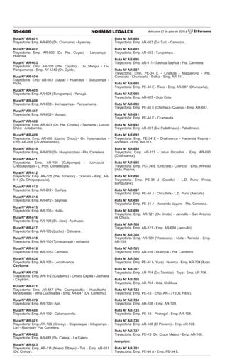 Miércoles 27 de julio de 2016 / El Peruano
594686 NORMAS LEGALES
Ruta N° AR-601
Trayectoria: Emp. AR-600 (Dv. Charcana) - Ayancay.
Ruta N° AR-602
Trayectoria: Emp. AR-600 (Dv. Pte. Cuyao) - Lancaroya -
Huarhua.
Ruta N° AR-603
Trayectoria: Emp. AR-105 (Pte. Coyota) - Dv. Mungui - Dv.
Pampamarca - Emp. AY-1240 (Dv. Oyolo).
Ruta N° AR-604
Trayectoria: Emp. AR-603 (Sayla) - Huarcaya - Surupampa -
Piclla.
Ruta N° AR-605
Trayectoria: Emp. AR-604 (Surupampa) - Yanaya.
Ruta N° AR-606
Trayectoria: Emp. AR-603 - Jochapampa - Pampamarca.
Ruta N° AR-607
Trayectoria: Emp. AR-603 - Mungui.
Ruta N° AR-608
Trayectoria: Emp. AR-603 (Dv. Pte. Coyota) - Taurisma - Luicho
Chico - Antabamba.
Ruta N° AR-609
Trayectoria: Emp. AR-608 (Luicho Chico) - Dv. Huaynacotas -
Emp. AR-608 (Dv. Antabamba).
Ruta N° AR-610
Trayectoria: Emp. AR-609 (Dv. Huaynacotas) - Pta. Carretera.
Ruta N° AR-611
Trayectoria: Emp. AR-105 (Culipampa) - Uchuquia -
Choquepuquio - L. Prov. Condesuyos.
Ruta N° AR-612
Trayectoria: Emp. AR-105 (Pte. Tocarioc) - Ocoruro - Emp. AR-
611 (Dv. Choquepuquio).
Ruta N° AR-613
Trayectoria: Emp. AR-612 - Cushpa.
Ruta N° AR-614
Trayectoria: Emp. AR-612 - Sayrosa.
Ruta N° AR-615
Trayectoria: Emp. AR-105 - Huilla.
Ruta N° AR-616
Trayectoria: Emp. AR-105 (Dv. Alca) - Ayahuasi.
Ruta N° AR-617
Trayectoria: Emp. AR-105 (Lucha) - Cahuana.
Ruta N° AR-618
Trayectoria: Emp. AR-105 (Tomepampa) - Achambi.
Ruta N° AR-619
Trayectoria: Emp. AR-105 - Cachana.
Ruta N° AR-620
Trayectoria: Emp. AR-105 - Locrahuanca.
Caylloma:
Ruta N° AR-670
Trayectoria: Emp. AR-112 (Caylloma) - Chuco Capilla - Jachaña
- Cayarani.
Ruta N° AR-671
Trayectoria: Emp. AR-647 (Pte. Ccampacullo) - Huayllacho -
Mina Bateas - Mina Cuchilladas - Emp. AR-647 (Dv. Caylloma).
Ruta N° AR-679
Trayectoria: Emp. AR-109 - Ajpi.
Ruta N° AR-680
Trayectoria: Emp. AR-109 - Cabanaconde.
Ruta N° AR-681
Trayectoria: Emp. AR-109 (Chivay) - Corporaque - Ichupampa -
Lari - Madrigal - Pta. Carretera.
Ruta N° AR-682
Trayectoria: Emp. AR-681 (Dv. Calera) - La Calera.
Ruta N° AR-683
Trayectoria: Emp. AR-111 (Nuevo Sibayo) - Tuti - Emp. AR-681
(Dv. Chivay).
Ruta N° AR-684
Trayectoria: Emp. AR-683 (Dv. Tuti) - Canocota.
Ruta N° AR-685
Trayectoria: Emp. AR-683 - Turupampa.
Ruta N° AR-686
Trayectoria: Emp. AR-111 - Sayhua Sayhua - Pta. Carretera.
Ruta N° AR-687
Trayectoria: Emp. PE-34 E - Challuta - Maqueruyo - Pte.
Canocota - Churucaña - Pallca - Emp. AR-111.
Ruta N° AR-688
Trayectoria: Emp. PE-34 E - Tisco - Emp. AR-687 (Churucaña).
Ruta N° AR-689
Trayectoria: Emp. AR-687 - Cota Cota.
Ruta N° AR-690
Trayectoria: Emp. PE-34 E (Chichas) - Quenco - Emp. AR-687.
Ruta N° AR-691
Trayectoria: Emp. PE-34 E - Ccanasata.
Ruta N° AR-692
Trayectoria: Emp. AR-691 (Dv. Pallallmayo) - Pallallmayo.
Ruta N° AR-693
Trayectoria: Emp. PE-34 E - Chalhuanca - Hacienda Pasma -
Andalaca - Emp. AR-113.
Ruta N° AR-694
Trayectoria: Emp. AR-113 - Jatun Orcochiri - Emp. AR-693
(Chalhuanca).
Ruta N° AR-695
Trayectoria: Emp. PE- 34 E (Chichas) - Ccencco - Emp. AR-693
(Hda. Pasma)
Ruta N° AR-696
Trayectoria: Emp. PE-34 J (Oscollo) - L.D. Puno (Presa
Bamputane).
Ruta N° AR-697
Trayectoria: Emp. PE-34 J - Chicullata - L.D. Puno (Atecata).
Ruta N° AR-698
Trayectoria: Emp. PE-34 J - Hacienda Jayune - Pta. Carretera.
Ruta N° AR-699
Trayectoria: Emp. AR-121 (Dv. Imata) - Jancullo - San Antonio
de Chuca.
Ruta N° AR-700
Trayectoria: Emp. AR-121 - Emp. AR-699 (Jancullo).
Ruta N° AR-704
Trayectoria: Emp. AR-109 (Viscayacu) - Lluta - Tambito - Emp.
AR-109.
Ruta N° AR-705
Trayectoria: Emp. AR-109 - Querque - Pta. Carretera.
Ruta N° AR-706
Trayectoria: Emp. PE-34 A (Yura) - Huanca - Emp. AR-704 (lluta).
Ruta N° AR-707
Trayectoria: Emp. AR-704 (Dv. Tambito) - Taya - Emp. AR-706.
Ruta N° AR-708
Trayectoria: Emp. AR-704 - Hda. Chillihua.
Ruta N° AR-733
Trayectoria: Emp. PE-1S - Emp. AR-731 (Dv. Pitay).
Ruta N° AR-734
Trayectoria: Emp. AR-108 - Emp. AR-109.
Ruta N° AR-735
Trayectoria: Emp. PE-1S - Pedregal - Emp. AR-108.
Ruta N° AR-736
Trayectoria: Emp. AR-108 (El Pionero) - Emp. AR-108.
Ruta N° AR-737
Trayectoria: Emp. PE-1S (Dv. Cruce Majes) - Emp. AR-108.
Arequipa:
Ruta N° AR-701
Trayectoria: Emp. PE-34 A - Emp. PE-34 E.
 