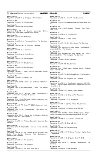 El Peruano / Miércoles 27 de julio de 2016 594687
NORMAS LEGALES
Ruta N° AR-702
Trayectoria: Emp. PE-34 E - Cañaguas - Pta. Carretera.
Ruta N° AR-709
Trayectoria: Emp. AR-706 - Pta. Carretera.
Ruta N° AR-710
Trayectoria: Emp. AR-706 - Pta. Carretera.
Ruta N° AR-711
Trayectoria: Emp. PE-34 A - Quiscos - Uyupampa - Chacra
Nueva - Yura Viejo - Agua Caliente - Emp. AR-706.
Ruta N° AR-712
Trayectoria: Emp. AR-711 - Matagrayo.
Ruta N° AR-713
Trayectoria: Emp. PE-34 A - Pampas de Arriero - Pta. Carretera.
Ruta N° AR-714
Trayectoria: Emp. AR-706 (Dv. Yura) - Pta. Carretera.
Ruta N° AR-715
Trayectoria: Emp. PE-34 A - Socosani.
Ruta N° AR-716
Trayectoria: Emp. PE-34 A - Emp. AR-114.
Ruta N° AR-717
Trayectoria: Emp. AR-716 - Pta. Carretera.
Ruta N° AR-718
Trayectoria: Emp. AR-114 - Pta. Carretera.
Ruta N° AR-719
Trayectoria: Emp. AR-114 - Pta. Carretera.
Ruta N° AR-720
Trayectoria: Emp. PE-1S - Sotillo - San Luis - La Suarez - Mocoro
- Emp. AR-114 (La joya).
Ruta N° AR-721
Trayectoria: Emp. AR-720 - Benito Lazo.
Ruta N° AR-722
Trayectoria: Emp. PE-1S - Gloria - Los Medanos - El Ramal -
Emp. AR-114.
Ruta N° AR-723
Trayectoria: Emp. PE-1S - La Calderón - Castillo - San Antonio
- La Cano.
Ruta N° AR-724
Trayectoria: Emp. PE-1S - Morante - Taca - Desamparados -
Tacar - La Hacienda - Huachipa - El Quemao.
Ruta N° AR-725
Trayectoria: Emp. PE-1S - Pte. Vitor - Caleta - Yuracmayo 3ra -
Yuracmayo 2da - Yuracmayo 1ra.
Ruta N° AR-726
Trayectoria: Emp. AR-725 - Emp. AR-725 (Dv. Yuracmayo 1ra.).
Ruta N° AR-727
Trayectoria: Emp. PE-1S - Yuracmayo 4ta - Emp. AR-725 (Dv.
Yuracmayo 3ra.).
Ruta N° AR-728
Trayectoria: Emp. PE-1S - Santa Rita de Siguas - Hacienda
Olasabal - Santa Ana - Pta. Carretera.
Ruta N° AR-729
Trayectoria: Emp. PE-1S - Viviches - San Martín - Lucanias - San
Bernardo.
Ruta N° AR-730
Trayectoria: Emp. PE-1S (Tambillo) - San Luis - Santa Isabel de
Siguas.
Ruta N° AR-731
Trayectoria: Emp. PE-1S - Pte. Tambillo - Cujan - Cujanillo - San
Basilio - Tintin - Sondor - Cañaveral - Pitay - Quilcapampa -
Betancurt - Pta. Carretera.
Ruta N° AR-732
Trayectoria: Emp. PE-1S - Pta. Carretera.
Ruta N° AR-740
Trayectoria: Emp. PE-34 - Pta. Carretera.
Ruta N° AR-743
Trayectoria: Emp. PE-1S - San Isidro - Emp. PE-1S.
Ruta N° AR-744
Trayectoria: Emp. PE-1S - Emp. AR-743 (San Isidro).
Ruta N° AR-745
Trayectoria: Emp. PE-1S - Villa Hermosa San Isidro - Emp. AR-
744.
Ruta N° AR-746
Trayectoria: Emp. PE-34 A - Huayco - Congata - Cerro Verde -
Emp. AR-115.
Ruta N° AR-747
Trayectoria: Emp. PE-34 A - Emp. AR- 116.
Ruta N° AR-748
Trayectoria: Emp. PE-34 C - Emp. AR-116.
Ruta N° AR-749
Trayectoria: Emp. AR-748 - Dv. Selva Alegre - Pta. Carretera.
Ruta N° AR-750
Trayectoria: Emp. AR-751 (Dv. Selva Alegre) - Selva Alegre -
Mirador de Chilina - Pta. Carretera.
Ruta N° AR-751
Trayectoria: Emp. AR-749 - Alto Selva Alegre - San Lázaro -
Balcones de Chilina - Villa Ecologica - Pta. Carretera.
Ruta N° AR-752
Trayectoria: Emp. AR-116 - Pta. Carretera.
Ruta N° AR-753
Trayectoria: Emp. AR-116 - Pta. Carretera.
Ruta N° AR-754
Trayectoria: Emp. PE-34 C -Apo - Chilligua Grande - Chilligua
Chico - Emp. AR-116.
Ruta N° AR-755
Trayectoria: Emp. AR-754 (Dv. Chilligua Chico) - Pta. Carretera.
Ruta N° AR-756
Trayectoria: Emp. AR-754 - Represa - Pta. Carretera.
Ruta N° AR-757
Trayectoria: Emp. PE-34 A - Huayllacucho - Acopata - Killo Killo -
Llallahue - Condori - Lajara - Huayllane - Changarane - Tarucani
- Emp. PE-34 C.
Ruta N° AR-758
Trayectoria: Emp. AR-757 (Condori) - Pta. Carretera.
Ruta N° AR-759
Trayectoria: Emp. PE-34 C - Emp. AR-757 (Tarucani).
Ruta N° AR-760
Trayectoria: Emp. PE-34 C - L.D. Moquegua.
Ruta N° AR-761
Trayectoria: Emp. PE-34 C (Pati) - Tulane - Pta. Carretera.
Ruta N° AR-762
Trayectoria: Emp. PE-34 C - Paticora - Emp. AR-763.
Ruta N° AR-763
Trayectoria: Emp. PE-34 C - Tambo de Aji - Ajana - Porque -
Huerta - Cangalle Chico - Cangalle Grande - Emp. MO-104.
Ruta N° AR-764
Trayectoria: Emp. PE-34 C - Quiscani - Emp. AR-765.
Ruta N° AR-765
Trayectoria: Emp. AR-119 - Emp. MO-104.
Ruta N° AR-766
Trayectoria: Emp. AR-119 - L.D. Moquegua.
Ruta N° AR-767
Trayectoria: Emp. PE-34 C - Miraflores - Arenales - Espíritu Santo
- Cachamarca.
Ruta N° AR-768
Trayectoria: Emp. PE-34 C - Chiguata - Emp. PE-34 C.
Ruta N° AR-769
Trayectoria: Emp. PE-34 C - Cacayacu - Mosopuquio - Pta.
Carretera.
Ruta N° AR-770
Trayectoria: Emp. PE-34 C - San Bernardo.
 