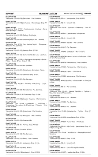 Miércoles 27 de julio de 2016 / El Peruano
594690 NORMAS LEGALES
Ruta N° AY-583
Trayectoria: Emp. AY-578 - Pacaycasa - Pta. Carretera.
Ruta N° AY-584
Trayectoria: Emp. AY-578 (Ayahuanco) - Mosoccllaqta - Emp. AY-
585.
Ruta N° AY-585
Trayectoria: Emp. AY-100 - Huachoccacca - Aranhuay - Santa
Rosa de Araujo - Challhuan.
Ruta N° AY-586
Trayectoria: Emp. AY-585 - Sadocc - Ccochaca.
Ruta N° AY-587
Trayectoria: Emp. AY-585 - Chanccaipampa - Pta. Carretera.
Ruta N° AY-588
Trayectoria: Emp. AY-100 (San José de Secce) - Occopecca -
Marccare - Pta. Carretera.
Ruta N° AY-589
Trayectoria: Emp. AY-100 - Laupay - Emp. AY-100.
Ruta N° AY-590
Trayectoria: Emp. AY-100 - Comunidad de San Luis - Llacchuas.
Ruta N° AY-591
Trayectoria: Emp. PE-28 B - Pampalca - Pucaccasa - Purus -
Pallcca - Chaca - Choa - Emp. AY-100.
Ruta N° AY-592
Trayectoria: Emp. AY-591 - Pta. Carretera.
Ruta N° AY-593
Trayectoria: Emp. AY-591 - Macachupe - Bramadero - Tircos.
Ruta N° AY-594
Trayectoria: Emp. AY-100 - Lambras - Emp. AY-591.
Ruta N° AY-595
Trayectoria: Emp. AY-591 - Pta. Carretera.
Ruta N° AY-596
Trayectoria: Emp. PE-28 B - Tribolina - Uchuraccay - Cunya -
Emp. AY-591.
Ruta N° AY-598
Trayectoria: Emp. AY-596 - Marcobamba - Pta. Carretera.
Ruta N° AY-599
Trayectoria: Emp. PE-28 B - Ccatupata - Emp. AY-596.
Ruta N° AY-603
Trayectoria: Emp. AY-596 (Cunya) - Huaychao - Pta. Carretera.
Ruta N° AY-604
Trayectoria: Emp. AY-596 (Uchuraccay) - Toranquima -
Yanasraccay - San Antonio de Chulluchaca - Patasucro - Emp.
AY-100 (Huanta).
Ruta N° AY-605
Trayectoria: Emp. AY-100 - Ccatunhuasi - Pta. Carretera.
Ruta N° AY-606
Trayectoria: Emp. AY-100 - Ataccopata - Pta. Carretera.
Ruta N° AY-607
Trayectoria: Emp. AY-100 - Huaccamolle.
Ruta N° AY-608
Trayectoria: Emp. PE-3S - Pampay - Emp. AY-100.
Ruta N° AY-609
Trayectoria: Emp. AY-100 - Emp. AY-608.
Ruta N° AY-610
Trayectoria: Emp. AY-100 - Pta. Carretera.
Ruta N° AY-611
Trayectoria: Emp. AY-100 - Pariza - Pta. Carretera.
Ruta N° AY-612
Trayectoria: Emp. PE-3S - Izcutacocc - Emp. AY-100.
Ruta N° AY-613
Trayectoria: Emp. AY-100 - Emp. AY-612.
Ruta N° AY-614
Trayectoria: Emp. AY-612 (Izcutacocc) - Emp. AY-615.
Ruta N° AY-615
Trayectoria: Emp. PE-3S - Seccebamba - Emp. AY-612.
Ruta N° AY-616
Trayectoria: Emp. PE-3S - Emp. AY-100.
Ruta N° AY-617
Trayectoria: Emp. AY-100 - Pichiurara - Chancaray - Emp. AY-
100.
Ruta N° AY-618
Trayectoria: Emp. AY-617 - Cedro Huerta - Sinpayhuasi.
Ruta N° AY-619
Trayectoria: Emp. PE-3S - Emp. AY-100.
Ruta N° AY-620
Trayectoria: Emp. AY-617 - Seccllas - Pta. Carretera.
Ruta N° AY-621
Trayectoria: Emp. AY-617 - Pta. Carretera.
Ruta N° AY-622
Trayectoria: Emp. AY-617 - Cedro Pata - Pta. Carretera.
Ruta N° AY-623
Trayectoria: Emp. AY-604 - Centro Unión - Unión Puntina - Emp.
AY-624 (Pampacancha).
Ruta N° AY-624
Trayectoria: Emp. AY-604 - Pampacancha - Pta. Carretera.
Ruta N° AY-625
Trayectoria: Emp. AY-604 - Pampacancha - Pta. Carretera.
Ruta N° AY-626
Trayectoria: Emp. AY-604 - Callqui - Emp. AY-628.
Ruta N° AY-627
Trayectoria: Emp. AY-604 - Uchcumarca - Pta. Carretera.
Ruta N° AY-628
Trayectoria: Emp. AY-100 (Huanta) - Soccosccocha - Huancayocc
- Chula.
Ruta N° AY-629
Trayectoria: Emp. PE-3S - Pta. Carretera.
Ruta N° AY-630
Trayectoria: Emp. PE-3S - Laguna Razuhilca - Puchcas -
Razuhilca - Laguna Chacaccocha.
Ruta N° AY-631
Trayectoria: Emp. AY-630 - Pta. Carretera.
Ruta N° AY-632
Trayectoria: Emp. AY-630 - Pta. Carretera.
Ruta N° AY-633
Trayectoria: Emp. AY-630 - Pta. Carretera.
Ruta N° AY-634
Trayectoria: Emp. PE-3S - Quispicancha - Puchkas - Emp. AY-
636.
Ruta N° AY-635
Trayectoria: Emp. AY-634 - Mosoqllacta - Emp. AY-636.
Ruta N° AY-636
Trayectoria: Emp. AY-637 - Nueva Unión - Pumahuasi.
Ruta N° AY-637
Trayectoria: Emp. PE-3S - Villa Florida - Macachacra - Emp. AY-
646 (Huamanguilla).
Ruta N° AY-638
Trayectoria: Emp. AY-636 - Mutoyccocha - Rayanpampa - Pta.
Carretera.
Ruta N° AY-639
Trayectoria: Emp. AY-637 - Emp. AY-638.
Ruta N° AY-640
Trayectoria: Emp. PE-3S - Emp. AY-641.
Ruta N° AY-641
Trayectoria: Emp. PE-3S - Emp. AY-637 (Macachacra).
Ruta N° AY-642
Trayectoria: Emp. AY-637 - Huaribamba - Emp. AY-643.
 