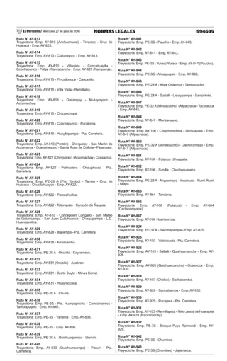 El Peruano / Miércoles 27 de julio de 2016 594695
NORMAS LEGALES
Ruta N° AY-813
Trayectoria: Emp. AY-810 (Anchachuasi) - Timpocc - Cruz de
Huaraca - Emp. AY-825.
Ruta N° AY-814
Trayectoria: Emp. AY-813 - Cullunayocc - Emp. AY-813.
Ruta N° AY-815
Trayectoria: Emp. AY-810 - Villavista - Concahuaylla -
Ccochapunco - Pallja - Ranracancha - Emp. AY-825 (Pampamja).
Ruta N° AY-816
Trayectoria: Emp. AY-815 - Pinculluncca - Cancayllo.
Ruta N° AY-817
Trayectoria: Emp. AY-815 - Villa Vista - Remillalloj.
Ruta N° AY-818
Trayectoria: Emp. AY-815 - Qasanqay - Mutuyniyocc -
Accomachay.
Ruta N° AY-819
Trayectoria: Emp. AY-815 - Orcconchupa.
Ruta N° AY-820
Trayectoria: Emp. AY-815 - Ccochapunco - Pucaloma.
Ruta N° AY-821
Trayectoria: Emp. AY-810 - Huayllapampa - Pta. Carretera.
Ruta N° AY-822
Trayectoria: Emp. AY-810 (Pontón) - Chinguiray - San Martín de
Accomarca - Ccahuinayocc - Santa Rosa de Collota - Patahuasi.
Ruta N° AY-823
Trayectoria: Emp.AY-822 (Chinguiray) -Accomachay - Ccasacruz.
Ruta N° AY-824
Trayectoria: Emp. AY-822 - Palmadera - Chaupihuasi - Pta.
Carretera
Ruta N° AY-825
Trayectoria: Emp. PE-28 A (Pte. Tambo) - Tambo - Cruz de
Huaraca - Chucllahuayco - Emp. AY-822.
Ruta N° AY-826
Trayectoria: Emp. AY-822 - Parccahuillca.
Ruta N° AY-827
Trayectoria: Emp. AY-822 - Totorapata - Corazón de Ñaupas.
Ruta N° AY-828
Trayectoria: Emp. AY-810 - Concepción Cangallo - San Mateo
de Qatunpampa - San Juan Culluhuanca - Chaquipampa - L.D.
Huancavelica.
Ruta N° AY-829
Trayectoria: Emp. AY-828 - Illapampa - Pta. Carretera.
Ruta N° AY-830
Trayectoria: Emp. AY-828 - Andabamba.
Ruta N° AY-831
Trayectoria: Emp. PE-28 A - Occollo - Cayramayo.
Ruta N° AY-832
Trayectoria: Emp. AY-831 (Occollo) - Azabran.
Ruta N° AY-833
Trayectoria: Emp. AY-831 - Suyto Suyto - Minas Corral.
Ruta N° AY-834
Trayectoria: Emp. AY-831 - Huayraccasa.
Ruta N° AY-835
Trayectoria: Emp. PE-28 A - Churia.
Ruta N° AY-836
Trayectoria: Emp. PE-3S - Pte. Huarpapicchu - Campanayocc -
Tambopuquio - Emp. AY-841.
Ruta N° AY-837
Trayectoria: Emp. PE-3S - Yanama - Emp. AY-836.
Ruta N° AY-838
Trayectoria: Emp. PE-3S - Emp. AY-836.
Ruta N° AY-839
Trayectoria: Emp. PE-28 A - Quishuarpampa - Llunchi.
Ruta N° AY-840
Trayectoria: Emp. AY-839 (Quishuarpampa) - Pacuri - Pta.
Carretera.
Ruta N° AY-841
Trayectoria: Emp. PE-3S - Paucho - Emp. AY-845.
Ruta N° AY-842
Trayectoria: Emp. AY-841 - Emp. AY-843.
Ruta N° AY-843
Trayectoria: Emp. PE-3S - Yuracc Yuracc - Emp.AY-841 (Paucho).
Ruta N° AY-844
Trayectoria: Emp. PE-3S - Ahuapuquio - Emp. AY-843.
Ruta N° AY-845
Trayectoria: Emp. PE-28 A - Abra Chilecruz - Tambocucho.
Ruta N° AY-846
Trayectoria: Emp. PE-28 A - Sallalli - Urpaypampa - Santa Inés.
Ruta N° AY-847
Trayectoria: Emp. PE-32A(Minascucho) -Allpachaca - Tocyascca
- Emp. AY-845.
Ruta N° AY-848
Trayectoria: Emp. AY-847 - Manzanayoc.
Ruta N° AY-849
Trayectoria: Emp. AY-106 - Chiqchimichina - Llichuapata - Emp.
AY-847 (Allpachaca).
Ruta N° AY-850
Trayectoria: Emp. PE-32 A (Minascucho) - Llachoccmayo - Emp.
AY-847 (Allpachaca).
Ruta N° AY-851
Trayectoria: Emp. AY-106 - Putacca Llihuapata.
Ruta N° AY-852
Trayectoria: Emp. AY-106 - Sunilla - Chuchoquesera.
Ruta N° AY-864
Trayectoria: Emp. PE-28 A - Angasmayo - Incahuasi - Rumi Rumi
- Millpo.
Ruta N° AY-865
Trayectoria: Emp. AY-864 - Tandana.
Ruta N° AY-866
Trayectoria: Emp. AY-106 (Putacca) - Emp. AY-864
(Cachipampana).
Ruta N° AY-867
Trayectoria: Emp. AY-106 Huaripercca.
Ruta N° AY-924
Trayectoria: Emp. PE-32 A - Secchapampa - Emp. AY-925.
Ruta N° AY-925
Trayectoria: Emp. AY-103 - Valenzuela - Pta. Carretera.
Ruta N° AY-926
Trayectoria: Emp. AY-103 - Sallalli - Quishuarcancha - Emp. AY-
926.
Ruta N° AY-927
Trayectoria: Emp. AY-926 (Quishuarcancha) - Cosencca - Emp.
AY-930.
Ruta N° AY-928
Trayectoria: Emp. AY-103 (Chalco) - Sachabamba.
Ruta N° AY-929
Trayectoria: Emp. AY-928 - Sachabamba - Emp. AY-932.
Ruta N° AY-930
Trayectoria: Emp. AY-929 - Pucajasa - Pta. Carretera.
Ruta N° AY-931
Trayectoria: Emp. AY-103 - Remillapata - Niño Jesús de Huarapite
- Emp. AY-929 (Raccaraccay).
Ruta N° AY-932
Trayectoria: Emp. PE-3S - Bosque Puya Raimondi - Emp. AY-
929.
Ruta N° AY-942
Trayectoria: Emp. PE-3S - Chumbes.
Ruta N° AY-943
Trayectoria: Emp. PE-3S (Chumbes) - Jajamarca.
 