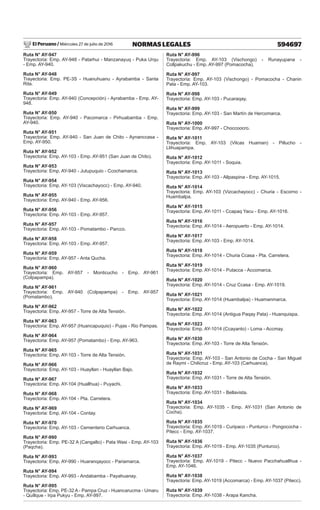 El Peruano / Miércoles 27 de julio de 2016 594697
NORMAS LEGALES
Ruta N° AY-947
Trayectoria: Emp. AY-948 - Patarhui - Manzanayuq - Puka Urqu
- Emp. AY-940.
Ruta N° AY-948
Trayectoria: Emp. PE-3S - Huanuhuanu - Ayrabamba - Santa
Rita.
Ruta N° AY-949
Trayectoria: Emp. AY-940 (Concepción) - Ayrabamba - Emp. AY-
948.
Ruta N° AY-950
Trayectoria: Emp. AY-940 - Pacomarca - Pirhuabamba - Emp.
AY-940.
Ruta N° AY-951
Trayectoria: Emp. AY-940 - San Juan de Chito - Aynanccasa -
Emp. AY-950.
Ruta N° AY-952
Trayectoria: Emp. AY-103 - Emp. AY-951 (San Juan de Chito).
Ruta N° AY-953
Trayectoria: Emp. AY-940 - Jutupuquio - Ccochamarca.
Ruta N° AY-954
Trayectoria: Emp. AY-103 (Viscachayocc) - Emp. AY-940.
Ruta N° AY-955
Trayectoria: Emp. AY-940 - Emp. AY-956.
Ruta N° AY-956
Trayectoria: Emp. AY-103 - Emp. AY-957.
Ruta N° AY-957
Trayectoria: Emp. AY-103 - Pomatambo - Parcco.
Ruta N° AY-958
Trayectoria: Emp. AY-103 - Emp. AY-957.
Ruta N° AY-959
Trayectoria: Emp. AY-957 - Anta Qucha.
Ruta N° AY-960
Trayectoria: Emp. AY-957 - Monticucho - Emp. AY-961
(Colpapampa).
Ruta N° AY-961
Trayectoria: Emp. AY-940 (Colpapampa) - Emp. AY-957
(Pomatambo).
Ruta N° AY-962
Trayectoria: Emp. AY-957 - Torre de Alta Tensión.
Ruta N° AY-963
Trayectoria: Emp. AY-957 (Huancapuquio) - Pujas - Rio Pampas.
Ruta N° AY-964
Trayectoria: Emp. AY-957 (Pomatambo) - Emp. AY-963.
Ruta N° AY-965
Trayectoria: Emp. AY-103 - Torre de Alta Tensión.
Ruta N° AY-966
Trayectoria: Emp. AY-103 - Huayllan - Huayllan Bajo.
Ruta N° AY-967
Trayectoria: Emp. AY-104 (Huallhua) - Puyachi.
Ruta N° AY-968
Trayectoria: Emp. AY-104 - Pta. Carretera.
Ruta N° AY-969
Trayectoria: Emp. AY-104 - Contay.
Ruta N° AY-970
Trayectoria: Emp. AY-103 - Cementerio Carhuanca.
Ruta N° AY-990
Trayectoria: Emp. PE-32 A (Cangallo) - Pata Wasi - Emp. AY-103
(Paqcha).
Ruta N° AY-993
Trayectoria: Emp. AY-990 - Huaranqayocc - Pariamarca.
Ruta N° AY-994
Trayectoria: Emp. AY-993 - Andabamba - Payahuanay.
Ruta N° AY-995
Trayectoria: Emp. PE-32 A - Pampa Cruz - Huancarucma - Umaru
- Quillque - Irpa Pukyu - Emp. AY-997.
Ruta N° AY-996
Trayectoria: Emp. AY-103 (Vischongo) - Runayupana -
Collpakuchu - Emp. AY-997 (Pomacocha).
Ruta N° AY-997
Trayectoria: Emp. AY-103 (Vischongo) - Pomacocha - Chanin
Pata - Emp. AY-103.
Ruta N° AY-998
Trayectoria: Emp. AY-103 - Pucaraqay.
Ruta N° AY-999
Trayectoria: Emp. AY-103 - San Martín de Hercomarca.
Ruta N° AY-1000
Trayectoria: Emp. AY-997 - Choccoocro.
Ruta N° AY-1011
Trayectoria: Emp. AY-103 (Vilcas Huaman) - Pillucho -
Llihuapampa.
Ruta N° AY-1012
Trayectoria: Emp. AY-1011 - Soquia.
Ruta N° AY-1013
Trayectoria: Emp. AY-103 - Allpaspina - Emp. AY-1015.
Ruta N° AY-1014
Trayectoria: Emp. AY-103 (Vizcachayocc) - Churia - Escorno -
Huambalpa.
Ruta N° AY-1015
Trayectoria: Emp. AY-1011 - Ccapaq Yacu - Emp. AY-1016.
Ruta N° AY-1016
Trayectoria: Emp. AY-1014 - Aeropuerto - Emp. AY-1014.
Ruta N° AY-1017
Trayectoria: Emp. AY-103 - Emp. AY-1014.
Ruta N° AY-1018
Trayectoria: Emp. AY-1014 - Churia Ccasa - Pta. Carretera.
Ruta N° AY-1019
Trayectoria: Emp. AY-1014 - Putacca - Accomarca.
Ruta N° AY-1020
Trayectoria: Emp. AY-1014 - Cruz Ccasa - Emp. AY-1019.
Ruta N° AY-1021
Trayectoria: Emp. AY-1014 (Huambalpa) - Huamanmarca.
Ruta N° AY-1022
Trayectoria: Emp. AY-1014 (Antigua Paqay Pata) - Huanquispa.
Ruta N° AY-1023
Trayectoria: Emp. AY-1014 (Ccayanto) - Loma - Accmay.
Ruta N° AY-1030
Trayectoria: Emp. AY-103 - Torre de Alta Tensión.
Ruta N° AY-1031
Trayectoria: Emp. AY-103 - San Antonio de Cocha - San Miguel
de Raymi - Chilicruz - Emp. AY-103 (Carhuanca).
Ruta N° AY-1032
Trayectoria: Emp. AY-1031 - Torre de Alta Tensión.
Ruta N° AY-1033
Trayectoria: Emp. AY-1031 - Bellavista.
Ruta N° AY-1034
Trayectoria: Emp. AY-1035 - Emp. AY-1031 (San Antonio de
Cocha).
Ruta N° AY-1035
Trayectoria: Emp. AY-1019 - Curipaco - Punturco - Pongococha -
Pitecc - Emp. AY-1037.
Ruta N° AY-1036
Trayectoria: Emp. AY-1019 - Emp. AY-1035 (Punturco).
Ruta N° AY-1037
Trayectoria: Emp. AY-1019 - Pitecc - Nuevo Pacchahuallhua -
Emp. AY-1046.
Ruta N° AY-1038
Trayectoria: Emp. AY-1019 (Accomarca) - Emp. AY-1037 (Pitecc).
Ruta N° AY-1039
Trayectoria: Emp. AY-1038 - Arapa Kancha.
 