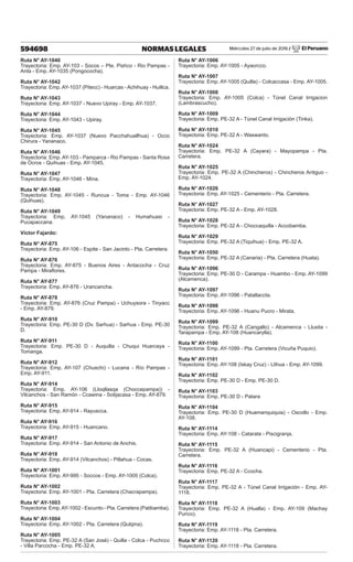 Miércoles 27 de julio de 2016 / El Peruano
594698 NORMAS LEGALES
Ruta N° AY-1040
Trayectoria: Emp. AY-103 - Socos – Pte. Pishco - Rio Pampas -
Anta - Emp. AY-1035 (Pongococha).
Ruta N° AY-1042
Trayectoria: Emp. AY-1037 (Pitecc) - Huarcas - Achihuay - Huillca.
Ruta N° AY-1043
Trayectoria: Emp. AY-1037 - Nuevo Upiray - Emp. AY-1037.
Ruta N° AY-1044
Trayectoria: Emp. AY-1043 - Upiray.
Ruta N° AY-1045
Trayectoria: Emp. AY-1037 (Nuevo Pacchahuallhua) - Occo
Chirura - Yananaco.
Ruta N° AY-1046
Trayectoria: Emp. AY-103 - Pamparca - Rio Pampas - Santa Rosa
de Ocros - Quihuas - Emp. AY-1045.
Ruta N° AY-1047
Trayectoria: Emp. AY-1046 - Mina.
Ruta N° AY-1048
Trayectoria: Emp. AY-1045 - Runcua - Toma - Emp. AY-1046
(Quihuas).
Ruta N° AY-1049
Trayectoria: Emp. AY-1045 (Yananaco) - Humahuasi -
Pucapaccana.
Víctor Fajardo:
Ruta N° AY-875
Trayectoria: Emp. AY-106 - Espite - San Jacinto - Pta. Carretera.
Ruta N° AY-876
Trayectoria: Emp. AY-875 - Buenos Aires - Antacocha - Cruz
Pampa - Miraflores.
Ruta N° AY-877
Trayectoria: Emp. AY-876 - Urancancha.
Ruta N° AY-878
Trayectoria: Emp. AY-876 (Cruz Pampa) - Uchuysora - Tinyacc
- Emp. AY-879.
Ruta N° AY-910
Trayectoria: Emp. PE-30 D (Dv. Sarhua) - Sarhua - Emp. PE-30
D.
Ruta N° AY-911
Trayectoria: Emp. PE-30 D - Auquilla - Chuqui Huarcaya -
Tomanga.
Ruta N° AY-912
Trayectoria: Emp. AY-107 (Chuschi) - Lucana - Río Pampas -
Emp. AY-911.
Ruta N° AY-914
Trayectoria: Emp. AY-106 (Lloqllasqa (Choccepampa)) -
Vilcanchos - San Ramón - Ccawina - Sotijacasa - Emp. AY-879.
Ruta N° AY-915
Trayectoria: Emp. AY-914 - Rayuscca.
Ruta N° AY-916
Trayectoria: Emp. AY-915 - Huancano.
Ruta N° AY-917
Trayectoria: Emp. AY-914 - San Antonio de Anchis.
Ruta N° AY-918
Trayectoria: Emp. AY-914 (Vilcanchos) - Pillahua - Cocas.
Ruta N° AY-1001
Trayectoria: Emp. AY-995 - Soccos - Emp. AY-1005 (Colca).
Ruta N° AY-1002
Trayectoria: Emp. AY-1001 - Pta. Carretera (Chacrapampa).
Ruta N° AY-1003
Trayectoria: Emp.AY-1002 - Escunto - Pta. Carretera (Patibamba).
Ruta N° AY-1004
Trayectoria: Emp. AY-1002 - Pta. Carretera (Qulqina).
Ruta N° AY-1005
Trayectoria: Emp. PE-32 A (San José) - Quilla - Colca - Puchcco
- Villa Parcocha - Emp. PE-32 A.
Ruta N° AY-1006
Trayectoria: Emp. AY-1005 - Ayaorcco.
Ruta N° AY-1007
Trayectoria: Emp. AY-1005 (Quilla) - Colcaccasa - Emp. AY-1005.
Ruta N° AY-1008
Trayectoria: Emp. AY-1005 (Colca) - Túnel Canal Irrigacion
(Lambrascucho).
Ruta N° AY-1009
Trayectoria: Emp. PE-32 A - Túnel Canal Irrigación (Tinka).
Ruta N° AY-1010
Trayectoria: Emp. PE-32 A - Waswanto.
Ruta N° AY-1024
Trayectoria: Emp. PE-32 A (Cayara) - Mayopampa - Pta.
Carretera.
Ruta N° AY-1025
Trayectoria: Emp. PE-32 A (Chincheros) - Chincheros Antiguo -
Emp. AY-1024.
Ruta N° AY-1026
Trayectoria: Emp. AY-1025 - Cementerio - Pta. Carretera.
Ruta N° AY-1027
Trayectoria: Emp. PE-32 A - Emp. AY-1028.
Ruta N° AY-1028
Trayectoria: Emp. PE-32 A - Choccaquilla - Accobamba.
Ruta N° AY-1029
Trayectoria: Emp. PE-32 A (Tiquihua) - Emp. PE-32 A.
Ruta N° AY-1050
Trayectoria: Emp. PE-32 A (Canaria) - Pta. Carretera (Huata).
Ruta N° AY-1096
Trayectoria: Emp. PE-30 D - Carampa - Huambo - Emp. AY-1099
(Alcamenca).
Ruta N° AY-1097
Trayectoria: Emp. AY-1096 - Patallaccta.
Ruta N° AY-1098
Trayectoria: Emp. AY-1096 - Huanu Pucro - Mirata.
Ruta N° AY-1099
Trayectoria: Emp. PE-32 A (Cangallo) - Alcamenca - Llusita -
Tarapampa - Emp. AY-108 (Huancarylla).
Ruta N° AY-1100
Trayectoria: Emp. AY-1099 - Pta. Carretera (Vicuña Puquio).
Ruta N° AY-1101
Trayectoria: Emp. AY-108 (Iskay Cruz) - Llihua - Emp. AY-1099.
Ruta N° AY-1102
Trayectoria: Emp. PE-30 D - Emp. PE-30 D.
Ruta N° AY-1103
Trayectoria: Emp. PE-30 D - Patara
Ruta N° AY-1104
Trayectoria: Emp. PE-30 D (Huamanquiquia) - Oscollo - Emp.
AY-108.
Ruta N° AY-1114
Trayectoria: Emp. AY-108 - Catarata - Piscigranja.
Ruta N° AY-1115
Trayectoria: Emp. PE-32 A (Huancapi) - Cementerio - Pta.
Carretera.
Ruta N° AY-1116
Trayectoria: Emp. PE-32 A - Ccocha.
Ruta N° AY-1117
Trayectoria: Emp. PE-32 A - Túnel Canal Irrigación - Emp. AY-
1118.
Ruta N° AY-1118
Trayectoria: Emp. PE-32 A (Hualla) - Emp. AY-109 (Machay
Punco).
Ruta N° AY-1119
Trayectoria: Emp. AY-1118 - Pta. Carretera.
Ruta N° AY-1120
Trayectoria: Emp. AY-1118 - Pta. Carretera.
 