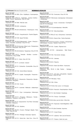El Peruano / Miércoles 27 de julio de 2016 594701
NORMAS LEGALES
Ruta N° AY-1087
Trayectoria: Emp. AY-1084 - Chiro - Capillayocc - Huancapampa.
Ruta N° AY-1088
Trayectoria: Emp. PE-32 A - Azabamba - Huanca Ccollcca -
Tacalla - Chonta - Mayobamba - Emp. AY-1084.
Ruta N° AY-1089
Trayectoria: Emp. AY-1088 - Villa San José.
Ruta N° AY-1090
Trayectoria: Emp. PE-30 B - Jochapuma.
Ruta N° AY-1091
Trayectoria: Emp. PE-32 A (Andamarca) - Viscahuaycco - Emp.
PE-30 A.
Ruta N° AY-1128
Trayectoria: Emp. PE-32 A - Huaycahuaccho - Puente Colgante.
Ruta N° AY-1129
Trayectoria: Emp. AY-1128 - Aguas Termales.
Ruta N° AY-1130
Trayectoria: Emp. AY-109 (Chalhuamayo) - Umasi - Amaycca -
Tranca - Chacralla - Cochihuasi - Emp. AY-1132.
Ruta N° AY-1132
Trayectoria: Emp. PE-32 A (Aucara) - Mayo Luren - Pampamarca
- Santa Ana - Almaccasa - Emp. AY-109.
Ruta N° AY-1133
Trayectoria: Emp. PE-32 A (Cabana) - Tayapampa - Emp. AY-109.
Ruta N° AY-1134
Trayectoria: Emp. AY-111 - Tambulla - Sihuillca - Locchas -
Armaycancha - Emp. AY-886.
Ruta N° AY-1135
Trayectoria: Emp. AY-111 - Colca - Emp. AY-1134.
Ruta N° AY-1136
Trayectoria: Emp. AY-111 - La Huerta - Caracol
Ruta N° AY-1137
Trayectoria: Emp. AY-112 - Ocobamba - Ocobambilla - Emp. AY-
112 (Concepción).
Ruta N° AY-1138
Trayectoria: Emp. AY-1136 - Centro Minero Calicanto.
Ruta N° AY-1139
Trayectoria: Emp. AY-112 - Capilla - Huaranguillo - Tiracanche -
Emp. AY-112.
Ruta N° AY-1140
Trayectoria: Emp. AY-111 - Vilcacancha - Patacancha - Atocata -
Yanacancha - Ronguillos.
Ruta N° AY-1141
Trayectoria: Emp. AY-1140 - Tucuta
Ruta N° AY-1142
Trayectoria: Emp. AY-111 - Laramate - Bellavista - Jullpachayoc
- Challhuapuquio.
Ruta N° AY-1143
Trayectoria: Emp. AY-111 - Cuyo - Loccoypampa - Sulluncayoc
- Latacsuyo.
Ruta N° AY-1144
Trayectoria: Emp. AY-111 - Poccpoca - Sillanayocc - Tomate -
Casablanca - Tiracanchi - Emp. AY-112.
Ruta N° AY-1145
Trayectoria: Emp. AY-112 - Lloquecancha - Cruz Pata - Conecolpa
- Oscollone - Sanquima.
Ruta N° AY-1146
Trayectoria: Emp. AY-1145 - Saulama.
Ruta N° AY-1151
Trayectoria: Emp. PE-30 A - Crucero - Pedregal - Illapata - Tacra
- Turpo - Emp. AY-109.
Ruta N° AY-1152
Trayectoria: Emp. AY-1151 - Pedregal - Soraccasa - Egnone.
Ruta N° AY-1153
Trayectoria: Emp. AY-112 - Santa Inés - Itana Yocc - Emp. AY-
1152.
Ruta N° AY-1154
Trayectoria: Emp. AY-1152 - Suraccasa - Emp. AY-1155.
Ruta N° AY-1155
Trayectoria: Emp.AY-1156 (Uruiza) - Llacctapampa - Carhuanayre
- Uruizaccasa.
Ruta N° AY-1156
Trayectoria: Emp. AY-112 - Uruiza - Uruizaccasa - Ccochapata -
Emp. AY-1151 (Pedregal).
Ruta N° AY-1157
Trayectoria: Emp. AY-112 (Laramatipampa) - Marainillo.
Ruta N° AY-1158
Trayectoria: Emp. AY-1157 - Mina Santa María.
Ruta N° AY-1159
Trayectoria: Emp. IC-798 (L.D. Ica) - Uchuymarca - Uranmarca.
Ruta N° AY-1160
Trayectoria: Emp. PE-30 A - Buena Vista - Tambo Quemado.
Ruta N° AY-1161
Trayectoria: Emp. PE-30 A (Lucanas) - Ccontacc - Pampahuasi -
Villa Achapara - Ccoroca - Yanama - Emp. AY-1151.
Ruta N° AY-1162
Trayectoria: Emp. AY-1161 - Ccalani - Represa Iruro.
Ruta N° AY-1163
Trayectoria: Emp. AY-1161 - Jatumpampa - Talla Pampa -
Ccarapata.
Ruta N° AY-1164
Trayectoria: Emp. AY-1163 - Toro Corral - Acctapa.
Ruta N° AY-1165
Trayectoria: Emp. AY-1161 - Llamaiso.
Ruta N° AY-1166
Trayectoria: Emp. PE-30 A - Raquina.
Ruta N° AY-1167
Trayectoria: Emp. PE-30 A - Barrio San Martín - Huarccana.
Ruta N° AY-1168
Trayectoria: Emp. PE-30 A (Villa Tambo) - Santiago -
Chuquimaran.
Ruta N° AY-1169
Trayectoria: Emp. AY-114 - Jara Jara - Uchuytambo - Ayapata -
Apo - Caja - Ccachaccso - Emp. AY-1168.
Ruta N° AY-1170
Trayectoria: Emp. AY-1169 (Apo) - Tacsu.
Ruta N° AY-1171
Trayectoria: Emp. AY-1169 - Chilca.
Ruta N° AY-1172
Trayectoria: Emp. AY-116 (Dv. Sta. Lucía) - L.D. Arequipa.
Ruta N° AY-1173
Trayectoria: Emp. PE-30 A - Hueccoto - Huaychopampa - Ahuato.
Ruta N° AY-1174
Trayectoria: Emp. AY-114 - San Cristobal - Huaylonga.
Ruta N° AY-1175
Trayectoria: Emp. AY-1174 - Tincocc - Ccochapata.
Ruta N° AY-1176
Trayectoria: Emp. PE-30 A (San Juan de Utec) - Mina Utec.
Ruta N° AY-1177
Trayectoria: Emp. AY-1174 - Tayaccasa - Santa Magdalena - Valle
Nuevo - Valle Marcop.
Ruta N° AY-1178
Trayectoria: Emp. AY-1174 (San Cristobal) - Apurimac.
Ruta N° AY-1179
Trayectoria: Emp. AY-1177 - Ccaso Pampa.
Ruta N° AY-1180
Trayectoria: Emp. AY-1177 - Llullucha - San Luis de Chacma.
Ruta N° AY-1181
Trayectoria: Emp. AY-1177 - Putacca - Señor de Luren.
 
