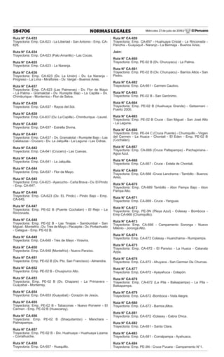 Miércoles 27 de julio de 2016 / El Peruano
594706 NORMAS LEGALES
Ruta N° CA-633
Trayectoria: Emp. CA-623 - La Libertad - San Antonio - Emp. CA-
628.
Ruta N° CA-634
Trayectoria: Emp. CA-623 (Palo Amarillo) - Las Cocas.
Ruta N° CA-635
Trayectoria: Emp. CA-623 - La Naranja.
Ruta N° CA-636
Trayectoria: Emp. CA-623 (Dv. La Unión) - Dv. La Naranja -
Progreso - La Lima - Miraflores - Dv. Vergel - Buenos Aires.
Ruta N° CA-637
Trayectoria: Emp. CA-623 (Las Palmeras) - Dv. Flor de Mayo
- La Palma - Gramalotal - Dv. Rumipite Bajo - La Capilla - Dv.
Chimburique - Monterrico - Flor de Selva.
Ruta N° CA-638
Trayectoria: Emp. CA-637 - Rayos del Sol.
Ruta N° CA-639
Trayectoria: Emp. CA-637 (Dv. La Capilla) - Chimburique - Laurel.
Ruta N° CA-640
Trayectoria: Emp. CA-637 - Estrella Divina.
Ruta N° CA-641
Trayectoria: Emp. CA-637 - Dv. Gramalotal - Rumipite Bajo - Las
Calabazas - Crucero - Dv. La Jalquilla - La Laguna - Las Cidras.
Ruta N° CA-642
Trayectoria: Emp. CA-641 (Crucero) - Las Cuevas.
Ruta N° CA-643
Trayectoria: Emp. CA-641 - La Jalquilla.
Ruta N° CA-644
Trayectoria: Emp. CA-637 - Flor de Mayo.
Ruta N° CA-645
Trayectoria: Emp. CA-623 - Ayacucho - Caña Brava - Dv. El Pindo
- Emp. CA-647.
Ruta N° CA-646
Trayectoria: Emp. CA-623 (Dv. EL Pindo) - Pindo Bajo - Emp.
CA-645.
Ruta N° CA-647
Trayectoria: Emp. PE-02 B (Puente Cochalan) - El Rejo - La
Rinconada.
Ruta N° CA-648
Trayectoria: Emp. PE-02 B - Las Tinajas - Sambumbal - San
Miguel - Montefrío - Dv. Tres de Mayo - Pacaipite - Dv. Portachuelo
- Catagua - Emp. PE-02 B.
Ruta N° CA-649
Trayectoria: Emp. CA-648 - Tres de Mayo - Viravira.
Ruta N° CA-650
Trayectoria: Emp. CA-648 (Montefrío) - Nuevo Paraíso.
Ruta N° CA-651
Trayectoria: Emp. PE-02 B (Dv. Pto. San Francisco) - Almendra.
Ruta N° CA-652
Trayectoria: Emp. PE-02 B - Chuspiurco Alto.
Ruta N° CA-653
Trayectoria: Emp. PE-02 B (Dv. Chapare) - La Primavera -
Guayabal - Monterrey.
Ruta N° CA-654
Trayectoria: Emp. CA-653 (Guayabal) - Corazón de Jesús.
Ruta N° CA-655
Trayectoria: Emp. PE-02 B - Tabaconas - Nuevo Porvenir - El
Carmen - Emp. PE-02 B (Huascaray).
Ruta N° CA-656
Trayectoria: Emp. PE-02 B (Shaquitambo) - Manchara -
Palmapampa.
Ruta N° CA-657
Trayectoria: Emp. PE-02 B - Div. Huahuaya - Huahuaya Lizama
- Corralhuiche.
Ruta N° CA-658
Trayectoria: Emp. CA-657 - Huaquillo.
Ruta N° CA-659
Trayectoria: Emp. CA-657 - Huahuaya Cristal - La Rinconada -
Panchia - Guayaquil - Naranjo - La Bermeja - Buenos Aires.
Jaén:
Ruta N° CA-660
Trayectoria: Emp. PE-02 B (Dv. Churuyacu) - La Palma.
Ruta N° CA-661
Trayectoria: Emp. PE-02 B (Dv. Churuyacu) - Barrios Altos - San
Pedro.
Ruta N° CA-662
Trayectoria: Emp. CA-661 - Carmen Cautivo.
Ruta N° CA-663
Trayectoria: Emp. PE-02 B - San Gerónimo.
Ruta N° CA-664
Trayectoria: Emp. PE-02 B (Huahuaya Grande) - Getsemani -
Puerto 2000.
Ruta N° CA-665
Trayectoria: Emp. PE-02 B Cruce - San Miguel - San José Alto
- La Laguna.
Ruta N° CA-666
Trayectoria: Emp. PE-04 C (Cruce Puente) - Chumquillo - Virgen
del Carmen - La Huaca - Chontali - El Eden - Emp. PE-02 B
(Cochalan).
Ruta N° CA-667
Trayectoria: Emp. CA-666 (Cruce Paltapampa) - Pachapiriana -
Agua Azul.
Ruta N° CA-668
Trayectoria: Emp. CA-667 - Cruce - Estela de Chontali.
Ruta N° CA-669
Trayectoria: Emp. CA-666 -Cruce Lanchema - Tambillo - Buenos
Aires.
Ruta N° CA-670
Trayectoria: Emp. CA-669 Tambillo - Aton Pampa Bajo - Aton
Pampa Alto.
Ruta N° CA-671
Trayectoria: Emp. CA-669 - Cruce - Yanguas.
Ruta N° CA-672
Trayectoria: Emp. PE-3N (Playa Azul) - Colasay - Bomboca -
Emp CA-666 (Chumquillo).
Ruta N° CA-673
Trayectoria: Emp. CA-666 - Campamento Soronga - Nuevo
Milenio - Joronga Alto.
Ruta N° CA-674
Trayectoria: Emp. CA-672 Colasay - Huanchama - Rumipampa.
Ruta N° CA-675
Trayectoria: Emp. CA-672 - El Paraíso - La Huaca - Catarata
Aypa.
Ruta N° CA-676
Trayectoria: Emp. CA-672 - Ahuyaca - San German De Churcas.
Ruta N° CA-677
Trayectoria: Emp. CA-672 - Ayayahuca - Colapón.
Ruta N° CA-678
Trayectoria: Emp. CA-672 (La Pila - Balsapampa) - La Pila -
Balsapampa.
Ruta N° CA-679
Trayectoria: Emp. CA-672 -Bomboca - Vista Alegre.
Ruta N° CA-680
Trayectoria: Emp. CA-672 - Barrios Altos.
Ruta N° CA-681
Trayectoria: Emp. CA-672 -Colasay - Cabra Chica.
Ruta N° CA-682
Trayectoria: Emp. CA-681 - Santa Clara.
Ruta N° CA-683
Trayectoria: Emp. CA-681 - Corralpampa - Ayahuaca.
Ruta N° CA-684
Trayectoria: Emp. PE-3N - Cruce Pucara - Campamento N°1.
 