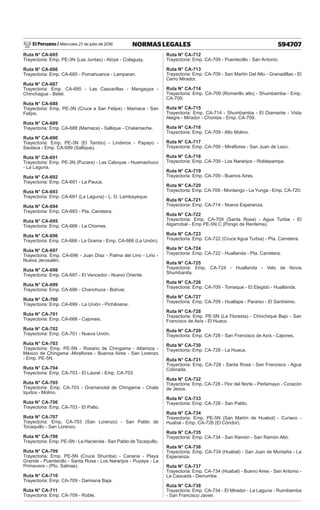 El Peruano / Miércoles 27 de julio de 2016 594707
NORMAS LEGALES
Ruta N° CA-685
Trayectoria: Emp. PE-3N (Las Juntas) - Atoye - Colaguay.
Ruta N° CA-686
Trayectoria: Emp. CA-685 - Pomahuanca - Lamparan.
Ruta N° CA-687
Trayectoria: Emp. CA-685 - Las Cascarillas - Mangaypa -
Chinchagua - Betel.
Ruta N° CA-688
Trayectoria: Emp. PE-3N (Cruce a San Felipe) - Mamaca - San
Felipe.
Ruta N° CA-689
Trayectoria: Emp. CA-688 (Mamaca) - Sallique - Chalamache.
Ruta N° CA-690
Trayectoria: Emp. PE-3N (El Tambo) - Linderos - Papayo -
Saulaca - Emp. CA-689 (Sallique).
Ruta N° CA-691
Trayectoria: Emp. PE-3N (Pucara) - Las Caboyas - Huamachuco
- La Laguna.
Ruta N° CA-692
Trayectoria: Emp. CA-691 - La Pauca.
Ruta N° CA-693
Trayectoria: Emp. CA-691 (La Laguna) - L. D. Lambayeque.
Ruta N° CA-694
Trayectoria: Emp. CA-693 - Pta. Carretera.
Ruta N° CA-695
Trayectoria: Emp. CA-666 - La Chorrea.
Ruta N° CA-696
Trayectoria: Emp. CA-666 - La Grama - Emp. CA-666 (La Unión).
Ruta N° CA-697
Trayectoria: Emp. CA-696 - Juan Díaz - Palma del Lino - Lirio -
Nueva Jerusalén.
Ruta N° CA-698
Trayectoria: Emp. CA-697 - El Vencedor - Nuevo Oriente.
Ruta N° CA-699
Trayectoria: Emp. CA-696 - Chanchuca - Bolívar.
Ruta N° CA-700
Trayectoria: Emp. CA-699 - La Unión - Pichilinene.
Ruta N° CA-701
Trayectoria: Emp. CA-666 - Cajonesi.
Ruta N° CA-702
Trayectoria: Emp. CA-701 - Nueva Unión.
Ruta N° CA-703
Trayectoria: Emp. PE-5N - Rosario de Chingama - Altamiza -
México de Chingama -Miraflores - Buenos Aires - San Lorenzo
- Emp. PE-5N.
Ruta N° CA-704
Trayectoria: Emp. CA-703 - El Laurel - Emp. CA-703.
Ruta N° CA-705
Trayectoria: Emp. CA-703 - Gramanotal de Chingama - Chala
Iquitos - Molino.
Ruta N° CA-706
Trayectoria: Emp. CA-703 - El Palto.
Ruta N° CA-707
Trayectoria: Emp. CA-703 (San Lorenzo) - San Pablo de
Tocaquillo - San Lorenzo.
Ruta N° CA-708
Trayectoria: Emp. PE-5N - La Hacienda - San Pablo de Tocaquillo.
Ruta N° CA-709
Trayectoria: Emp. PE-5N (Cruce Shumba) - Canana - Playa
Grande - Puentecillo - Santa Rosa - Los Naranjos - Puyaya - La
Primavera - (Pto. Salinas).
Ruta N° CA-710
Trayectoria: Emp. CA-709 - Damiana Baja.
Ruta N° CA-711
Trayectoria: Emp. CA-709 - Roble.
Ruta N° CA-712
Trayectoria: Emp. CA-709 - Puentecillo - San Antonio.
Ruta N° CA-713
Trayectoria: Emp. CA-709 - San Martín Del Alto - Granadillas - El
Cerro Mirador.
Ruta N° CA-714
Trayectoria: Emp. CA-709 (Romerillo alto) - Shumbamba - Emp.
CA-709.
Ruta N° CA-715
Trayectoria: Emp. CA-714 - Shumbamba - El Diamante - Vista
Alegre - Mirador - Chontas - Emp. CA-709.
Ruta N° CA-716
Trayectoria: Emp. CA-709 - Alto Molino.
Ruta N° CA-717
Trayectoria: Emp. CA-709 - Miraflores - San Juan de Lazo.
Ruta N° CA-718
Trayectoria: Emp. CA-709 - Los Naranjos - Roblepampa.
Ruta N° CA-719
Trayectoria: Emp. CA-709 - Buenos Aires.
Ruta N° CA-720
Trayectoria: Emp. CA-709 - Montango - La Yunga - Emp. CA-720.
Ruta N° CA-721
Trayectoria: Emp. CA-714 - Nueva Esperanza.
Ruta N° CA-722
Trayectoria: Emp. CA-709 (Santa Rosa) - Agua Turbia - El
Algarrobal - Emp PE-5N C (Pongo de Rentema).
Ruta N° CA-723
Trayectoria: Emp. CA-722 (Cruce Agua Turbia) - Pta. Carretera.
Ruta N° CA-724
Trayectoria: Emp. CA-722 - Huallanda - Pta. Carretera.
Ruta N° CA-725
Trayectoria: Emp. CA-724 - Huallanda - Velo de Novia
Shumbanita.
Ruta N° CA-726
Trayectoria: Emp. CA-709 - Tomaque - El Elegido - Huallanda.
Ruta N° CA-727
Trayectoria: Emp. CA-709 - Huallape - Paraíso - El Santísimo.
Ruta N° CA-728
Trayectoria: Emp. PE-5N (La Floresta) - Chinchique Bajo - San
Francisco de Asís - El Huaco.
Ruta N° CA-729
Trayectoria: Emp. CA-728 - San Francisco de Asís - Cajones.
Ruta N° CA-730
Trayectoria: Emp. CA-728 - La Huaca.
Ruta N° CA-731
Trayectoria: Emp. CA-728 - Santa Rosa - San Francisco - Agua
Colorada.
Ruta N° CA-732
Trayectoria: Emp. CA-728 - Flor del Norte - Perlamayo - Corazón
de Jesús.
Ruta N° CA-733
Trayectoria: Emp. CA-728 - San Pablo.
Ruta N° CA-734
Trayectoria: Emp. PE-5N (San Martín de Huabol) - Curiaco -
Huabal - Emp. CA-726 (El Cóndor).
Ruta N° CA-735
Trayectoria: Emp. CA-734 - San Ramón - San Ramón Alto.
Ruta N° CA-736
Trayectoria: Emp. CA-734 (Huabal) - San Juan de Montaña - La
Esperanza.
Ruta N° CA-737
Trayectoria: Emp. CA-734 (Huabal) - Bueno Aires - San Antonio -
La Cascada - Derrumbe.
Ruta N° CA-738
Trayectoria: Emp. CA-734 - El Mirador - La Laguna - Rumibamba
- San Francisco Javier.
 