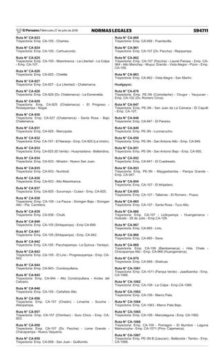 El Peruano / Miércoles 27 de julio de 2016 594711
NORMAS LEGALES
Ruta N° CA-923
Trayectoria: Emp. CA-105 - Chames.
Ruta N° CA-924
Trayectoria: Emp. CA-105 - Carhuarundo.
Ruta N° CA-925
Trayectoria: Emp. CA-105 - Masintranca - La Libertad - La Colpa
- Emp. CA-107.
Ruta N° CA-926
Trayectoria: Emp. CA-925 - Chetilla
Ruta N° CA-927
Trayectoria: Emp. CA-927 - (La Libertad) - Chalamarca.
Ruta N° CA-928
Trayectoria: Emp. CA-929 (Dv. Chalamarca) - La Esmeralda.
Ruta N° CA-929
Trayectoria: Emp. CA-925 (Chalamarca) - El Progreso -
Rosaspampa - Nogal.
Ruta N° CA-930
Trayectoria: Emp. CA-527 (Chalamarca) - Santa Rosa - Bajo
Chalamarca.
Ruta N° CA-931
Trayectoria: Emp. CA-925 - Marcopata.
Ruta N° CA-932
Trayectoria: Emp. CA-107 - El Naranjo - Emp. CA-925 (La Unión).
Ruta N° CA-933
Trayectoria: Emp. CA-925 (El Verde) - Huayrasitana - Bellandina.
Ruta N° CA-934
Trayectoria: Emp. CA-933 - Mirador - Nuevo San Juan.
Ruta N° CA-935
Trayectoria: Emp. CA-933 - Numbral.
Ruta N° CA-936
Trayectoria: Emp. CA-933 - Alto Masintranca.
Ruta N° CA-937
Trayectoria: Emp. CA-925 - Surumayo - Cutaxi - Emp. CA-925.
Ruta N° CA-938
Trayectoria: Emp. CA-105 - La Pauca - Sivingan Bajo - Sivingan
Alto - Pta. Carretera.
Ruta N° CA-939
Trayectoria: Emp. CA-938 - Chulit.
Ruta N° CA-940
Trayectoria: Emp. CA-105 (Shitapampa) - Emp CA-899.
Ruta N° CA-941
Trayectoria: Emp. CA-105 (Shitapampa) - Emp. CA-942.
Ruta N° CA-942
Trayectoria: Emp. CA-105 - Pacchapampa - La Quinua - Yantayo.
Ruta N° CA-943
Trayectoria: Emp. CA-105 - El Lirio - Progresopampa - Emp. CA-
942.
Ruta N° CA-944
Trayectoria: Emp. CA-943 - Condorpullana.
Ruta N° CA-945
Trayectoria: Emp. CA-944 - Alto Condorpullana - Andes del
Calvario.
Ruta N° CA-946
Trayectoria: Emp. CA-105 - Cañafisto Alto.
Ruta N° CA-956
Trayectoria: Emp. CA-107 (Chadin) - Limache - Succha -
Alisopampa.
Ruta N° CA-957
Trayectoria: Emp. CA-107 (Chimban) - Suro Chico - Emp. CA-
803.
Ruta N° CA-958
Trayectoria: Emp. CA-107 (Dv. Paccha) - Loma Grande -
Chacapampa - Nuevo Vaquería.
Ruta N° CA-959
Trayectoria: Emp. CA-958 - San Juan - Quillumito.
Ruta N° CA-960
Trayectoria: Emp. CA-958 - Puentecilla.
Ruta N° CA-961
Trayectoria: Emp. CA-107 (Dv. Paccha) - Rejopampa.
Ruta N° CA-962
Trayectoria: Emp. CA-107 (Paccha) - Laurel Pampa - Emp. CA-
964 - Alto Manchay - Muyuc Grande - Vista Alegre - Pizon - Emp.
CA-109.
Ruta N° CA-963
Trayectoria: Emp. CA-962 - Vista Alegre - San Martín.
Hualgayoc:
Ruta N° CA-876
Trayectoria: Emp. PE-3N (Coimolache) - Chugur - Yauyucan -
Emp. CA-102 (Dv. Romero Circa).
Ruta N° CA-947
Trayectoria: Emp. PE-3N - San Juan de La Camaca - El Capulli
- Emp. CA-107.
Ruta N° CA-948
Trayectoria: Emp. CA-947 - El Paraíso.
Ruta N° CA-949
Trayectoria: Emp. PE-3N - Lucmacucho.
Ruta N° CA-950
Trayectoria: Emp. PE-3N - San Antonio Alto - Emp. CA-949.
Ruta N° CA-951
Trayectoria: Emp. PE-3N - San Antonio Bajo - Emp. CA-950.
Ruta N° CA-952
Trayectoria: Emp. CA-947 - El Cuadreado.
Ruta N° CA-953
Trayectoria: Emp. PE-3N - Maygasbamba - Pampa Grande -
Emp. CA-947.
Ruta N° CA-954
Trayectoria: Emp. CA-107 - El Ahijadero.
Ruta N° CA-955
Trayectoria: Emp. CA-107 - Tallamac - El Romero - Pusoc.
Ruta N° CA-965
Trayectoria: Emp. CA-107 - Santa Rosa - Tuco Alto.
Ruta N° CA-966
Trayectoria: Emp. CA-107 - Liclicpampa - Huangamarca -
Huilcate - 28 de Julio - Emp.CA-109.
Ruta N° CA-967
Trayectoria: Emp. CA-965 - Lirio.
Ruta N° CA-968
Trayectoria: Emp. CA-965 - Sexe.
Ruta N° CA-969
Trayectoria: Emp. CA-109 (Bambamarca) - Hda. Chala -
Chacapampa Alto - Emp. CA-966 (Huangamarca).
Ruta N° CA-970
Trayectoria: Emp. CA-569 - Shahuac
Ruta N° CA-1061
Trayectoria: Emp. CA-1011 (Pampa Verde) - Jaadibamba - Emp.
CA-1066.
Ruta N° CA-1062
Trayectoria: Emp. CA-109 - La Colpa - Emp.CA-1066.
Ruta N° CA-1063
Trayectoria: Emp. CA-109 - Marco Pata.
Ruta N° CA-1064
Trayectoria: Emp. CA-1063 - Marco Pata Bajo.
Ruta N° CA-1065
Trayectoria: Emp. CA-109 - Marcolaguna - Emp. CA-1062.
Ruta N° CA-1066
Trayectoria: Emp. CA-109 - Pomagon - El Alumbre - Laguna
Mamucoyha - Emp. CA-1071 (Prov. Cajamarca).
Ruta N° CA-1067
Trayectoria: Emp. PE-3N B (Llaucan) - Bellavista - Tambo - Emp.
CA-1066.
 
