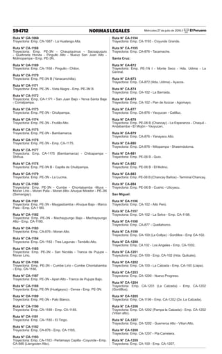 Miércoles 27 de julio de 2016 / El Peruano
594712 NORMAS LEGALES
Ruta N° CA-1068
Trayectoria: Emp. CA-1067 - La Hualanga Alta.
Ruta N° CA-1168
Trayectoria: Emp. PE-3N - Chaupiquinua - Sacsapuquio
- Quebrada Honda - Pingullo Alto - Nuevo San Juan Alto -
Molinopampa - Emp. PE-3N.
Ruta N° CA-1169
Trayectoria: Emp. CA-1168 - Pingullo - Chilon.
Ruta N° CA-1170
Trayectoria: Emp. PE-3N B (Yanacanchilla).
Ruta N° CA-1171
Trayectoria: Emp. PE-3N - Vista Alegre - Emp. PE-3N B.
Ruta N° CA-1172
Trayectoria: Emp. CA-1171 - San Juan Bajo - Yerva Santa Baja
- Corralpampa.
Ruta N° CA-1173
Trayectoria: Emp. PE-3N - Chulipampa.
Ruta N° CA-1174
Trayectoria: Emp. PE-3N - Frutillo Alto.
Ruta N° CA-1175
Trayectoria: Emp. PE-3N - Bambamarca.
Ruta N° CA-1176
Trayectoria: Emp. PE-3N - Emp. CA-1175.
Ruta N° CA-1177
Trayectoria: Emp. CA-1175 (Bambamarca) - Chilcapampa -
Shihua.
Ruta N° CA-1178
Trayectoria: Emp. PE-3N B - Capilla de Chulipampa.
Ruta N° CA-1179
Trayectoria: Emp. PE-3N - La Lucma.
Ruta N° CA-1180
Trayectoria: Emp. PE-3N - Cumbe - Chontabamba -Muya -
Moran Lirio - Moran Pata - Moran Alto- Ahuque Mirador - PE-3N
(Samangay).
Ruta N° CA-1181
Trayectoria: Emp. PE-3N - Maygasbamba - Ahuque Bajo - Marco
Pata - Emp. CA-1180.
Ruta N° CA-1182
Trayectoria: Emp. PE-3N - Machaypungo Bajo - Machaypungo
Alto - Emp. CA-1180.
Ruta N° CA-1183
Trayectoria: Emp. CA-876 - Moran Alto.
Ruta N° CA-1184
Trayectoria: Emp. CA-1183 - Tres Lagunas - Tambillo Alto.
Ruta N° CA-1185
Trayectoria: Emp. PE-3N - San Nicolás - Tranca de Pujupe -
Moran Lirio.
Ruta N° CA-1186
Trayectoria: Emp. PE-3N - Cumbe Lirio - Cumbe Chontabamba
- Emp. CA-1180.
Ruta N° CA-1187
Trayectoria: Emp. PE-3N - Apan Alto - Tranca de Pujupe Bajo.
Ruta N° CA-1188
Trayectoria: Emp. PE-3N (Hualgayoc) - Censa - Emp. PE-3N.
Ruta N° CA-1189
Trayectoria: Emp. PE-3N - Palo Blanco.
Ruta N° CA-1190
Trayectoria: Emp. CA-1189 - Emp. CA-1185.
Ruta N° CA-1191
Trayectoria: Emp. CA-1185 - El Tingo.
Ruta N° CA-1192
Trayectoria: Emp. CA-876 - Emp. CA-1185.
Ruta N° CA-1193
Trayectoria: Emp. CA-1183 - Perlamayo Capilla - Coyunde - Emp.
CA-886 (Llangoden Alto).
Ruta N° CA-1194
Trayectoria: Emp. CA-1193 - Coyunde Grande.
Ruta N° CA-1195
Trayectoria: Emp. CA-876 - Tacamache.
Santa Cruz:
Ruta N° CA-872
Trayectoria: Emp. PE-1N I - Monte Seco - Hda. Udima - La
Central.
Ruta N° CA-873
Trayectoria: Emp. CA-872 (Hda. Udima) - Ayacos.
Ruta N° CA-874
Trayectoria: Emp. CA-102 - La Barriada.
Ruta N° CA-875
Trayectoria: Emp. CA-102 - Pan de Azúcar - Agomayo.
Ruta N° CA-877
Trayectoria: Emp. CA-876 - Yauyucan - Catilluc.
Ruta N° CA-878
Trayectoria: Emp. PE-06 B (Chancay) - La Esperanza - Chaquil -
Andabamba - El Mojón - Yauyucan.
Ruta N° CA-879
Trayectoria: Emp. CA-876 - Yanayacu Alto.
Ruta N° CA-880
Trayectoria: Emp. CA-876 - Mitopampa - Shawindoloma.
Ruta N° CA-881
Trayectoria: Emp. PE-06 B - Quio.
Ruta N° CA-882
Trayectoria: Emp. PE-06 B - El Molino.
Ruta N° CA-883
Trayectoria: Emp. PE-06 B (Chancay Baños) - Terminal Chancay.
Ruta N° CA-884
Trayectoria: Emp. PE-06 B - Cushic - Uticyacu.
San Miguel:
Ruta N° CA-1196
Trayectoria: Emp. CA-102 - Alto Perú.
Ruta N° CA-1197
Trayectoria: Emp. CA-102 - La Selva - Emp. CA-1198.
Ruta N° CA-1198
Trayectoria: Emp. CA-877 - Quellahorco.
Ruta N° CA-1199
Trayectoria: Emp. CA-100 (La Collpa) - Gordillos - Emp CA-102.
Ruta N° CA-1200
Trayectoria: Emp. CA 102 - Los Angeles - Emp. CA-1002.
Ruta N° CA-1201
Trayectoria: Emp. CA-100 - Emp. CA-102 (Hda. Quilcate).
Ruta N° CA-1202
Trayectoria: Emp. CA-100 - La Calzada - Emp. CA-100 (Llapa).
Ruta N° CA-1203
Trayectoria: Emp. CA-1200 - Nuevo Progreso.
Ruta N° CA-1204
Trayectoria: Emp. CA-1201 (La Calzada) - Emp. CA-1202
(Gordillos).
Ruta N° CA-1205
Trayectoria: Emp. CA-1199 - Emp. CA-1202 (Dv. La Calzada).
Ruta N° CA-1206
Trayectoria: Emp. CA-1202 (Pampa la Calzada) - Emp. CA-1202
(Vitian alto).
Ruta N° CA-1207
Trayectoria: Emp. CA-1202 - Guerreros Alto - Vitian Alto.
Ruta N° CA-1208
Trayectoria: Emp. CA-1207 - Pta Carretera.
Ruta N° CA-1209
Trayectoria: Emp. CA-100 - Emp. CA-1207.
 