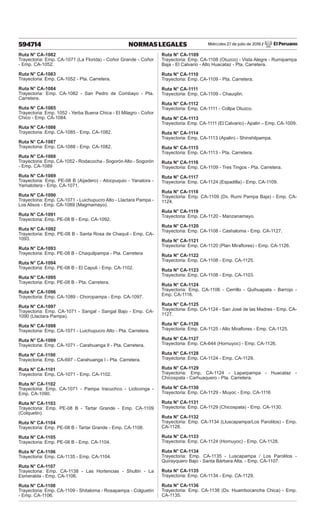 Miércoles 27 de julio de 2016 / El Peruano
594714 NORMAS LEGALES
Ruta N° CA-1082
Trayectoria: Emp. CA-1071 (La Florida) - Coñor Grande - Coñor
- Emp. CA-1052.
Ruta N° CA-1083
Trayectoria: Emp. CA-1052 - Pta. Carretera.
Ruta N° CA-1084
Trayectoria: Emp. CA-1082 - San Pedro de Combayo - Pta.
Carretera.
Ruta N° CA-1085
Trayectoria: Emp. 1052 - Yerba Buena Chica - El Milagro - Coñor
Chico - Emp. CA-1084.
Ruta N° CA-1086
Trayectoria: Emp. CA-1085 - Emp. CA-1082.
Ruta N° CA-1087
Trayectoria: Emp. CA-1088 - Emp. CA-1082.
Ruta N° CA-1088
Trayectoria: Emp. CA-1052 - Rodacocha - Sogorón Alto - Sogorón
- Emp. CA-1089
Ruta N° CA-1089
Trayectoria: Emp. PE-08 B (Aijadero) - Atocpuquio - Yanatora -
Yamatotera - Emp. CA-1071.
Ruta N° CA-1090
Trayectoria: Emp. CA-1071 - Luichupucro Alto - Llactara Pampa -
Los Alisos - Emp. CA-1089 (Magmamayo).
Ruta N° CA-1091
Trayectoria: Emp. PE-08 B - Emp. CA-1092.
Ruta N° CA-1092
Trayectoria: Emp. PE-08 B - Santa Rosa de Chaquil - Emp. CA-
1093.
Ruta N° CA-1093
Trayectoria: Emp. PE-08 B - Chaquilpampa - Pta. Carretera
Ruta N° CA-1094
Trayectoria: Emp. PE-08 B - El Capuli - Emp. CA-1102.
Ruta N° CA-1095
Trayectoria: Emp. PE-08 B - Pta. Carretera.
Ruta N° CA-1096
Trayectoria: Emp. CA-1089 - Choropampa - Emp. CA-1097.
Ruta N° CA-1097
Trayectoria: Emp. CA-1071 - Sangal - Sangal Bajo - Emp. CA-
1090 (Llactara Pampa).
Ruta N° CA-1098
Trayectoria: Emp. CA-1071 - Luichupucro Alto - Pta. Carretera.
Ruta N° CA-1099
Trayectoria: Emp. CA-1071 - Carahuanga II - Pta. Carretera.
Ruta N° CA-1100
Trayectoria: Emp. CA-697 - Carahuanga I - Pta. Carretera.
Ruta N° CA-1101
Trayectoria: Emp. CA-1071 - Emp. CA-1102.
Ruta N° CA-1102
Trayectoria: Emp. CA-1071 - Pampa Iracuchco - Licliconga -
Emp. CA-1090.
Ruta N° CA-1103
Trayectoria: Emp. PE-08 B - Tartar Grande - Emp. CA-1109
(Colquetin).
Ruta N° CA-1104
Trayectoria: Emp. PE-08 B - Tartar Grande - Emp. CA-1108.
Ruta N° CA-1105
Trayectoria: Emp. PE-08 B - Emp. CA-1104.
Ruta N° CA-1106
Trayectoria: Emp. CA-1135 - Emp. CA-1104.
Ruta N° CA-1107
Trayectoria: Emp. CA-1138 - Las Hortencias - Shultin - La
Esmeralda - Emp. CA-1106.
Ruta N° CA-1108
Trayectoria: Emp. CA-1109 - Shitaloma - Rosapampa - Colguetín
- Emp. CA-1106.
Ruta N° CA-1109
Trayectoria: Emp. CA-1108 (Otuzco) - Vista Alegre - Rumipampa
Baja - El Calvario - Alto Huacataz - Pta. Carretera.
Ruta N° CA-1110
Trayectoria: Emp. CA-1109 - Pta. Carretera.
Ruta N° CA-1111
Trayectoria: Emp. CA-1109 - Chauqilin.
Ruta N° CA-1112
Trayectoria: Emp. CA-1111 - Collpa Otuzco.
Ruta N° CA-1113
Trayectoria: Emp. CA-1111 (El Calvario) - Apalin – Emp. CA-1009.
Ruta N° CA-1114
Trayectoria: Emp. CA-1113 (Apalin) - Shinshilpampa.
Ruta N° CA-1115
Trayectoria: Emp. CA-1113 - Pta. Carretera.
Ruta N° CA-1116
Trayectoria: Emp. CA-1109 - Tres Tingos - Pta. Carretera.
Ruta N° CA-1117
Trayectoria: Emp. CA-1124 (Espadilla) - Emp. CA-1109.
Ruta N° CA-1118
Trayectoria: Emp. CA-1109 (Dv. Rumi Pampa Baja) - Emp. CA-
1124.
Ruta N° CA-1119
Trayectoria: Emp. CA-1120 - Manzanamayo.
Ruta N° CA-1120
Trayectoria: Emp. CA-1108 - Cashaloma - Emp. CA-1127.
Ruta N° CA-1121
Trayectoria: Emp. CA-1120 (Plan Miraflores) - Emp. CA-1126.
Ruta N° CA-1122
Trayectoria: Emp. CA-1108 - Emp. CA-1125.
Ruta N° CA-1123
Trayectoria: Emp. CA-1108 - Emp. CA-1103.
Ruta N° CA-1124
Trayectoria: Emp. CA-1106 - Cerrillo - Quihuapata - Barrojo -
Emp. CA-1116.
Ruta N° CA-1125
Trayectoria: Emp. CA-1124 - San José de las Madres - Emp. CA-
1127.
Ruta N° CA-1126
Trayectoria: Emp. CA-1125 - Alto Miraflores - Emp. CA-1125.
Ruta N° CA-1127
Trayectoria: Emp. CA-644 (Hornuyoc) - Emp. CA-1126.
Ruta N° CA-1128
Trayectoria: Emp. CA-1124 - Emp. CA-1129.
Ruta N° CA-1129
Trayectoria: Emp. CA-1124 - Laparpampa - Huacataz -
Chicospata - Carhuaquero - Pta. Carretera.
Ruta N° CA-1130
Trayectoria: Emp. CA-1129 - Muyoc - Emp. CA-1116
Ruta N° CA-1131
Trayectoria: Emp. CA-1129 (Chicospata) - Emp. CA-1130.
Ruta N° CA-1132
Trayectoria: Emp. CA-1134 (Lluscapampa/Los Parolitos) - Emp.
CA-1128.
Ruta N° CA-1133
Trayectoria: Emp. CA-1124 (Hornuyoc) - Emp. CA-1128.
Ruta N° CA-1134
Trayectoria: Emp. CA-1135 - Luscapampa / Los Parolitos -
Quirayquero Bajo - Santa Bárbara Alta. - Emp. CA-1107.
Ruta N° CA-1135
Trayectoria: Emp. CA-1134 - Emp. CA-1129.
Ruta N° CA-1136
Trayectoria: Emp. CA-1138 (Dv. Huambocancha Chica) - Emp.
CA-1135.
 