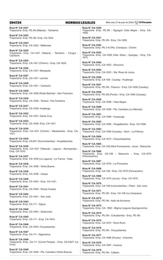 Miércoles 27 de julio de 2016 / El Peruano
594724 NORMAS LEGALES
Ruta N° CA-1621
Trayectoria: Emp. PE-3N (Malcas) - Tambería.
Ruta N° CA-1622
Trayectoria: Emp. PE-3N- Emp. CA-1624.
Ruta N° CA-1623
Trayectoria: Emp. CA-1622 - Bellavista.
Ruta N° CA-1624
Trayectoria: Emp. CA-1421 (Tabaca) - Tamberin - Chugur -
Cachachi.
Ruta N° CA-1625
Trayectoria: Emp. CA-1421 (Chimin) - Emp. CA-1624.
Ruta N° CA-1626
Trayectoria: Emp. CA-1421- Mesapata.
Ruta N° CA-1627
Trayectoria: Emp. CA-1421- Lanche.
Ruta N° CA-1628
Trayectoria: Emp. CA-1421 - Cachachi.
Ruta N° CA-1629
Trayectoria: Emp. CA-1628 (Rodio Bamba) - San Francisco.
Ruta N° CA-1630
Trayectoria: Emp. CA-1628 - Tambul - Pta Carretera.
Ruta N° CA-1631
Trayectoria: Emp. CA-1630- Hualanga.
Ruta N° CA-1632
Trayectoria: Emp. CA-1631- Santa Cruz.
Ruta N° CA-1633
Trayectoria: Emp. CA-1636- Emp. CA-1421.
Ruta N° CA-1634
Trayectoria: Emp. CA-1421 (Chichir) - Marabamba - Emp. CA-
1421.
Ruta N° CA-1635
Trayectoria: Emp. CA-651 (Sunchubamba) - Huayllabamba.
Ruta N° CA-1636
Trayectoria: Emp. CA-1421 (Tabacal) - Laguna - Atumpampa -
Emp. CA-1633.
Ruta N° CA-1637
Trayectoria: Emp. CA-1636 (La Laguna) - La Tranca - Vieja.
Ruta N° CA-1638
Trayectoria: Emp. CA-1636 - Yerba Buena.
Ruta N° CA-1639
Trayectoria: Emp. CA-1636 - Lloque.
Ruta N° CA-1640
Trayectoria: Emp. CA-1643 - Emp. CA-1421.
Ruta N° CA-1641
Trayectoria: Emp. CA-1640 - Rosas Huayta.
Ruta N° CA-1642
Trayectoria: Emp. CA-1641 - San José.
Ruta N° CA-1643
Trayectoria: Emp. CA-111 - Siguis.
Ruta N° CA-1644
Trayectoria: Emp. CA-1643 - Shahuindo.
Ruta N° CA-1645
Trayectoria: Emp. CA-111 - Emp. CA-1643.
Ruta N° CA-1646
Trayectoria: Emp. CA-1643- Chuquibamba.
Ruta N° CA-1647
Trayectoria: Emp. CA-111 - Algamarca.
Ruta N° CA-1648
Trayectoria: Emp. CA-111 (Corral Pampa) - Emp. CA-C647 (La
Cruz).
Ruta N° CA-1649
Trayectoria: Emp. CA-1648 - Pta. Carretera (Yerba Buena).
Ruta N° CA-1650
Trayectoria: Emp. PE-3N - Ogosgon Vista Alegre - Emp. CA-
1658.
Ruta N° CA-1651
Trayectoria: Emp. PE-3N - Emp. CA-1650.
Ruta N° CA-1652
Trayectoria: Emp. PE-3 N (Pte. Crisnejos) - Chichir.
Ruta N° CA-1653
Trayectoria: Emp. CA-1656 (Hda. Elias) - Ayangay - Emp. CA-
1675.
Ruta N° CA-1654
Trayectoria: Emp. CA-1653 - Shocorco.
Ruta N° CA-1655
Trayectoria: Emp. CA-1653 - Sta. Rosa de Jocos.
Ruta N° CA-1656
Trayectoria: Emp. CA-108 - Cauday - Hualanga.
Ruta N° CA-1657
Trayectoria: Emp. PE-3N - Pasorco - Emp. CA-1656 (Cauday).
Ruta N° CA-1658
Trayectoria: Emp. PE-3N (Ponte) - Emp. CA-1656 (Cauday).
Ruta N° CA-1659
Trayectoria: Emp. CA-1658 - Vista Alegre.
Ruta N° CA-1660
Trayectoria: Emp. CA-1656 - Pta. Carretera (La Merced).
Ruta N° CA-1661
Trayectoria: Emp. CA-1656 - Huacanga
Ruta N° CA-1662
Trayectoria: Emp. CA-1656 - Tangalbamba - Emp. CA-1656.
Ruta N° CA-1663
Trayectoria: Emp. CA-1656 (Cauday) - Sarin - La Pólvora.
Ruta N° CA-1664
Trayectoria: Emp. CA-1673 - Chauchabamba.
Ruta N° CA-1665
Trayectoria: Emp. CA-108 (Abra Pumacama) - Jocos - Sitacocha.
Ruta N° CA-1666
Trayectoria: Emp. CA-108 - Sitacocha - Emp. CA-1675
(Pencacachin).
Ruta N° CA-1667
Trayectoria: Emp. CA-1676 - La Primavera.
Ruta N° CA-1668
Trayectoria: Emp. CA-108 - Emp. CA-1675 (Pencacahin).
Ruta N° CA-1669
Trayectoria: Emp. CA-1675 (Jocos) - Emp. CA-1675.
Ruta N° CA-1670
Trayectoria: Emp. CA-108 (Lluchubamba) - Pidan - San Juan.
Ruta N° CA-1671
Trayectoria: Emp. PE-3N - Emp. CA-108 (La Campana).
Ruta N° CA-1672
Trayectoria: Emp. PE-3N - Asilo de Ancianos.
Ruta N° CA-1673
Trayectoria: Emp. CA- 1682 - Migma (Laguna Quengococha).
Ruta N° CA-1674
Trayectoria: Emp. PE-3N - Colcabamba - Emp. PE-3N.
Ruta N° CA-1675
Trayectoria: Emp. CA-1674 - Rumi Rumi.
Ruta N° CA-1676
Trayectoria: Emp. PE-3N - Chuquibamba.
Ruta N° CA-1677
Trayectoria: Emp. CA-1686 (Poroto) - Chanshe.
Ruta N° CA-1678
Trayectoria: Emp. CA-1687 - Huanza.
Ruta N° CA-1679
Trayectoria: Emp. PE-3N - Callash.
 