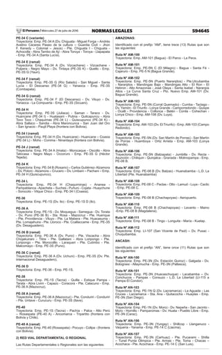 El Peruano / Miércoles 27 de julio de 2016 594645
NORMAS LEGALES
PE-34 C (variante)
Trayectoria: Emp. PE-34 A (Dv. Chiguata - Miguel Forga – Andrés
Avelino Cáceres Paseo de la cultura – Guardia Civil – Jhon
F. Kenedy – Colonial – Jesús) - Pte. Chiguata I - Chiguata -
Achocolla - Abra Tambo de Ají - Abra Toroya - Toroya - Llapapata
- Emp. PE-34 A (Santa Lucía).
PE-34 E (ramal)
Trayectoria: Emp. PE-34 A (Dv. Vizcachane) - Vizcachane -
Pulpera - Negro Mayo - Dv. Tintaya (PE-3S K) - Quello - Emp.
PE-3S G (Yauri).
PE-34 F (ramal)
Trayectoria: Emp. PE-3S G (Río Salado) - San Miguel - Santa
Lucía - El Descanso (PE-34 G) - Yanaoca - Emp. PE-3S
(Combapata).
PE-34 G (ramal)
Trayectoria: Emp. PE-34 F (El Descanso) - Dv. Viluyo - Dv.
Yanaoca - La Compuerta - Emp. PE-3S (Sicuani).
PE-34 H
Trayectoria: Emp. PE-3S (Juliaca) - Saman - Taraco - Dv.
Huancane (PE-34 I) - Huatasani - Putina - Quilcapuncu - Abra
Toco Toco - Chaquimas (PE-34 L) - Quiscupunco (PE-34 K) -
Abra Sallaco - Sandia - Abra Maroncunca - San Juan del Oro
- San Ignacio - Paujil Playa (frontera con Bolivia).
PE-34 I (ramal)
Trayectoria: Emp. PE-34 H (Dv. Huancane) - Huancane – Coasia
(PE-34 L) - Moho - Conima - Ninantaya (frontera con Bolivia).
PE-34 J (ramal)
Trayectoria: Emp. PE-34 A (Imata) - Morocaque - Oscollo - Abra
Talocasa - Negro Mayo - Occoruro - Emp. PE-3S G (Héctor
Tejada).
PE-34 K
Trayectoria: Emp. PE-34 B (Rosario) – Carlos Gutiérrez-Alzamora
- Dv. Potoni - Alzamora – Crucero – Dv. Limbani – Pachani – Emp.
PE-34 H (Quiscupunco),
PE-34 L
Trayectoria: Emp. PE-34 H (Chaquiminas) - Ananea -
Pampablanca - Apacheta – Suches - Puñuni - Cojata - Huaychune
- Sorocoto - Vilque Chico - Emp. PE-34 I (Coasia).
PE-36
Trayectoria: Emp. PE-1S (Dv. Ilo) - Emp. PE-1S D (Ilo).
PE-36 A
Trayectoria: Emp. PE-1S - Dv. Moquegua - Samegua - Dv. Torata
- Dv. Puno (PE-36 B) - Sta. Rosa - Mazocruz - Pte. Huenque
- Pte. Providencia - Viluyo - Pte. La Mabera - Pte. Huacasuma -
Pte. Lomajahuira - Pte. Lloroco - Pte. Ccallaccame - Emp. PE-3S
(Dv. Desaguadero).
PE-36 B (ramal)
Trayectoria: Emp. PE-36 A (Dv. Puno) - Pte. Viscacha - Abra
Chojakuirani - Titire - Pte. Gallatani - Abra Loripongo - Pte.
Loripongo - Pte. Morocolllo - Laraqueri - Pte. Cutimbo - Pte.
Malcomayo - Emp. PE-3S (Puno).
PE-36 C (ramal)
Trayectoria: Emp. PE-36 A (Dv. Uchuni) - Emp. PE-3S (Dv. Pte.
Internacional Desaguadero).
PE-36 D
Trayectoria: Emp. PE-36 - Emp. PE-1S.
PE-38
Trayectoria: Emp. PE-1S (Tacna) - Quilla - Estique Pampa -
Tarata - Abra Livini - Capazo - Coracora - Pte. Calacuno - Emp.
PE-36 A (Mazocruz).
PE-38 A (ramal)
Trayectoria: Emp. PE-36 A (Mazocruz) - Pte. Conduriri - Conduriri
- Pte. Untave - Curucuru - Emp. PE-3S (Ilave).
PE-40
Trayectoria: Emp. PE-1S (Tacna) - Pachía - Palca - Alto Perú
– Rosaspata (PE-40 A) - Ancomarca - Tripartito (frontera con
Bolivia y Chile).
PE-40 A (ramal)
Trayectoria: Emp. PE-40 (Rosaspata) - Pocuyo - Collpa - (frontera
con Bolivia).
2) RED VIAL DEPARTAMENTAL O REGIONAL
Las Rutas Departamentales o Regionales son las siguientes:
AMAZONAS:
Identificado con el prefijo “AM", tiene trece (13) Rutas que son
las siguientes:
Ruta N° AM-100
Trayectoria: Emp. AM-101 (Bagua) - El Parco - La Peca.
Ruta N° AM-101
Trayectoria: Emp. PE-5N C (El Milagro) - Bagua - Santa Fé -
Cajaruro - Emp. PE-5 N (Bagua Grande).
Ruta N° AM-102
Trayectoria: Emp. PE-5N (Puerto Naranjitos) - Pte.Utcubamba
- Naranjitos - Mandingas Bajo - Mandingas Alto - El Ron - El
Hebron - Alto Amazonas - José Olaya - Santa Isabel - Naranjos
Altos - La Curva Santa Cruz - Pto. Nuevo Emp. AM-101 (Dv.
Bagua Grande).
Ruta N° AM-103
Trayectoria: Emp. PE-5N (Corral Quemado) - Cumba - Tactago -
Dv. Yamón - El Triunfo - Lonya Grande - Camporredondo - Quispe
- Ocalli - Providencia - Collonce - Belén - Conila - Cohechan -
Lonya Chico - Emp. AM-108 (Dv. Luya).
Ruta N° AM-104
Trayectoria: Emp. AM-103 (Dv. El Triunfo) - Emp. AM-103 (Campo
Redondo).
Ruta N° AM-105
Trayectoria: Emp. PE-5N (Dv. San Martín de Porras) - San Martín
de Porras - Huamboya - Ortiz Arrieta - Emp. AM-103 (Lonya
Grande).
Ruta N° AM-106
Trayectoria: Emp. PE-5N (Balzapata) - Jumbilla - Dv. Recta -
Asunción - Chiliquin - Quinjalca - Granada - Molinopampa - Emp.
PE-08 B.
Ruta N° AM-107
Trayectoria: Emp. PE-08 B (Dv. Balzas) - Huanabamba - L.D. La
Libertad (Pte. Huanabamba)
Ruta N° AM-108
Trayectoria: Emp. PE-08 C - Paclas - Olto - Lamud - Luya - Caclic
- Emp. PE-08 C.
Ruta N° AM-109
Trayectoria: Emp. PE-08 B (Chachapoyas) - Aeropuerto.
Ruta N° AM-110
Trayectoria: Emp. PE-08 B (Chachapoyas) - Levanto - Maino
-Emp. PE-08 B (Magdalena).
Ruta N° AM-111
Trayectoria: Emp. PE-08 B - Tingo - Longuita - María - Kuelap.
Ruta N° AM-112
Trayectoria: Emp. LI-107 (San Vicente de Paúl) – Dv. Pusac -
Chuquibamba.
ANCASH:
Identificado con el prefijo “AN”, tiene once (11) Rutas que son
las siguientes:
Ruta N° AN-100
Trayectoria: Emp. PE-3N (Dv. Estación Quiroz) - Galgada - Dv.
Bolognesi - Allaymucha - Emp. PE-3N (Pallasca).
Ruta N° AN-101
Trayectoria: Emp. PE-3N (Huacaschuque) - Lacabamba – Dv.
Conchucos - Pampas - Consuzo - L.D. La Libertad (LI-115 a
Pampa El Condor).
Ruta Nº AN-103
Trayectoria: Emp. PE-1N Q (Dv. Lacramarca) - La Aguada - Las
Cruces - Lacramarca - Sta. Ana - Quitacocha - Huaylas - Emp.
PE-3N (San Diego).
Ruta N° AN-104
Trayectoria: Emp. PE-1N (Dv. Moro) - Dv. Nepeña - San Jacinto -
Moro - Hornillo - Pamparomas - Dv. Huata - Pueblo Libre - Emp.
PE-3N (Caraz).
Ruta N° AN-106
Trayectoria: Emp. PE-3N (Yungay) - Shillcop - Llanganuco -
Vaqueria - Yanama - Emp. PE-14 C (Llacma).
Ruta N° AN-107
Trayectoria: Emp. PE-3N (Carhuaz) - Pte. Pucarami - Shilla
– Tunel Punta Olimpica - Pte. Armas - Pte. Toma - Chacas –
Acochaca - Pte. Acochaca - Emp. PE-14 C (San Luis).
 