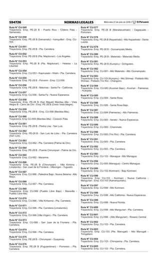 Miércoles 27 de julio de 2016 / El Peruano
594726 NORMAS LEGALES
Ruta N° CU-549
Trayectoria: Emp. PE-28 B - Puerto Rico - Chileno Pata -
Samaniato.
Ruta N° CU-550
Trayectoria: Emp. PE-28 B (Samaniato) - Ivanquillari - Emp. CU-
554.
Ruta N° CU-551
Trayectoria: Emp. PE-28 B - Pta. Carretera.
Ruta N° CU-552
Trayectoria: Emp. PE-28 B (Pte. Mapitunari) - Los Angeles.
Ruta N° CU-553
Trayectoria: Emp. PE-28 B (Pte. Mapitunari) - Helares - La
Libertad.
Ruta N° CU-554
Trayectoria: Emp. CU-553 - Kapirusiato - Kitahi - Pta. Carretera.
Ruta N° CU-555
Trayectoria: Emp. PE-28 B - Porvenir - Emp. CU-556.
Ruta N° CU-556
Trayectoria: Emp. PE-28 B - Malvinas - Santa Fe - California.
Ruta N° CU-557
Trayectoria: Emp. CU-556 - Santa Fe - Nueva Esperanza.
Ruta N° CU-558
Trayectoria: Emp. PE-28 B (San Miguel) Manitea Alta - Vista
Alegre B - Cerro de Oro - Emp. PE-28 B (Unión Vista Alegre).
Ruta N° CU-559
Trayectoria: Emp. PE-28 B - Emp. CU-558 (Manitea Alta).
Ruta N° CU-560
Trayectoria: Emp CU-559 (Manitea Alta) - Corazón Pata.
Ruta N° CU-561
Trayectoria: Emp. PE-28 B - Piedra Lisa - San Luis.
Ruta N° CU-562
Trayectoria: Emp. PE-28 B - San Luis de Lobo - Pta. Carretera
(San Luis).
Ruta N° CU-563
Trayectoria: Emp. CU-562 - Pta. Carretera (Palma de Oro).
Ruta N° CU-564
Trayectoria: Emp. PE-28 B - Puente Chirumpiari - Palma de Oro.
Ruta N° CU-565
Trayectoria: Emp. CU-562 - Macerine.
Ruta N° CU-566
Trayectoria: Emp. PE-28 B (Chirumpiari) - Villa Kintrina -
Limatambo - San Juan de la Frontera - Villavirgen - Yuguiato.
Ruta N° CU-567
Trayectoria: Emp. CU-566 - Palestina Baja - Nueva Betania - Alto
Mayo.
Ruta N° CU-568
Trayectoria: Emp. CU-567 - Pta. Carretera.
Ruta N° CU-569
Trayectoria: Emp. CU-566 (Pueblo Libre Bajo) - Maravilla -
Pueblo Libre Alto.
Ruta N° CU-570
Trayectoria: Emp. CU-566 - Villa Kintiarina - Pta. Carretera.
Ruta N° CU-571
Trayectoria: Emp. CU-566 - Pta. Carretera (Limatambo).
Ruta N° CU-572
Trayectoria: Emp. CU-566 (Villa Virgen) - Pta. Carretera.
Ruta N° CU-573
Trayectoria: Emp. CU-566 - San Juan de la Frontera - Pta.
Carretera.
Ruta N° CU-574
Trayectoria: Emp. CU-566 - Pta. Carretera.
Ruta N° CU-575
Trayectoria: Emp. PE-28 B - Chirumpiari - Guayanay.
Ruta N° CU-576
Trayectoria: Emp. PE-28 B (Puguientimari) - Pomoreni - Pta.
Carretera.
Ruta N° CU-577
Trayectoria: Emp. PE-28 B (Manatarushiato) - Cegaquiato -
Pomoreni.
Ruta N° CU-578
Trayectoria: Emp. PE-28 B (Kepashiato) - Alto Kepashiato - Santa
Luisita.
Ruta N° CU-579
Trayectoria: Emp. PE-28 B - Ozonampiato Medio.
Ruta N° CU-580
Trayectoria: Emp. PE-28 B - Materiato - Materiato Medio.
Ruta N° CU-581
Trayectoria: Emp. PE-28 B (Kumpiru) - Ochigoteni.
Ruta N° CU-582
Trayectoria: Emp. CU-581 - Alto Materiato - Alto Ozonampiato.
Ruta N° CU-583
Trayectoria: Emp. CU-103 (Kumpiru) - Alto Shimaa - Poblado Alto
Shimaa - Poblado Trio Río - Changuiro.
Ruta N° CU-584
Trayectoria: Emp. CU-583 (Kuviriari Bajo) - Kuviriari - Palmeiras
- Kukipata.
Ruta N° CU-585
Trayectoria: Emp. CU-584 - Santa Rosa.
Ruta N° CU-586
Trayectoria: Emp. CU-585 - Santa Rosa Bajo.
Ruta N° CU-587
Trayectoria: Emp. CU-584 (Palmeiras) - Alto Palmeiras.
Ruta N° CU-588
Trayectoria: Emp. CU-583 - Itariato - Nueva Esperanza.
Ruta N° CU-589
Trayectoria: Emp. CU-583 - Chamiriato.
Ruta N° CU-590
Trayectoria: Emp. CU-583 (Trio Río) - Pta. Carretera.
Ruta N° CU-591
Trayectoria: Emp. CU-583 - Pta. Carretera.
Ruta N° CU-592
Trayectoria: Emp. CU-583 - Pta. Carretera.
Ruta N° CU-593
Trayectoria: Emp. CU-103 - Managua - Alto Managua.
Ruta N° CU-594
Trayectoria: Emp. CU-593 (Managua) - Centro Managua.
Ruta N° CU-595
Trayectoria: Emp. CU-103 (Korimani) - Bajo Korimani.
Ruta N° CU-596
Trayectoria: Emp. CU-103 - Korimani - Nueva California -
Manguriari - Emp. CU-103 (Kamanquiriato).
Ruta N° CU-597
Trayectoria: Emp. CU-596 - Alto Korimani.
Ruta N° CU-598
Trayectoria: Emp. CU-596 - Alto California - Nueva Esperanza.
Ruta N° CU-599
Trayectoria: Emp. CU-596 - Nueva Florida.
Ruta N° CU-600
Trayectoria: Emp. CU-596 - Alto Manguriari - Pta. Carretera.
Ruta N° CU-601
Trayectoria: Emp. CU-596 - (Alto Manguriari) - Rosario Central.
Ruta N° CU-602
Trayectoria: Emp. CU-103 - Pta. Carretera.
Ruta N° CU-603
Trayectoria: Emp. CU-103 (Pte. Manugali) - Alto Manugali -
Tiringabeni.
Ruta N° CU-604
Trayectoria: Emp. CU-103 - Chimparina - Pta. Carretera.
Ruta N° CU-605
Trayectoria: Emp. CU-103 - Pta. Carretera.
 