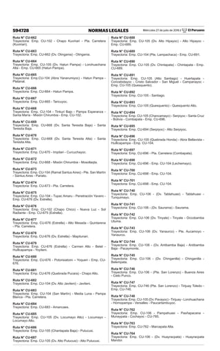 Miércoles 27 de julio de 2016 / El Peruano
594728 NORMAS LEGALES
Ruta N° CU-662
Trayectoria: Emp. CU-102 - Chapo Kuviriari - Pta. Carretera
(Kuviriari).
Ruta N° CU-663
Trayectoria: Emp. CU-662 (Dv. Otingania) - Otingania.
Ruta N° CU-664
Trayectoria: Emp. CU-105 (Dv. Hatun Pampa) - Lorohuachana
Alta - Emp. CU-665 (Hatun Pampa).
Ruta N° CU-665
Trayectoria: Emp.CU-104 (Abra Yanarumiyoc) - Hatun Pampa -
Platanal.
Ruta N° CU-666
Trayectoria: Emp. CU-664 - Hatun Pampa.
Ruta N° CU-667
Trayectoria: Emp. CU-665 - Taricuyoc.
Ruta N° CU-668
Trayectoria: Emp. CU-104 - Tinkuri Bajo - Pampa Esperanza -
Santa María - Misión Chirumbia - Emp. CU-102.
Ruta N° CU-669
Trayectoria: Emp. CU-668 (Dv. Santa Teresita Baja) - Santa
Teresita Baja.
Ruta N° CU-670
Trayectoria: Emp. CU-668 (Dv. Santa Teresita Alta) - Santa
Teresita Alta.
Ruta N° CU-671
Trayectoria: Emp. CU-670 - Impitari - Curcuchayoc.
Ruta N° CU-672
Trayectoria: Emp. CU-668 - Misión Chirumbia - Mosollaqta.
Ruta N° CU-673
Trayectoria: Emp. CU-104 (Ramal Santus Aires) - Pte. San Martín
- Santus Aires - Pariato.
Ruta N° CU-674
Trayectoria: Emp. CU-673 - Pta. Carretera.
Ruta N° CU-675
Trayectoria: Emp. CU-104 - Tupac Amaru - Penetración Yavero -
Emp. CU-676 (Dv. Estrella).
Ruta N° CU-676
Trayectoria: Emp. CU-102 (Chapo Chico) - Nueva Luz - Sol
Radiante - Emp. CU-675 (Estrella).
Ruta N° CU-677
Trayectoria: Emp. CU-676 (Estrella) - Alto Mesada - Quintarena
- Pta. Carretera.
Ruta N° CU-678
Trayectoria: Emp. CU-676 (Dv. Estrella) - Mapitunari.
Ruta N° CU-679
Trayectoria: Emp. CU-676 (Estrella) - Carmen Alto - Betel -
Huillcapampa - Yoyiteni.
Ruta N° CU-680
Trayectoria: Emp. CU-676 - Potorisiatoini – Yoqueri - Emp. CU-
676.
Ruta N° CU-681
Trayectoria: Emp. CU-676 (Quebrada Pucara) - Chapo Alto.
Ruta N° CU-682
Trayectoria: Emp. CU-104 (Dv. Alto Javiteni) - Javiteni.
Ruta N° CU-683
Trayectoria: Emp. CU-104 (San Martín) - Media Luna - Pampa
Blanca - Pta. Carretera.
Ruta N° CU-684
Trayectoria: Emp. CU-683 - Amancaes.
Ruta N° CU-685
Trayectoria: Emp. CU-105 (Dv. Locumayo Alto) - Locumayo -
Locumayo Alto.
Ruta N° CU-686
Trayectoria: Emp. CU-105 (Chantapata Baja) - Putucusi.
Ruta N° CU-687
Trayectoria: Emp. CU-105 (Dv. Alto Putucusi) - Alto Putucusi.
Ruta N° CU-688
Trayectoria: Emp. CU-105 (Dv. Alto Hipayoc) - Alto Hipayoc -
Emp. CU-689.
Ruta N° CU-689
Trayectoria: Emp. CU-104 (Pte. Lampachaca) - Emp. CU-691.
Ruta N° CU-690
Trayectoria: Emp. CU-105 (Dv. Chintapata) - Chintapata - Emp.
CU-689.
Ruta N° CU-691
Trayectoria: Emp. CU-105 (Alto Santiago) - Huertapata -
Concebidayoc - Cristo Salvador - San Miguel - Campanayoc -
Emp. CU-105 (Quesquento).
Ruta N° CU-692
Trayectoria: Emp. CU-105 - Santiago.
Ruta N° CU-693
Trayectoria: Emp. CU-105 (Quesquento) - Quesquento Alto.
Ruta N° CU-694
Trayectoria: Emp. CU-105 (Chancamayo) - Serpiyoc - Santa Cruz
- Bolivia - Combapata - Emp. CU-696.
Ruta N° CU-695
Trayectoria: Emp. CU-694 (Serpiyoc) - Alto Serpiyoc.
Ruta N° CU-696
Trayectoria: Emp. CU-105 (Quebrada Honda) - Abra Bellavista -
Huillcapampa - Emp. CU-104.
Ruta N° CU-697
Trayectoria: Emp. CU-696 - Pta. Carretera (Combapata).
Ruta N° CU-698
Trayectoria: Emp. CU-696 - Emp. CU-104 (Lechemayo).
Ruta N° CU-700
Trayectoria: Emp. CU-698 - Emp. CU-104.
Ruta N° CU-701
Trayectoria: Emp. CU-698 - Emp. CU-104.
Ruta N° CU-740
Trayectoria: Emp. CU-106 - (Dv. Tablahuasi) - Tablahuasi -
Tunquimayo.
Ruta N° CU-741
Trayectoria: Emp. CU-106 - (Dv. Saurama) - Saurama.
Ruta N° CU-742
Trayectoria: Emp. CU-106 (Dv. Tinyate) - Tinyate - Occobamba
Utuma.
Ruta N° CU-743
Trayectoria: Emp. CU-106 (Dv. Yanaurco) - Pte. Aucamoyo -
Yanaurco.
Ruta N° CU-744
Trayectoria: Emp. CU-106 - (Dv. Antibamba Baja) - Antibamba
Baja - Pacaymonte.
Ruta N° CU-745
Trayectoria: Emp. CU-106 - (Dv. Chinganilla) - Chinganilla -
Belempata.
Ruta N° CU-746
Trayectoria: Emp. CU-106 - (Pte. San Lorenzo) - Buenos Aires
- Cielo Punco.
Ruta N° CU-747
Trayectoria: Emp. CU-746 (Pte. San Lorenzo) - Tirijuay Toledo -
Emp. CU-748.
Ruta N° CU-748
Trayectoria: Emp. CU-105 (Dv. Pavayoc) - Tirijuay - Lorohuachana
- Hornopampa - Versalles - Paucartambuyoc.
Ruta N° CU-762
Trayectoria: Emp. CU-106 - Pampahuasi - Pasñapacana -
Munaypata - Cochayoc - CU-785.
Ruta N° CU-763
Trayectoria: Emp. CU-762 - Marcapata Alta.
Ruta N° CU-764
Trayectoria: Emp. CU-106 - (Dv. Huayracpata) - Huayracpata
Mandor.
 
